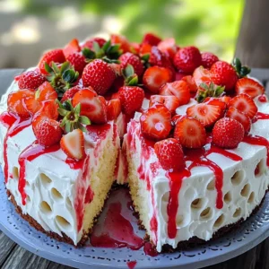 To make a tasty Strawberry Cheesecake Poke Cake, you need these key ingredients: - 1 box vanilla cake mix - 3 large eggs - 1/2 cup vegetable oil - 1 cup water - 1 (8 oz) package cream cheese, softened - 1 cup powdered sugar - 1 teaspoon vanilla extract - 1 1/2 cups whipped topping - 1 cup fresh strawberries, diced - 1 cup strawberry sauce (store-bought or homemade) - Extra strawberries for garnish These ingredients work together to create a soft cake with a creamy topping. The vanilla cake mix gives a nice base, while the cream cheese adds richness. If you don’t have some ingredients, don’t worry! Here are some easy swaps: - Cake Mix: You can use lemon or strawberry cake mix for a twist. - Cream Cheese: Neufchâtel cheese is a lighter option. - Whipped Topping: You can use homemade whipped cream or even Greek yogurt for a healthier choice. - Strawberry Sauce: If you lack strawberry sauce, use raspberry or blueberry sauce instead. These swaps keep the cake delicious while allowing for flexibility. Garnishes can add flair to your cake. Here are some fun ideas: - Sprinkle crushed graham crackers on top for a cheesecake vibe. - Add a drizzle of chocolate sauce for extra sweetness. - Use mint leaves for a fresh touch. - Serve each slice with a dollop of whipped topping. These ideas help personalize the cake and make it even more appealing. Enjoy creating your own version! Start by gathering your ingredients. You will need a box of vanilla cake mix, eggs, vegetable oil, and water. Also, have cream cheese, powdered sugar, vanilla extract, and whipped topping ready. Don’t forget fresh strawberries and strawberry sauce. Preheat your oven to 350°F (175°C). Grease and flour a 9x13 inch baking pan to prevent sticking. In a large mixing bowl, combine the cake mix, eggs, vegetable oil, and water. Mix until smooth. Pour the batter into the prepared pan. Bake for 25-30 minutes. Check with a toothpick. If it comes out clean, the cake is done. Let the cake cool in the pan for about 15 minutes. Once the cake is cool, use a wooden spoon handle or a fork to poke holes all over the top. Make sure the holes go deep but not all the way through. In another bowl, mix the softened cream cheese, powdered sugar, and vanilla extract. Blend until creamy. Gently fold in the whipped topping until combined. Spread this mixture over the cake, filling the holes. Drizzle strawberry sauce on top and add diced strawberries. Cover the cake and refrigerate for at least 3 hours, or overnight for the best flavor. To keep your cake moist, use the right amount of water. The recipe calls for 1 cup. This amount helps the cake stay soft. Make sure you don’t overbake it. Bake just until a toothpick comes out clean. This usually takes 25 to 30 minutes. Let the cake cool in the pan for a bit. This helps it stay moist before you poke holes. Poking holes is key to a great poke cake. Use the handle of a wooden spoon or a fork. Press down firmly but don’t reach the bottom. Space the holes about one inch apart. This helps the strawberry sauce soak in well. The cream cheese layer will fill the holes later. This way, every bite is packed with flavor. When it’s time to serve, make it special! Top each slice with a whole strawberry. Add a dollop of whipped topping for a creamy touch. You can also drizzle more strawberry sauce on top. Serve it nice and cold after refrigerating. This makes the cake refreshing and delicious. Enjoy sharing it with friends and family! {{image_2}} You can switch up the strawberries for other fruits. Try blueberries, raspberries, or peaches. Each fruit gives a new taste and look. Blueberries add a burst of flavor. Raspberries bring a nice tartness. Peaches add a sweet and juicy touch. Mix fruits for a colorful topping. Your cake will look vibrant and inviting. Love chocolate? You can make a chocolate version. Use a chocolate cake mix instead of vanilla. The cream cheese layer stays the same. You can add chocolate sauce on top. Drizzle it over the cream cheese layer. Then, top with chocolate shavings or mini chocolate chips. This twist will please any chocolate lover. Want a gluten-free poke cake? Use a gluten-free cake mix. Follow the same steps as before. Make sure your cream cheese and toppings are gluten-free too. Fresh fruits and whipped topping are usually safe. This allows everyone to enjoy a slice. You won't lose flavor or texture with this version. To store leftover cake, cover it tightly with plastic wrap. This keeps it fresh and moist. You can also use an airtight container. Place it in the fridge to keep it cool. It should stay good for about 4 to 5 days. If you want to freeze the cake, cut it into slices first. Wrap each slice in plastic wrap, then place it in a freezer bag. Remove as much air as possible. This will help prevent freezer burn. The cake can last up to three months in the freezer. When ready to eat, thaw it in the fridge overnight. To keep your cake fresh, always store it in the fridge. Avoid leaving it out at room temperature for long. If using strawberries as a garnish, add them right before serving. This keeps them looking fresh and tasty. Enjoy your Strawberry Cheesecake Poke Cake at its best! Yes, you can make this cake ahead of time. I often prepare it the day before serving. This lets the flavors mix well. The longer it sits, the tastier it becomes. Just keep it covered in the fridge until you are ready to serve. You can use frozen strawberries if fresh ones are not available. Just thaw and drain them well before using. Canned strawberries work too. Be sure to rinse them and cut them into small pieces. You can also use other fruits like blueberries or raspberries for a twist. The cake stays fresh for about 3 to 5 days in the fridge. Make sure to cover it well. If you see any signs of spoilage, throw it out. I recommend enjoying it within the first few days for the best taste and texture. Absolutely! You can switch out the vanilla cake mix for chocolate or lemon. Each flavor gives a unique twist to the cake. Chocolate pairs well with the cream cheese and strawberries. Lemon adds a nice zing that brightens the dessert. Feel free to get creative! This blog post covered all you need to make a delicious Strawberry Cheesecake Poke Cake. We discussed key ingredients, helpful substitutes, and fancy garnishes. I shared step-by-step instructions to ensure your success. Tips for moist cake and perfect holes will enhance your baking skills. You can even try fun variations like different fruits or a gluten-free option. Remember, storage matters too. Following these tips will help your cake stay fresh longer. Enjoy making this sweet treat!