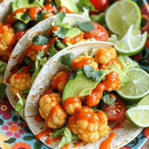 - 1 head of cauliflower, cut into florets - 1 cup all-purpose flour - 1 cup almond milk (or any non-dairy milk) - 1 cup breadcrumbs (preferably panko) - 1 cup buffalo sauce - 1 teaspoon garlic powder - 1 teaspoon smoked paprika - Salt and pepper to taste - 8 small corn or flour tortillas - 1 avocado, sliced - 1 cup shredded lettuce - ½ cup diced tomatoes - ¼ cup chopped cilantro - Lime wedges for serving The star of this dish is the cauliflower. It is hearty and absorbs flavors well. The flour gives the batter a nice crunch, while the almond milk helps it stick. Using panko breadcrumbs makes everything crispier. The buffalo sauce adds that spicy kick that everyone loves. Don’t forget the toppings! Sliced avocado adds creaminess. Shredded lettuce gives a nice crunch. Diced tomatoes brighten the dish, and cilantro adds freshness. Lime wedges bring a zesty touch. Each ingredient plays a key role in making these tacos tasty and fun. First, set your oven to 425°F (220°C). This step ensures even cooking. While the oven warms up, grab a baking sheet and line it with parchment paper. This helps the cauliflower not stick. Next, cut the head of cauliflower into florets. Aim for pieces that are about the same size. This ensures they cook evenly. In a mixing bowl, combine one cup of all-purpose flour, one teaspoon of garlic powder, one teaspoon of smoked paprika, salt, and pepper. Mix these dry ingredients well. Then, slowly add one cup of almond milk to the bowl. Whisk until you get a smooth batter. Now it's time to coat the cauliflower. Toss the florets into the batter. Make sure each piece is covered well. Remove the cauliflower from the batter. Roll each floret in one cup of breadcrumbs. I recommend using panko for extra crunch. Place the coated florets on your lined baking sheet. Space them out to allow air to circulate. Bake the cauliflower for 25-30 minutes. Flip them halfway through to ensure golden brown color. In the last five minutes, take the cauliflower out and drizzle one cup of buffalo sauce over the florets. Toss them gently to coat. Return them to the oven for five more minutes. While the cauliflower bakes, warm eight small corn or flour tortillas in a skillet or microwave. Now, for assembly! Place a generous amount of buffalo cauliflower on each tortilla. Top them with sliced avocado, shredded lettuce, diced tomatoes, and chopped cilantro. Serve with lime wedges on the side for a zesty kick. Enjoy your tasty tacos! To get your buffalo cauliflower nice and crispy, follow these tips: - Baking Technique Preheat your oven to 425°F (220°C). Line your baking sheet with parchment paper. This helps the cauliflower crisp up while baking. Spread the coated cauliflower florets in a single layer. Make sure they don’t touch each other. Flip them halfway for even cooking. - Using Panko Breadcrumbs Panko breadcrumbs are key for great texture. They are lighter and crispier than regular breadcrumbs. Use them to coat the cauliflower. This will give you a crunchy bite that pairs well with the spicy buffalo sauce. You can make your tacos even tastier with these ideas: - Customizing Buffalo Sauce Levels Adjust the buffalo sauce to fit your taste. If you like it hot, use more sauce. If you prefer mild, add less. You can also mix in honey or maple syrup for a sweet touch. This balances the heat and makes it more complex. - Suggested Additional Toppings Top your tacos with fresh ingredients. Sliced radishes add crunch. Pickled onions give a tangy flavor. You can also add crumbled feta cheese for a creamy finish. These extras make your tacos colorful and packed with flavor. {{image_2}} - Gluten-Free Options You can easily make this recipe gluten-free. Use gluten-free flour instead of regular flour. For breadcrumbs, opt for gluten-free panko. This will keep the texture and flavor intact. Your tacos will still be crispy and delicious. - Dairy-Free Alternatives If you want a dairy-free version, almond milk is a great choice. You can also use oat milk or soy milk. These options work well in the batter. Avoid regular milk and cheese to maintain a dairy-free dish. - Pairing with Sides These tacos pair well with a simple salad or some fresh corn on the side. You could also serve them with sweet potato fries. The sweetness balances the spicy buffalo flavor perfectly. - Taco Bar Ideas Set up a taco bar for fun! Offer toppings like diced red onions, jalapeños, and different sauces. This way, everyone can customize their tacos. Add bowls of salsa, guacamole, or even pineapple chunks for a sweet twist. After enjoying your Buffalo Cauliflower Tacos, store any leftovers right away. Put them in an airtight container. Keep them in the fridge for up to three days. This helps keep the tacos fresh and tasty. For reheating, I suggest using an oven or air fryer. This method keeps the cauliflower crispy. Preheat your oven to 350°F (175°C). Place the tacos on a baking sheet and heat for about 10 minutes. If using an air fryer, heat at 350°F (175°C) for about 5-7 minutes. If you want to save the tacos for later, freezing is a great option. Start by letting the tacos cool completely. Wrap each taco in foil or plastic wrap. Then, place them in a freezer-safe bag. This way, they can stay fresh for up to three months. When you’re ready to eat, remove the tacos from the freezer. Thaw them in the fridge overnight. For reheating, use the same method as before: oven or air fryer. This keeps your Buffalo Cauliflower Tacos delicious and crispy even after freezing. How many calories are in Buffalo Cauliflower Tacos? Buffalo Cauliflower Tacos have about 200 to 300 calories each. The exact number can change based on how you prepare them. If you use more toppings or sauces, the calories will rise. I recommend checking your specific ingredients for the most accurate count. Can I make Buffalo Cauliflower Tacos ahead of time? Yes, you can make these tacos ahead of time. You can prepare the cauliflower and store it in the fridge. Just bake it the next day for a fresh and crispy taste. You can also warm the tortillas in advance. Just keep them covered to avoid drying out. What drinks pair well with this dish? Buffalo Cauliflower Tacos go well with many drinks. Try a light beer or a zesty margarita. A refreshing lemonade also works great. If you prefer non-alcoholic options, iced tea or sparkling water with lime adds a nice touch. Enjoying these drinks makes the meal even better! This blog post covered how to make Buffalo Cauliflower Tacos. We explored main ingredients, including cauliflower and batter components. You learned step-by-step instructions for prepping, battering, and baking. Tips focused on crispiness and flavor enhancements. We also shared variations for different diets and storage tips for leftovers. These tacos are fun, tasty, and easy to make. They offer a delicious twist on a classic favorite. You can impress friends and family with this dish while enjoying a great meal.