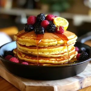 - 1 cup ricotta cheese - 1 cup all-purpose flour - 2 large eggs - 1/2 cup milk - 1/4 cup granulated sugar - Zest of 1 lemon - 2 tablespoons fresh lemon juice - 1/2 teaspoon vanilla extract - Pinch of salt - 2 teaspoons baking powder - Unsalted butter (for greasing the skillet) - Maple syrup and fresh berries (for serving) These ingredients come together to create a delightful pancake. Ricotta cheese adds creaminess and richness to the batter. The lemon zest and juice bring a bright, fresh flavor that complements the sweetness of the sugar. Baking powder is key for fluffiness. It helps the pancakes rise and become light. Using unsalted butter ensures you can control the salt in the dish. Maple syrup and fresh berries make a perfect topping. They add sweetness and a pop of color. The berries also give a nice texture and flavor contrast. - First, whisk together 1 cup of ricotta cheese, 2 large eggs, 1/2 cup of milk, and 1/4 cup of sugar in a big bowl. - Next, add the zest of 1 lemon, 2 tablespoons of fresh lemon juice, and 1/2 teaspoon of vanilla extract. Mix until everything is smooth and well combined. - In another bowl, combine 1 cup of flour, 2 teaspoons of baking powder, and a pinch of salt. - Slowly mix the dry ingredients into the wet mixture. Stir gently until just combined. Be careful not to over-mix. This keeps the pancakes fluffy. - Preheat your skillet over medium heat. Add a tablespoon of unsalted butter to coat the bottom. - Pour about 1/4 cup of batter into the skillet for each pancake. Cook for about 3-4 minutes until bubbles form on the surface. - Carefully flip the pancakes and cook for another 2-3 minutes until they are golden brown. - Keep repeating until all the batter is used up. Add more butter to the skillet as needed to prevent sticking. To make sure your pancakes are fluffy, avoid over-mixing the batter. When you mix the wet and dry ingredients, stir just until combined. Lumps are okay! This helps keep the pancakes light. Also, cook at the right temperature. Medium heat works well. If it's too hot, the outside burns before the inside cooks. If it's too low, the pancakes can turn out flat and sad. To keep your pancakes warm while you finish cooking, use the oven. Preheat it to 200°F. Place the cooked pancakes on a baking sheet. This way, they stay warm and ready to serve. Garnish your pancakes with maple syrup and fresh berries. They add flavor and make your dish look great. A drizzle of syrup adds sweetness, while berries bring a fresh touch. Choosing the right skillet is key for even cooking. A heavy-bottomed, oven-safe skillet is best. It helps distribute heat evenly, so no burnt spots appear. For greasing, use unsalted butter. It adds flavor and keeps pancakes from sticking. Make sure to coat the skillet well before pouring in the batter. This will help the pancakes cook perfectly every time. {{image_2}} You can switch up the flavor of your Lemon Ricotta Pancake Skillet in fun ways. Adding chocolate chips or blueberries can make the dish sweeter. These tasty treats blend well with the creamy ricotta and fresh lemon. If you want a twist, try using other citrus fruits. Oranges, limes, or grapefruits can give a unique spin. Just remember to adjust the zest and juice amounts according to the fruit you choose. If you need gluten-free options, use almond flour or coconut flour instead of all-purpose flour. These substitutes work well and still taste great. For those who are dairy-free, you can try nut-based ricotta or tofu. These alternatives keep the dish creamy and delicious without dairy. How you serve your pancakes can make a big difference! Try using mini skillets for each person. It adds a fun touch and makes it easy to serve. You can also layer your pancakes with whipped cream or yogurt. This adds a light, fluffy texture and makes your dish look even more inviting. Don’t shy away from garnishing with fresh berries or a drizzle of maple syrup for extra flair. To store leftovers in the fridge, place pancakes in a single layer. Use parchment paper between layers to keep them from sticking. Put them in an airtight container. This method helps keep them fresh. I recommend using glass or BPA-free plastic containers. They seal well and are easy to clean. For freezing pancakes, let them cool completely first. Stack them with parchment paper in between. Then place them in a freezer-safe bag. Remove as much air as possible to prevent freezer burn. To defrost, take out the pancakes and leave them in the fridge overnight. Reheat them on a skillet over low heat or in the microwave for a quick warm-up. In the refrigerator, pancakes last about 3 to 4 days. Always check for any off smell or mold before eating. If they feel dry or hard, they might have gone bad. Trust your senses. If something seems off, it’s best to toss them out. Enjoy your lemon ricotta pancakes while they are fresh! To make lemon ricotta pancakes fluffier, start by whisking your wet ingredients well. Incorporate air into the batter by using a hand mixer or whisk vigorously. Fold in the flour gently. Over-mixing can deflate the batter. Letting the batter rest for a few minutes also helps. This allows the baking powder to activate and creates a lighter texture. Yes, you can make the batter ahead of time. Prepare the batter and store it in the fridge for up to 24 hours. Cover it tightly with plastic wrap or in an airtight container. When you're ready to cook, give it a quick stir. If it thickens too much, add a splash of milk to loosen it up. Lemon ricotta pancakes pair well with a variety of sides. Here are some ideas: - Fresh berries like strawberries, blueberries, or raspberries - Maple syrup or honey for drizzling - A dollop of whipped cream for creaminess - A sprinkle of powdered sugar for a touch of sweetness - Greek yogurt for added protein - A side of bacon or sausage for a savory contrast Lemon ricotta pancakes are a delightful treat. You need simple ingredients like ricotta, lemon, and sugar. Mixing wet and dry elements creates a fluffy batter. Remember, don’t over-mix! Serve with maple syrup and berries for the best taste. Storing leftovers properly keeps them fresh for later. Transitioning to variations lets you explore flavors that excite your palate. Try these tips and make delicious pancakes every time. Enjoy the process and savor each bite of your creation!