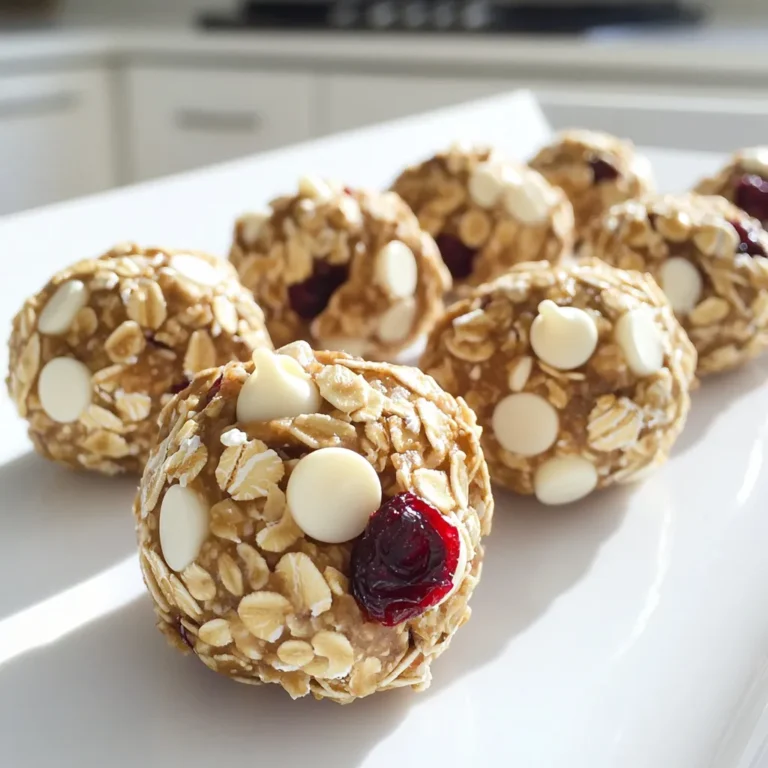 To make No-Bake White Chocolate Cranberry Energy Bites, gather these simple items: - 1 cup rolled oats - 1/2 cup almond butter (or peanut butter) - 1/2 cup honey (or maple syrup) - 1/2 cup white chocolate chips - 1/3 cup dried cranberries, chopped - 1/4 cup flaxseeds - 1 teaspoon vanilla extract - 1/4 teaspoon sea salt If you don't have something on hand, here are some easy swaps: - Use peanut butter instead of almond butter. - Maple syrup can replace honey for a vegan option. - Dark chocolate chips work well if you want a richer flavor. - Chopped nuts can replace flaxseeds for added crunch. - Use any dried fruit you like instead of cranberries. These energy bites are not only tasty but also healthy. Here’s what you get per bite: - Calories: About 100 - Protein: 3 grams - Fat: 4 grams - Carbohydrates: 14 grams - Fiber: 2 grams - Sugar: 5 grams These bites are great for a quick snack or a post-workout boost. Enjoy the blend of flavors while knowing you’re fueling your body right! To make these no-bake white chocolate cranberry energy bites, start by gathering your ingredients. You will need rolled oats, almond butter, honey, white chocolate chips, dried cranberries, flaxseeds, vanilla extract, and sea salt. In a large mixing bowl, combine the rolled oats, almond butter, and honey. Mix until everything is smooth and well-blended. Next, add the white chocolate chips, chopped dried cranberries, flaxseeds, vanilla extract, and sea salt to the bowl. Stir everything together until the mixture is evenly combined. When mixing, make sure to break apart any clumps of almond butter. This helps create a smooth texture. Use a sturdy spoon or spatula to mix. If you find it hard to combine, dampen your hands and mix by hand. This can help you ensure all ingredients blend well. Keep in mind that the mixture should feel sticky but not too wet. If it feels dry, add a little more honey or almond butter. This will help the bites hold together better. Now it’s time to shape your energy bites. Use your hands to roll the mixture into small balls, about 1 inch in size. Place each ball on a baking sheet lined with parchment paper. This keeps them from sticking. Once you shape all the bites, place the baking sheet in the refrigerator. Chill the energy bites for at least 30 minutes. This helps them firm up nicely. After they are set, transfer the bites to an airtight container. Store them in the fridge for a quick snack anytime! To make the best energy bites, start with fresh ingredients. Use creamy almond or peanut butter for a smooth texture. Honey adds sweetness and helps bind the mix. Mix the oats, nut butter, and honey first. This ensures a good base. Then, fold in the white chocolate chips and dried cranberries gently. This keeps the chips from breaking. Roll the mix into 1-inch balls. If the mix is too sticky, wet your hands slightly. Chill the bites for at least 30 minutes to firm them up. One common mistake is not measuring ingredients correctly. This can lead to a dry or too gooey mixture. If you skip the flaxseeds, your bites may lack the right crunch. Another mistake is not chilling the bites long enough. They need time to set in the fridge. Avoid using too many add-ins. This can make the mixture hard to shape. Lastly, don’t forget the sea salt. It enhances the flavors and balances the sweetness. These energy bites are great for quick snacks or breakfast. Serve them alongside yogurt or fresh fruit for a balanced meal. You can pack them for school lunches or hikes. They also make a perfect post-workout snack. For a fun twist, try drizzling melted white chocolate on top before serving. This adds extra sweetness and a nice presentation. Enjoy these bites any time you need a quick energy boost! {{image_2}} You can play with flavors to make these bites your own. Try adding a pinch of cinnamon for warmth. You can also use dark chocolate chips instead of white. This gives a richer taste. Want a tropical twist? Add dried pineapple or shredded coconut. For a nutty flavor, mix in some chopped walnuts or pecans. Each option changes the taste and keeps it exciting. Need to adjust for allergies or diets? You can swap almond butter for sunbutter if you're nut-free. Maple syrup works great if you want a vegan option instead of honey. Use gluten-free oats to make these bites gluten-free. It’s easy to make these energy bites fit your needs. Just keep the main texture and taste in mind. Boost the nutrition by adding ingredients. Chia seeds are a great choice for fiber. You can also mix in protein powder for an extra kick. If you want more vitamins, add in some dried fruit like apricots or raisins. These additions make your bites even healthier and keep you full longer. To keep your no-bake white chocolate cranberry energy bites fresh, use an airtight container. Place the bites in the container and store them in the fridge. This method keeps them tasty and firm. I recommend layering parchment paper between layers if you stack them. This helps prevent sticking. If you want to keep your energy bites longer, freezing is a great option. First, place the bites in a single layer on a baking sheet. Freeze them for about an hour until they are hard. Then, transfer them to a freezer bag or container. Make sure to remove as much air as possible. When you're ready to enjoy them, simply thaw the bites in the fridge for a few hours. They taste just as good! These energy bites can last up to a week in the fridge. If frozen, they can stay fresh for about three months. Check for any changes in smell or texture before eating. To keep them at their best, store them in a cool place. Always keep them sealed tight to lock in their flavor. No-bake energy bites last about one week in the fridge. They stay fresh if you store them in an airtight container. If you want them to last longer, you can freeze them. In the freezer, they can last up to three months. Just let them thaw before eating. Yes, you can use different nut butters! Almond butter, peanut butter, or even sunflower seed butter all work well. Each nut butter adds its own flavor. Just make sure the nut butter is smooth for the best texture. These energy bites are gluten-free if you use certified gluten-free oats. Most rolled oats contain gluten, so check the label. The other ingredients are naturally gluten-free, so you can enjoy them worry-free. Absolutely! You can skip the white chocolate or replace it with dark chocolate chips. You can even add extra dried fruits or nuts for a different taste. Just remember that this will change the flavor, but they will still be delicious! In this article, we explored how to make tasty energy bites. We looked at key ingredients, useful substitutions, and what makes them nutritious. I shared step-by-step instructions, tips for mixing, and how to shape and chill the bites. You learned ways to avoid common mistakes and how to serve them well. We also discussed fun flavor variations and storage tips to keep them fresh. Now, you have all you need to create your own healthy snacks. Enjoy making energy bites that fit your taste and dietary needs!