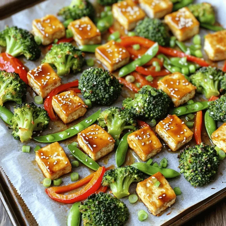 For this tasty Sheet Pan Sesame Ginger Tofu & Broccoli, you need fresh ingredients. Let's break it down. - 1 block (14 oz) firm tofu, pressed and cubed - 2 cups broccoli florets - 1 red bell pepper, sliced - 1 cup snap peas - 3 tablespoons sesame oil - 4 tablespoons soy sauce - 2 tablespoons fresh ginger, grated - 2 cloves garlic, minced - 2 tablespoons honey or maple syrup - 1 teaspoon sesame seeds - Salt and pepper to taste - 1 tablespoon green onions, sliced (for garnish) Now, let's talk about measurements. The tofu should be firm. It holds its shape well when cooking. I use two cups of broccoli. This adds great color and crunch. The red bell pepper gives a sweet taste. The snap peas add a nice crunch too. For the cooking oil, sesame oil shines in this recipe. It has a rich flavor. You can also use other oils. Olive oil or avocado oil work, but they change the taste a bit. Gather all these ingredients before you start. It makes cooking easier. Enjoy the process and get ready for a delightful meal! Pressing and cubing tofu Start by pressing the tofu. Wrap it in a clean towel and place something heavy on top. Let it sit for about 15 minutes. This step helps remove excess water. Once pressed, cut the tofu into bite-sized cubes. Prepping the vegetables Next, wash the broccoli and cut it into florets. Slice the red bell pepper into thin strips. Rinse the snap peas and set everything aside. This makes it easy to mix later. Mixing the glaze ingredients In a bowl, combine 3 tablespoons of sesame oil and 4 tablespoons of soy sauce. Add 2 tablespoons of freshly grated ginger and 2 minced garlic cloves. For sweetness, mix in 2 tablespoons of honey or maple syrup. Stir until all ingredients blend well. Flavor tips for the glaze To boost the flavor, taste the glaze and adjust as needed. A pinch of salt and pepper adds depth. You might try adding a splash of lime juice for brightness. This glaze is key for a tasty dish. Preheating the oven Before you bake, preheat your oven to 400°F (200°C). This step ensures even cooking. It’s important to get the oven hot so everything roasts nicely. Arranging on the baking sheet Line a large baking sheet with parchment paper. Spread the cubed tofu and prepared vegetables in a single layer. Drizzle the sesame ginger glaze over everything. Toss to coat, then arrange again. This helps them cook evenly. Tofu can be tricky, but it's important to get it right. Start with firm tofu for the best texture. Press it to remove excess water. This helps it absorb the flavor better. Aim for at least 30 minutes of pressing. Cube it into bite-sized pieces. This makes it easy to eat and helps it cook evenly. When seasoning tofu, use the sesame ginger glaze. Mix sesame oil, soy sauce, and grated ginger. This mix gives the tofu a rich flavor. Coat the tofu well by tossing it in the glaze. Let it soak for a few minutes. This enhances the taste and makes every bite delicious. Baking tofu and veggies on a sheet pan is easy. To get the best results, stir and flip the mixture halfway through cooking. This helps everything cook evenly. You want the tofu and vegetables to brown nicely. For perfect vegetable tenderness, choose fresh veggies. Broccoli and snap peas work great. Cut them into similar sizes so they cook at the same rate. The bell pepper adds a nice crunch. This mix of textures keeps every bite interesting. Serving your dish well makes it more enjoyable. After baking, arrange the tofu and veggies on a platter. This allows everyone to see the colors and textures. For garnishing, sprinkle sesame seeds on top. This adds a nice touch and some crunch. You can also add sliced green onions for color and flavor. Serve this dish warm for the best taste experience. Enjoy the vibrant look and taste of your sheet pan sesame ginger tofu and broccoli! {{image_2}} You can swap out the broccoli and snap peas for other veggies. Think about using: - Cauliflower florets - Carrots, sliced thin - Zucchini, cut into half-moons - Bell peppers, any color you like Seasonal vegetables work great too. In the fall, use Brussels sprouts or butternut squash. In spring, consider asparagus or green beans. These swaps keep the dish fresh and fun! Tofu is a star, but you have choices. Here are different types of tofu to try: - Silken tofu for a softer texture - Extra-firm tofu for a meatier bite You can also explore other plant-based proteins. Chickpeas or tempeh can replace tofu. Both add great flavor and texture. They soak up the sesame ginger glaze nicely! If you need gluten-free options, choose tamari instead of soy sauce. This swap keeps the dish safe for gluten-free diets. For vegan options, stick with maple syrup instead of honey. Both add sweetness without losing flavor. Vegetarians can enjoy this dish too! Just stick with the original recipe, and you’re set for a tasty meal. After you finish your meal, let the leftovers cool. Then, place them in an airtight container. Store the container in the fridge. Your dish will stay fresh for about three to four days. If you want to keep it longer, you can freeze it. For freezing, use a freezer-safe container. It can last up to three months in the freezer. Just make sure to label the container with the date. When you are ready to eat your leftovers, you have some good options. The best method is to reheat in the oven. Preheat your oven to 350°F (175°C). Spread the tofu and broccoli on a baking sheet. Heat for about 15 to 20 minutes. This method keeps the texture nice. You can also use a microwave, but it may make the tofu soft. If using the microwave, heat for 1-2 minutes. Check to see if it’s warm enough. Enjoy your tasty meal again! What is the best way to press tofu? To press tofu, wrap it in a clean kitchen towel. Place a heavy object on top, like a cast iron pan. Let it sit for at least 15 minutes. This removes excess water. Less water helps the tofu absorb flavors better. Can I use frozen tofu? Yes, you can use frozen tofu. Freezing changes the texture, making it firmer and spongy. Thaw it overnight in the fridge. Press it after thawing to remove extra water. This helps it soak up the sauce well. How long should I bake the tofu and veggies? Bake the tofu and veggies for 25-30 minutes. Flip them halfway through for even cooking. This helps everything become golden and slightly caramelized. What temperature is best for roasting? Set your oven to 400°F (200°C). This high heat helps veggies roast nicely. It also makes the tofu crisp on the outside. What can I use instead of honey? If you want a substitute for honey, use maple syrup. Agave syrup works too. Both add sweetness without changing the dish much. Can I skip the sesame oil? You can skip sesame oil, but it adds a unique flavor. If you want, use olive oil instead. It won’t taste the same, but it works well in this recipe. This blog post covered how to make a tasty baked tofu dish. We discussed the key ingredients, preparation steps, and cooking tips. You learned how to create a rich sesame ginger glaze and achieve perfect texture in your tofu. We also shared variations and storage advice for leftovers. Use this guide to enjoy a delicious meal that’s easy to make and can fit any diet. Cooking should be fun, so get creative and experiment with your favorite flavors!