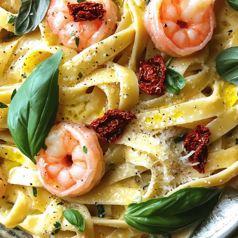 To make Sun-Dried Tomato Shrimp Pasta, you will need these simple ingredients: - 8 oz fettuccine or spaghetti - 1 lb large shrimp, peeled and deveined - 1 cup sun-dried tomatoes, packed in oil, drained and chopped - 3 cloves garlic, minced - 1/2 cup heavy cream - 1/4 cup grated Parmesan cheese - 2 tablespoons olive oil - 1 teaspoon red pepper flakes (optional) - Fresh basil leaves, for garnish - Salt and pepper to taste Each ingredient plays a key role in the dish's flavor. The shrimp gives a juicy and tender bite, while the sun-dried tomatoes add a rich, tangy taste. Garlic brings depth, and heavy cream creates a luscious sauce. Parmesan cheese adds a savory kick, and olive oil enhances the overall richness. The red pepper flakes can spice things up, so add them if you like heat. Finally, fresh basil gives a lovely touch of freshness and color. Make sure to gather all your ingredients before you start cooking. This prep helps your cooking flow smoothly and makes the process more enjoyable. To start, boil a large pot of salted water. Once it’s bubbling, add 8 oz of fettuccine or spaghetti. Cook the pasta until it's al dente, following the package instructions. This usually takes about 8 to 10 minutes. When done, drain the pasta but save about 1/2 cup of the pasta water. This water helps adjust the sauce later. Next, grab a large skillet and heat 2 tablespoons of olive oil over medium heat. Add 3 minced garlic cloves to the oil and sauté for about 30 seconds until it smells good. Now, season 1 lb of large shrimp with salt and pepper. Add the shrimp to the skillet and cook for 2 to 3 minutes on each side. You want them pink and opaque. Once cooked, remove the shrimp and set them aside. In the same skillet, add 1 cup of chopped sun-dried tomatoes and 1/2 cup of heavy cream. Stir them together and let it simmer for 2 to 3 minutes until it thickens a bit. Now, stir in 1/4 cup of grated Parmesan cheese. Keep stirring until the cheese melts and the sauce is smooth. Now, it’s time to combine! Add the cooked pasta and sautéed shrimp back into the skillet. Toss everything so the pasta and shrimp are coated in the sauce. If the sauce seems too thick, add some of the reserved pasta water to reach your desired consistency. Taste and add more salt and pepper if needed. To cook shrimp just right, use medium heat. This keeps them juicy. Cook them for about 2-3 minutes on each side. You want them pink and opaque. Overcooked shrimp are tough and chewy. For seasoning, sprinkle salt and pepper on the shrimp before cooking. This simple step makes a big difference. You can also add red pepper flakes for a little heat. Just a teaspoon can elevate the flavor. To adjust the sauce thickness, use reserved pasta water. Add a little at a time until you reach your desired thickness. If you want a creamier sauce, add more heavy cream. Let the sauce simmer to blend the flavors. Stir in the Parmesan cheese until it melts and becomes smooth. Garnishing your dish makes it look special. Use fresh basil leaves to add color and aroma. Place a few leaves on top right before serving. For an appealing dish, serve the pasta in shallow bowls. This allows the colors to pop and makes it more inviting. {{image_2}} You can easily change this dish to fit your diet. For gluten-free pasta, use brown rice or quinoa pasta. These options taste great and keep the dish light. If you need it dairy-free, try coconut cream or cashew cream. These substitutes add creaminess without dairy. Add more colors and nutrition by using vegetables. Spinach and bell peppers work well in this dish. They add crunch and flavor. You can also swap cheeses for different tastes. Feta or goat cheese can give a tangy kick that pairs nicely with sun-dried tomatoes. If shrimp isn't your favorite, switch to chicken. Cook it the same way until it’s golden brown. For a vegetarian option, try using chickpeas or tofu. Both choices soak up the sauce well. You can even explore different seafood like scallops or mussels for a unique twist. To store leftovers, let the pasta cool first. Place it in an airtight container. This keeps the pasta fresh and safe. You can store it in the fridge for up to three days. Be sure to check for any off smells before eating. If you want to freeze Sun-Dried Tomato Shrimp Pasta, use freezer-safe bags or containers. Make sure to remove excess air to prevent freezer burn. It freezes well for up to three months. When ready to eat, take it out and thaw in the fridge overnight. To reheat, you can use a microwave or stovetop. For the microwave, place the pasta in a bowl. Add a splash of water to keep it moist. Heat in short bursts, stirring in between. For stovetop, warm a pan over low heat. Add a bit of olive oil or sauce to keep it creamy. Gently stir until hot. This keeps the texture yummy! You can use fresh tomatoes, but they will change the dish. Fresh tomatoes add more moisture. This can make the sauce thinner. If you choose fresh, use about 2 to 3 medium tomatoes. Dice them and sauté with the garlic. You might want to add some extra olive oil to help with the sauce. To make this dish spicy, add more red pepper flakes. Start with one teaspoon and adjust to your taste. You can also add fresh chopped chili peppers. Jalapeños or serranos work well. If you want a different heat, try a dash of hot sauce. Just mix it in with the cream for a nice kick. This dish pairs well with many sides. A simple green salad adds freshness. Consider a Caesar salad for a classic mix. Garlic bread is also a great choice. It soaks up the lovely sauce. You could also serve it with roasted vegetables for added flavor and color. In this article, we explored a delicious Sun-Dried Tomato Shrimp Pasta recipe. I shared the key ingredients, step-by-step cooking instructions, and tips for perfect results. You can easily adjust the recipe for dietary needs or flavor preferences, making it versatile. Remember the best storage methods to keep leftovers fresh. Enjoy crafting this tasty dish, and feel confident to experiment. Cooking can be fun and rewarding when you try new things!