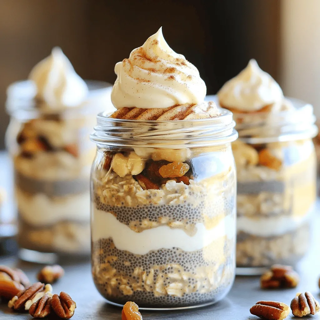 To make the perfect cinnamon roll overnight oats, gather these key ingredients: - 1 cup rolled oats - 1 tablespoon chia seeds - 1 cup almond milk (or milk of choice) - 1 teaspoon vanilla extract - 1 teaspoon ground cinnamon - 1 tablespoon maple syrup (or honey) - 1/4 cup Greek yogurt (optional for creaminess) These ingredients blend together to create a creamy, sweet, and spiced treat. The rolled oats form the base, while chia seeds add a nice texture. Almond milk keeps it light and dairy-free, but feel free to use any milk you love. The vanilla adds warmth, and cinnamon brings that classic flavor we all adore. You can enhance your oats with these fun add-ins: - 2 tablespoons raisins or chopped pecans (optional) - 1 tablespoon cream cheese (for swirl topping) - Additional cinnamon for garnish Raisins or pecans can add sweetness and crunch. If you want a richer taste, add cream cheese on top for a frosting-like finish. A sprinkle of extra cinnamon gives it that last touch of flavor. If you need to swap out ingredients, here are some great options: - For almond milk, use oat milk, soy milk, or regular milk. - Swap maple syrup for honey or agave syrup for sweetness. - Use coconut yogurt instead of Greek yogurt for a dairy-free option. These substitutes keep the recipe flexible. You can still enjoy this breakfast delight while sticking to your dietary needs. Start by gathering your dry ingredients. This includes: - 1 cup rolled oats - 1 tablespoon chia seeds - 1 teaspoon ground cinnamon In a medium bowl or jar, combine the oats, chia seeds, and cinnamon. Mix these well. This blend gives your oats a cozy flavor. Next, grab another bowl for the wet ingredients. You will need: - 1 cup almond milk (or milk of choice) - 1 teaspoon vanilla extract - 1 tablespoon maple syrup (or honey) - 1/4 cup Greek yogurt (optional for creaminess) Whisk these together until smooth. The yogurt adds richness, but it’s okay if you skip it. Now, pour the wet mixture over the dry ingredients. Stir until everything is well mixed. If you want, fold in: - 2 tablespoons raisins or chopped pecans Divide the mixture into two jars. Cover them tightly and refrigerate overnight. This lets the oats soak and become creamy. The next morning, stir the oats again. Top each jar with a dollop of cream cheese. Swirl it in like frosting. A sprinkle of extra cinnamon on top adds a nice touch. Enjoy your delicious cinnamon roll overnight oats! To get smooth and creamy oats, you need to mix well. Combine the dry and wet ingredients thoroughly. Make sure the oats soak up the liquid overnight. If you like it thicker, cut back on the milk. For a creamier texture, add Greek yogurt. Store your oats in a sealed jar or container. Make sure they are covered to keep them fresh. Refrigerate overnight or for at least four hours. This lets the oats soften and blend well. Try to eat them within three days for the best taste. Serve your oats in clear jars to show off the layers. Top with a swirl of cream cheese for a fun look. Add extra cinnamon on top for a warm flavor. You can also sprinkle on some pecans or raisins for crunch. Enjoy them cold or warm them slightly in the microwave. {{image_2}} To make nut-free cinnamon roll overnight oats, you can swap the almond milk for oat milk or any nut-free milk. This keeps the creamy texture while ensuring no nuts are involved. You can also skip any nuts in the mix. Use sunflower seeds or pumpkin seeds for added crunch. If you prefer a vegan version, simply replace Greek yogurt with coconut yogurt. Use maple syrup as your sweetener. This way, you keep the delicious flavor without any animal products. You can add extra chia seeds for creaminess and nutrition. You can get creative with toppings. Consider fresh fruits like sliced bananas or berries for a burst of flavor. Drizzle some agave syrup or more maple syrup on top for sweetness. For a richer experience, add a dollop of coconut cream. Each topping brings a new taste, making your oats exciting every time. To store leftover cinnamon roll overnight oats, place them in airtight containers. This keeps them fresh. You can use jars or any container with a tight lid. Make sure to store them in the fridge. They taste best when eaten cold. These oats last about 3 to 5 days in the fridge. If you want to freeze them, use freezer-safe containers. They can stay fresh for up to 3 months in the freezer. When ready to eat, just thaw them in the fridge overnight. If you prefer warm oats, here’s how to heat them. First, take them out of the fridge. Then, place the oats in a microwave-safe bowl. Heat for about 30 seconds to 1 minute. Stir after each 15 seconds until warm. You can add a splash of almond milk to keep them creamy. Enjoy them fresh from the microwave! Yes, you can use quick oats. They will soak faster. This means your oats may become softer. If you like a chewier texture, stick with rolled oats. These oats last for about five days in the fridge. Just keep them in a sealed jar. The oats will stay fresh and tasty. If you notice any change in smell or color, toss them out. Absolutely! You can double or triple the recipe. Just keep the same ratios of ingredients. Use larger containers to store your oats. This way, you can enjoy them all week long! Cinnamon roll overnight oats are simple and fun to make. We covered essential ingredients, steps, and tips for the best results. You can customize them with add-ins or make them nut-free and vegan. Storing leftovers is easy, and reheating is quick. Try this recipe for a tasty, healthy breakfast. Enjoy your oats and let your taste buds celebrate!
