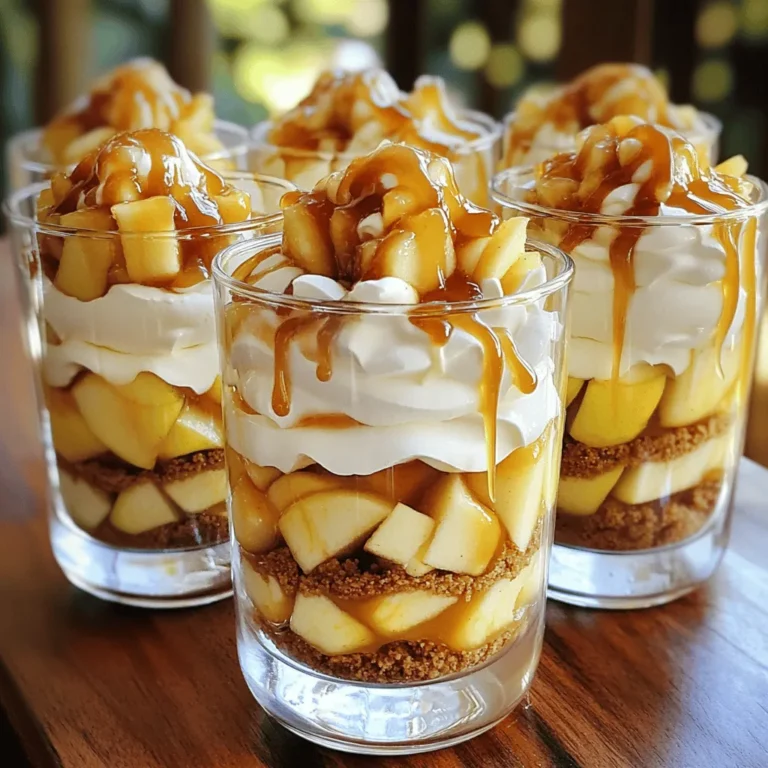 - 2 cups fresh apples, peeled and diced - 2 tablespoons brown sugar - 1 teaspoon cinnamon - 1 tablespoon lemon juice For the fresh ingredients, start with apples. I love using crisp apples like Granny Smith or Honeycrisp. They hold their shape well and add a nice tartness. Diced apples mix perfectly with brown sugar, cinnamon, and lemon juice. This mix brings out the sweet and tangy flavors. Cook them gently until soft yet firm, about 5-7 minutes. - 1 cup cream cheese, softened - 1/2 cup powdered sugar - 1 teaspoon vanilla extract - 1 cup heavy cream, whipped For the cheesecake filling, use softened cream cheese. It blends smoothly with powdered sugar and vanilla extract. Whip heavy cream in a separate bowl until it forms soft peaks. Gently fold the whipped cream into the cream cheese mix. This step makes the filling light and airy. - 1 cup graham cracker crumbs - 1/4 cup unsalted butter, melted - Optional: caramel sauce for drizzling The crust adds crunch to your trifle. Mix graham cracker crumbs with melted butter. This combination creates a rich and buttery base. You can also drizzle caramel sauce on top for extra sweetness and flavor. It makes your trifle look and taste amazing! To make the apple filling, you first cook the diced apples. In a medium saucepan, mix 2 cups of fresh apples, 2 tablespoons of brown sugar, 1 teaspoon of cinnamon, and 1 tablespoon of lemon juice. Cook over medium heat for about 5-7 minutes. Stir occasionally to keep everything from sticking. The apples should be soft yet hold their shape. Once done, take the pan off the heat and let the filling cool. This cooling step is key to keep the layers from mixing later. Next, let’s make the cheesecake filling. Start by softening 1 cup of cream cheese in a mixing bowl. Beat it until it's smooth and creamy. Then add in 1/2 cup of powdered sugar and 1 teaspoon of vanilla extract. Mix until everything is well combined. After that, fold in 1 cup of whipped cream. Do this gently to keep the mixture light and airy. Make sure it looks smooth with no lumps. This filling will add a rich layer to your trifles. Now for the fun part: assembling the trifles! Grab your serving glasses. Start with a layer of the graham cracker mixture at the bottom, which we will prepare next. Add a layer of the cheesecake filling on top of the crumbs. Then, spoon in a layer of the cooked apples. Repeat these layers until your glasses are full. Aim for a final layer of cheesecake at the top. For a charming finish, you can drizzle caramel sauce on top. This is optional, but it adds a sweet touch. Chill the trifles in the fridge. Cover each glass with plastic wrap to keep them fresh. Let them sit for at least 2 hours. This helps the layers set nicely. When it’s time to serve, be sure to drizzle caramel sauce on top. You can also add a sprinkle of cinnamon or a slice of apple for a decorative touch. Enjoy this delightful dessert with friends or family! Choosing the Best Apples For the best taste, use firm apples. Varieties like Granny Smith or Honeycrisp work well. They hold their shape and add a nice tartness. Select apples that are fresh and crisp. This makes a big difference in flavor. Flavor Enhancements Add a touch of lemon juice to keep apples bright. A sprinkle of nutmeg can deepen the flavor. You might also try adding a bit of vanilla extract for a sweet note. These simple tweaks can elevate your apple filling. Achieving the Right Texture Softened cream cheese is key for a smooth filling. Mix it well until creamy. Gently fold in the whipped cream to keep it light. This creates a fluffy cheesecake layer that everyone will love. Avoiding Common Mistakes Don’t overmix the cream cheese or whipped cream. This can make the texture dense. Make sure to let your cream cheese soften fully before mixing. Cold cream cheese can lead to lumps in your filling. Layering Techniques Start with a graham cracker layer at the bottom. Follow with cheesecake, then apples. Repeat layers for a beautiful effect. Make sure you finish with cheesecake on top for a nice look. Garnishing Ideas Use clear glasses to show off your layers. A sprinkle of cinnamon adds a lovely touch. You can also place a thin apple slice on top as a garnish. Drizzling caramel sauce right before serving adds sweetness and flair. {{image_2}} You can play with flavors in your Apple Pie Cheesecake Trifles. - Spiced Variations: Add a pinch of nutmeg or allspice to the apple filling. This gives the dish a warm, cozy touch. You can also mix in some cloves for a richer flavor. - Fruit Add-ins: Consider adding other fruits. Pears or peaches work well with apples. You can even try berries for a fresh twist. If you have dietary needs, you can still enjoy these trifles. - Gluten-Free Options: Use gluten-free graham cracker crumbs instead of regular ones. Check the labels to ensure they are safe for you. - Vegan Substitutes: Swap cream cheese for a vegan cream cheese. Use coconut whipped cream for the heavy cream. This way, you keep the creamy texture without dairy. How you serve these trifles can change the whole experience. - Pairing with Ice Cream: Serve your trifles with a scoop of vanilla ice cream. The cold ice cream complements the warm apple filling well. - Using Different Glassware: Try using mason jars or small bowls. This adds a fun touch to your dessert. Plus, you can personalize each serving. - Best Way to Store: Place your trifles in airtight containers. This keeps them fresh and prevents odors from mixing. If you used glasses, cover them with plastic wrap. - Freshness Duration: These trifles will stay good in the fridge for up to 3 days. After that, the layers may start to lose their texture. - How to Freeze: You can freeze the trifles, but it's best to freeze the layers separately. Freeze the cheesecake filling and the apple filling in airtight containers. The crust can also be stored in a zip-top bag. - Thawing Tips: To serve, thaw the layers in the fridge overnight. Once fully thawed, reassemble the trifles for the best taste and texture. - Creative Uses for Leftover Ingredients: If you have leftover apples, try them in oatmeal or yogurt. Use extra cheesecake filling as a dip for fruit. The graham cracker crust can also make a tasty snack on its own. Apple Pie Cheesecake Trifles last about 3 days in the fridge. To keep them fresh, store them in airtight containers. This helps prevent moisture loss and keeps the flavors strong. Yes, you can make these trifles a day ahead. Just prepare and layer them, then cover them tightly. Chill them overnight. This allows the flavors to blend nicely. You can use Greek yogurt as a substitute for cream cheese. It gives a similar creaminess. Soft tofu is another option. Blend it until smooth for a dairy-free choice. Yes, you can easily make these trifles nut-free. Just ensure your graham crackers do not contain nuts. Also, use nut-free butter for the crust. This way, everyone can enjoy the dessert! In this blog post, we explored how to make delicious Apple Pie Cheesecake Trifles. We covered fresh ingredients, cheesecake filling, and crust options. I shared step-by-step instructions for preparing the apple filling, making the cheesecake mix, and assembling the trifles. Remember, perfecting flavors and presentation makes a big difference. Try different variations and storage tips to enjoy your trifles longer. Let's get creative in the kitchen and make something special!