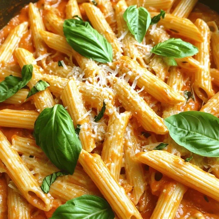 To make One Pot Creamy Tomato Basil Penne, you will need: - 12 oz penne pasta - 2 tablespoons olive oil - 1 medium onion, diced - 3 garlic cloves, minced - 1 can (14 oz) crushed tomatoes - 3 cups vegetable broth - 1 cup heavy cream or coconut cream - 1 teaspoon dried basil - 1 teaspoon dried oregano - Salt and pepper to taste - 1 cup fresh basil leaves, chopped - 1 cup grated Parmesan cheese or nutritional yeast - Red pepper flakes (optional) You can make this dish your own by adding: - Cooked chicken or shrimp for protein - Spinach or kale for added greens - A splash of white wine for extra flavor - Sun-dried tomatoes for a tangy twist If you need to make changes, consider these: - Use whole wheat penne for a healthier option. - Swap heavy cream for Greek yogurt for a lighter sauce. - Nutritional yeast can replace Parmesan for a vegan dish. - Any broth can work, like chicken or beef, if not vegan. Start by gathering all your ingredients. You need: - 12 oz penne pasta - 2 tablespoons olive oil - 1 medium onion, diced - 3 garlic cloves, minced - 1 can (14 oz) crushed tomatoes - 3 cups vegetable broth - 1 cup heavy cream or coconut cream - 1 teaspoon dried basil - 1 teaspoon dried oregano - Salt and pepper to taste - 1 cup fresh basil leaves, chopped - 1 cup grated Parmesan cheese - Red pepper flakes (optional) Chop the onion and mince the garlic. This helps the flavors blend well. In a large pot, heat the olive oil over medium heat. Add the diced onion and cook for about 5 minutes. You want it soft and see-through. Then, add the minced garlic for one more minute. Stir it gently so it does not brown. Next, add the crushed tomatoes and vegetable broth. Pour in the heavy cream and add the dried basil, oregano, salt, and pepper. Mix everything well. Bring this mixture to a boil. Once boiling, add the penne pasta. Stir it to make sure the pasta is under the liquid. Reduce the heat to a simmer and cover the pot. Cook for 12-15 minutes, stirring now and then. You want the pasta to be al dente and the sauce thick. When the pasta is ready, take the pot off the heat. Stir in the chopped fresh basil and grated Parmesan cheese. This will make it creamy and delicious. Taste it and adjust with salt, pepper, or red pepper flakes if you like some heat. Serve it hot. You can add extra basil and Parmesan on top for a nice touch. Enjoy your meal! To get the best flavor, use fresh ingredients. Fresh basil brings a bright taste. Always sauté the onion until soft. This step builds a flavorful base. When adding garlic, watch it closely. Garlic burns quickly and can taste bitter. For a creamier sauce, add the heavy cream slowly. Stir it in well to blend. Lastly, taste as you go. Adjust salt and pepper to your liking. You can easily make this dish vegan. Swap the heavy cream for coconut cream. It gives a nice richness without dairy. Use nutritional yeast instead of Parmesan cheese. It adds a cheesy flavor without animal products. Double-check your vegetable broth for any hidden animal ingredients. With these swaps, you can enjoy this creamy dish without worry. To achieve that perfect creamy texture, keep a few tips in mind. Cook the pasta just until al dente. Overcooking can make it mushy. Stir often during cooking to prevent sticking. If the sauce seems too thick, add a splash of broth. This helps keep it smooth. When you add the basil and cheese, stir gently. This maintains the creamy consistency you want. {{image_2}} You can easily add protein to this dish. Chicken, shrimp, or sausage work well. For chicken, cook it in the pot before adding onions. Shrimp cooks fast, so add it just before the pasta. If you like sausage, slice it and brown it first. These options make the dish heartier and more filling. Adding veggies boosts flavor and nutrition. Spinach, bell peppers, or mushrooms are great choices. Add spinach at the end, just before serving. For bell peppers or mushrooms, cook them with the onions to soften them. You can also throw in zucchini or carrots for a pop of color and taste. If you like heat, red pepper flakes are perfect. Add them to the onions while they cook. Start with a pinch, then adjust to your taste. This small change gives the dish an exciting kick. It’s a simple way to make this creamy pasta more lively. After you enjoy your One Pot Creamy Tomato Basil Penne, store any leftovers in an airtight container. Make sure to let it cool down to room temperature first. This way, it will stay fresh for up to three days in the fridge. Label the container with the date to keep track of how long it has been stored. You can freeze the pasta for longer storage. First, let it cool completely. Then, place it in a freezer-safe container or bag. Make sure to remove as much air as possible. You can freeze it for up to three months. Remember to write the date on the bag or container. When you're ready to eat your leftover pasta, here’s how to reheat it. You can use the microwave or a stovetop. If using the microwave, place a portion in a bowl, cover it, and heat for two to three minutes. Stir halfway through to ensure even heating. If using the stovetop, add a splash of vegetable broth to a pan, then heat over medium until warmed through. This will help keep it creamy and delicious! Yes, you can use whole wheat pasta. It adds more fiber and nutrients. The cooking time may change slightly. Whole wheat pasta can take a bit longer to cook, so check it often. To thicken the sauce, you can cook it a bit longer. This helps the liquid reduce. Another way is to add a bit more cheese. Parmesan melts nicely and thickens the sauce. To make it gluten-free, use gluten-free penne. You can find it in most stores. Ensure your broth and other ingredients are also gluten-free. This way, everyone can enjoy the meal. Yes, you can use canned tomatoes. Just chop them up a bit before adding. If they have juice, include it for extra flavor. This can give your dish a chunkier texture. To prepare ahead, cook the dish without the cream. Let it cool, then store it in the fridge. When ready to eat, reheat it and stir in the cream. This helps keep it creamy and fresh. This post covers every step to make a great dish. I shared all the key ingredients, from the basics to optional add-ins. You learned how to prepare, cook, and serve it perfectly. I provided tips for a creamy texture and vegan swaps. You can also explore tasty variations and smart storage tips. Remember, this dish is easy to customize based on your needs. Experimenting will make it even better!