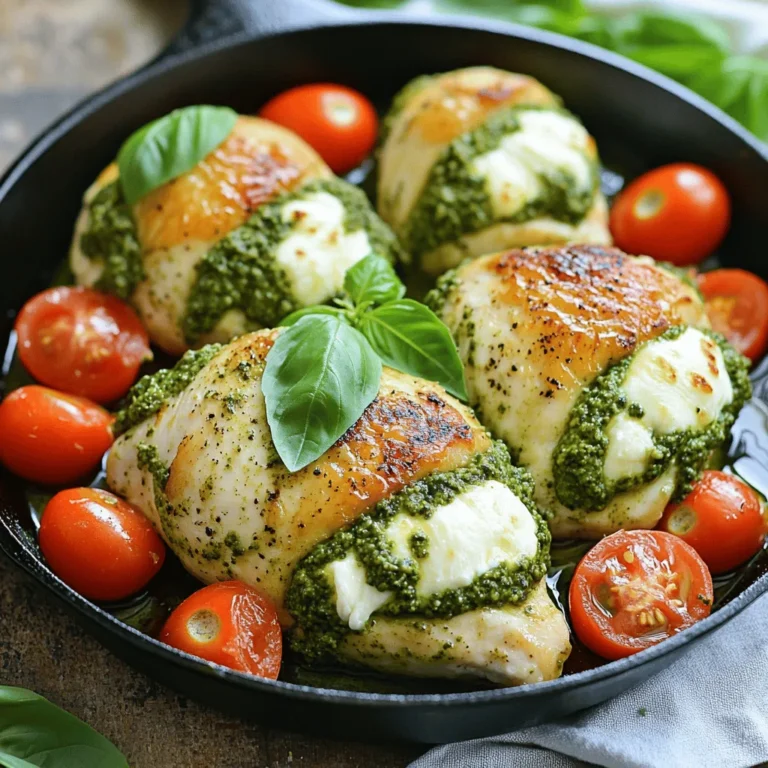To make this tasty Pesto Mozzarella Stuffed Chicken, gather these key items: - 4 boneless, skinless chicken breasts - 1 cup fresh basil pesto - 8 oz fresh mozzarella cheese, sliced - 1 cup cherry tomatoes, halved - 2 tablespoons olive oil - 1 teaspoon garlic powder - Salt and pepper to taste - Fresh basil leaves for garnish You will need some basic tools to prepare this dish: - A sharp knife for cutting the chicken - A clean cutting board - An oven-safe skillet for browning and baking - Measuring cups and spoons for accurate amounts - A meat thermometer to check the chicken's doneness Feel free to get creative! Here are some optional items to elevate your dish: - Spinach or arugula for added greens - Sun-dried tomatoes for a tangy twist - A sprinkle of red pepper flakes for heat - Balsamic glaze for a sweet finish This list provides all you need to create a delicious meal. Enjoy the process and let your taste buds guide you! To start, preheat your oven to 375°F (190°C). This helps cook the chicken evenly. Next, take your chicken breasts and place them on a cutting board. Use a sharp knife to cut a pocket into each breast. Make sure not to cut all the way through. It needs to hold the filling. Once you have your pockets, season the chicken both inside and out. Use garlic powder, salt, and pepper. This adds flavor to every bite. Now comes the fun part: stuffing! Take a generous scoop of fresh basil pesto and fill each chicken breast pocket. Add a couple of slices of fresh mozzarella cheese on top of the pesto. The cheese melts beautifully during cooking and adds a creamy texture. Make sure not to overstuff, as the filling may spill out while cooking. For cooking, use an oven-safe skillet. Heat 2 tablespoons of olive oil over medium-high heat. Once hot, carefully place the stuffed chicken breasts in the skillet. Cook them for 2-3 minutes on each side until they turn golden brown. This gives a nice crust. After browning, add halved cherry tomatoes around the chicken in the skillet. Transfer the skillet to your preheated oven. Bake for about 20-25 minutes until the chicken reaches 165°F (75°C). When it’s done, let the chicken rest for about 5 minutes before serving. Garnish with fresh basil leaves for a pop of color and flavor. Enjoy! To make sure your chicken breasts are stuffed well, slice a pocket carefully. Do not cut all the way through. This keeps the filling inside. Stuff each breast with a good amount of pesto and mozzarella. Make sure it fits snugly. If you overstuff, the filling may leak out during cooking. Season your chicken inside and out for the best flavor. Use garlic powder, salt, and pepper. These simple spices enhance the taste of the chicken. You can also try adding lemon zest for a fresh twist. Fresh herbs, like thyme or rosemary, can add depth, too. Cooking at the right temperature is key. Preheat your oven to 375°F (190°C). This ensures even cooking. Bake the chicken for 20 to 25 minutes. Use a meat thermometer to check for doneness. The chicken should reach 165°F (75°C). Let it rest for five minutes after cooking. This helps keep it juicy! {{image_2}} You can switch up the cheese in this dish. Try using provolone or goat cheese. Both add unique flavors. Provolone melts well, giving a creamy texture. Goat cheese brings tanginess that brightens the dish. For a stronger kick, use blue cheese. It pairs nicely with the pesto and chicken. While basil pesto shines, other options exist. You can use sun-dried tomato pesto for a rich taste. Spinach pesto offers a fresh green twist. If you want a nut-free version, try using avocado. Each alternative brings a new flavor, so don’t hesitate to experiment. Adding veggies can enhance your stuffed chicken. Try spinach or arugula for a nice green touch. Sautéed mushrooms add umami depth. Roasted red peppers bring sweetness and color. You can also add zucchini or bell peppers for crunch. Mix and match to find your favorite combo. To keep your Pesto Mozzarella Stuffed Chicken fresh, let it cool first. Once cool, place each piece in an airtight container. You can also wrap them tightly in plastic wrap. Store the chicken in the fridge for up to three days. This keeps the flavors intact and prevents spoilage. When you're ready to enjoy your leftovers, preheat the oven to 350°F (175°C). Place the chicken on a baking sheet. Cover it loosely with foil to keep it moist. Heat for about 15-20 minutes or until warmed through. You can also use a microwave. Heat it for about one minute per piece. Just make sure it’s hot all the way through. If you want to save some for later, freezing is a great option. Wrap each chicken breast tightly in plastic wrap, then place it in a freezer bag. Label the bag with the date. It will stay good for about three months. To thaw, move the chicken to the fridge overnight. You can also use the microwave on the defrost setting. After thawing, reheat as mentioned above. Enjoy your meal again! Yes, you can prepare the chicken ahead of time. You can stuff the chicken breasts with pesto and mozzarella and store them in the fridge. Just make sure to wrap them tightly in plastic wrap. You can keep them for up to 24 hours before cooking. When you're ready, simply cook them as directed. This saves you time on busy days. This dish pairs well with many sides. I suggest serving it with: - Garlic bread - Steamed vegetables - A fresh green salad - Roasted potatoes These sides complement the rich flavors of the chicken. They also add color to your plate, making the meal more appealing. To check if the chicken is done, use a meat thermometer. Insert it into the thickest part of the breast. The internal temperature should reach 165°F (75°C). If you don’t have a thermometer, cut into the chicken. The juices should run clear, and there should be no pink inside. This ensures it is safe to eat. You now have a clear path to making perfect pesto mozzarella stuffed chicken. We covered the key ingredients, cooking methods, and helpful tips to get that dish just right. Remember, the right seasoning and cooking time make all the difference. Feel free to try different cheeses and veggies for your own twist. Proper storage is key to keep leftovers fresh. With these steps, you'll impress everyone at your table, every time. Enjoy your cooking adventure!