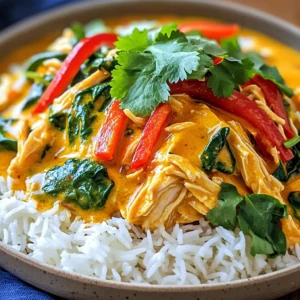 To make Slow Cooker Coconut Curry Chicken, you need these key ingredients: - 2 lbs chicken thighs, boneless and skinless - 1 can (13.5 oz) coconut milk - 2 tablespoons red curry paste - 1 onion, diced - 4 cloves garlic, minced - 1 tablespoon fresh ginger, grated - 1 red bell pepper, sliced - 2 cups baby spinach - 2 tablespoons fish sauce (or soy sauce for a vegetarian twist) - 1 tablespoon brown sugar - Juice of 1 lime - 1 cup chicken broth - Salt and pepper to taste - Fresh cilantro for garnish - Cooked jasmine rice for serving Using fresh ingredients makes a big difference. Fresh garlic and ginger add zing. Fresh chicken gives a nice texture. Canned coconut milk works well, but check for quality. To take your coconut curry to the next level, you can try these optional ingredients: - Additional spices like turmeric or cumin can enhance flavor. - Fresh herbs like basil or mint can brighten the dish. - For veggies, think about adding carrots, peas, or sweet potatoes. They add sweetness and color. Feel free to swap out any vegetables based on your taste. Just remember that softer veggies, like spinach, cook quickly. Serve your coconut curry chicken with these tasty sides: - Jasmine rice soaks up all the delicious sauce. - Naan bread is great for dipping and adds fun. - A simple cucumber salad gives a fresh crunch. Pairing these sides makes for a complete meal. Enjoy each bite! To start, gather your chicken and vegetables. I use two pounds of boneless, skinless chicken thighs. This cut stays juicy and tender. Next, dice one onion and slice one red bell pepper. Garlic and ginger add flavor, so mince four cloves of garlic and grate one tablespoon of fresh ginger. Now, let’s mix the curry sauce. Grab a mixing bowl and add one can of coconut milk. Add two tablespoons of red curry paste, the minced garlic, grated ginger, and two tablespoons of fish sauce. You can use soy sauce for a vegetarian option. Add one tablespoon of brown sugar and the juice of one lime. Whisk everything until smooth and well combined. Now it’s time to set up the slow cooker. Place the chicken thighs at the bottom. Pour the curry sauce over the chicken. Then, add the diced onion and sliced bell pepper. Next, pour in one cup of chicken broth. Make sure the chicken and veggies are mostly submerged. Season with salt and pepper to taste. Cover the slow cooker. If you set it to low, cook for six to seven hours. For high, cook for three to four hours. Your kitchen will smell amazing as it cooks. Thirty minutes before serving, stir in two cups of baby spinach. This will wilt nicely into the curry. Once the cooking time is up, shred the chicken using two forks. Mix it back into the curry to combine well. Serve the coconut curry chicken over cooked jasmine rice. Garnish with fresh cilantro for a pop of color. Enjoy your delicious creation! To make your coconut curry chicken just right, adjust the spice levels to your taste. If you like it spicy, add more red curry paste. For a milder flavor, reduce the amount of paste. You can also add coconut sugar instead of brown sugar for extra sweetness. To get the best consistency, use full-fat coconut milk. It gives a rich and creamy texture. Mix the sauce well before pouring it over the chicken. This helps combine all the flavors. For perfect slow cooking, layer the ingredients right. Put the chicken at the bottom, followed by other ingredients. This ensures even cooking. If your slow cooker runs hot, check the chicken at the lower end of the cooking time. Timing can change based on your slow cooker. Most cook on low for 6-7 hours or high for 3-4 hours. Always check if the chicken is tender and cooked through. One common mistake is skipping the browning step. Browning the chicken adds flavor but is not necessary. Another mistake is adding spinach too early. Add it 30 minutes before serving to keep it fresh. When storing, let the dish cool first. Use airtight containers for best results. For reheating, add a splash of broth. This keeps it from drying out and maintains the flavor. {{image_2}} To make a plant-based version of slow cooker coconut curry, you can swap the chicken for tofu or chickpeas. Use firm tofu to keep its shape during cooking. For a dairy-free option, stick to coconut milk, which is already in the recipe. Replace fish sauce with soy sauce or tamari for a rich, salty flavor. For cooking time, if you use tofu, set the slow cooker for 4-5 hours on low. If using canned chickpeas, add them in the last hour to avoid mushiness. You can try other proteins like shrimp or beef. For shrimp, add them in the last 30 minutes of cooking. If you choose beef, opt for stewing cuts like chuck or brisket. Cook on low for 7-8 hours or high for 4-5 hours. For a quicker option, diced chicken breast cooks faster. If using chicken breast, reduce the time to 4-5 hours on low or 2-3 hours on high. To change up the flavor, you can add spices like cumin or coriander. Fresh herbs such as cilantro or basil can brighten the dish. You might also mix in flavors from other cuisines. Try adding curry powder for Indian flair or lime zest for a Thai twist. Combining these flavors can create a unique and tasty dish. To store leftover coconut curry chicken, let it cool first. Then, scoop it into airtight containers. Glass or plastic containers work well. Make sure to seal them tightly. Store your curry in the fridge for up to four days. Keep the temperature at or below 40°F (4°C) for safety. This way, you keep the flavors fresh. You can freeze coconut curry chicken for longer storage. Place the cooled curry in freezer-safe bags or containers. Squeeze out as much air as possible. This helps prevent freezer burn. Your curry can last in the freezer for about three months. When you’re ready to eat it, thaw it in the fridge overnight. Reheat it on the stove over low heat. Stir often to warm it evenly. In the fridge, coconut curry chicken lasts about four days. In the freezer, it stays good for three months. Signs of spoilage include off smells, discoloration, and a change in texture. If you see any of these signs, it’s best to toss the dish. Always trust your senses when it comes to food safety! It takes about 15 minutes to prep the dish. You will need to chop and mix ingredients. After that, cooking time is 6-7 hours on low or 3-4 hours on high. This allows the flavors to blend well. The slow cooker does all the magic while you relax. Yes, you can use frozen chicken thighs. Just add them to the slow cooker without thawing. Increase the cooking time by about an hour. Ensure the chicken reaches a safe temperature of 165°F. The slow cooker will still make a tasty curry. If you need a substitute for fish sauce, soy sauce works well. It gives a similar umami flavor. You can also use coconut aminos for a gluten-free option. For a vegan twist, try using a mix of miso and water. Each alternative brings its own unique taste. In summary, this post covers everything you need for Slow Cooker Coconut Curry Chicken. We explored key ingredients, from fresh produce to optional flavors. You learned how to prepare and cook, along with tips to perfect your dish. Variations for vegetarians and different proteins add flexibility. Proper storage keeps leftovers tasty. Remember these ideas for a delicious meal. Enjoy cooking, and don’t hesitate to try new things! Your slow cooker can make every dinner a delight.
