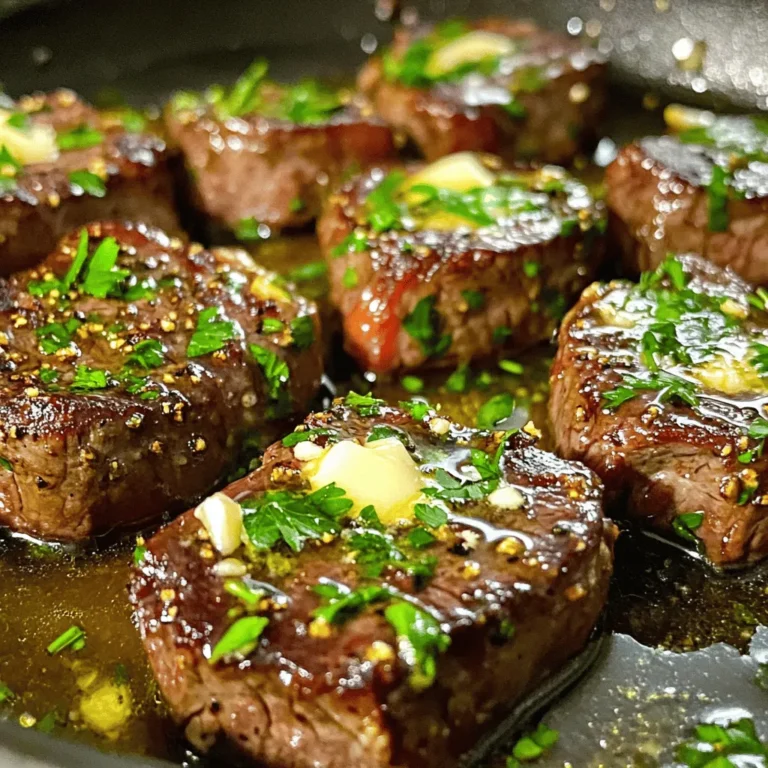 To make Garlic Herb Butter Steak Bites, gather these main ingredients: - 1 lb sirloin steak, cut into bite-sized pieces - 4 tablespoons unsalted butter - 4 cloves garlic, minced - 1 teaspoon fresh thyme, chopped - 1 teaspoon fresh rosemary, chopped - 1 teaspoon smoked paprika - Salt and pepper to taste - 1 tablespoon olive oil These ingredients come together for a simple yet delicious meal. The sirloin steak is tender and perfect for quick cooking. The butter and herbs add rich flavor. For extra flair, consider these optional garnishes and sides: - Fresh parsley, chopped (for garnish) - Mashed potatoes or rice - Steamed veggies like broccoli or green beans These additions can elevate your dish. They make it look beautiful and add nice texture. The key seasonings and herbs are crucial for great taste. - Salt and pepper enhance the natural flavor of the steak. - Smoked paprika gives a mild heat and a smoky flavor. - Fresh thyme and rosemary add a fresh, earthy taste. Using fresh herbs makes a big difference. They bring out the best flavors in the dish. Enjoy cooking! Start with 1 pound of sirloin steak. Cut it into bite-sized pieces. Use a paper towel to pat the steak dry. This helps create a nice sear. Next, season the steak well. Use salt, pepper, and 1 teaspoon of smoked paprika. Mix the seasonings evenly over the steak bites. Heat a large skillet on medium-high heat. Add 1 tablespoon of olive oil once the skillet is hot. Place the steak bites in a single layer. Avoid crowding the pan, or they won't cook well. Sear the steak for 2 to 3 minutes on each side. Cook until they reach your desired doneness. Once done, remove the steak bites and set them aside. Lower the heat to medium. In the same skillet, add 4 tablespoons of unsalted butter. Let the butter melt. Then, add 4 minced garlic cloves, 1 teaspoon of chopped thyme, and 1 teaspoon of chopped rosemary. Stir well and sauté for 1 to 2 minutes. You want the garlic to smell great but not burn. Return the steak bites to the skillet. Toss them in the garlic herb butter for 1 minute. This coats the steak well. Finally, remove from heat and garnish with fresh chopped parsley before serving. To get a great sear on steak bites, start by drying the meat. Use a paper towel to pat the sirloin pieces. This removes moisture. Moisture can lead to steaming, not searing. Next, heat the skillet on medium-high. Add olive oil once the skillet is hot. Place the steak bites in a single layer. This avoids crowding. Cook for 2-3 minutes on each side for a nice brown crust. Feel free to adjust the spices to fit your taste. If you love heat, add some cayenne pepper. Prefer a fresher taste? Consider using fresh basil or oregano. You can also swap smoked paprika for regular paprika if you like. Taste the steak bites before serving. Adjust salt and pepper if needed. You can make these steak bites in advance. Cook them fully and let them cool. Store them in an airtight container. They last in the fridge for three days. To reheat, use a skillet on medium heat. Add a little butter to keep them moist. Heat for a few minutes until warm. You can also microwave them but be careful not to overcook. {{image_2}} You can use many cuts for steak bites. Sirloin is great, but try flank or ribeye. Flank steak has a nice flavor. Ribeye is tender and juicy. Both cuts work well with the garlic herb butter. You can even use tenderloin if you want something fancy. Always cut the steak into bite-sized pieces for even cooking. You can switch up the herbs in this recipe. If you don’t have thyme, use oregano or basil. Both add a fresh taste. Dill also works well if you want a different flavor. Try adding a pinch of parsley for extra color. Mix and match herbs to fit your taste. Fresh herbs are best, but dried herbs can work too. Want to add a kick? You can include red pepper flakes for heat. Start with a small amount and add more if you like. If you're not a fan of spicy food, skip the flakes. You can also add smoked paprika for a smoky flavor. This gives the beef an extra depth without too much heat. Adjust spices to make the dish yours! To store your leftover garlic herb butter steak bites, place them in an airtight container. Make sure they cool down first. You can keep them in the fridge for up to three days. When you store them, try to layer the steak bites with some of the garlic herb butter. This keeps them moist. If you want to freeze the steak bites, wait until they cool. Place them in a freezer-safe bag or container. Remove as much air as you can before sealing. You can freeze them for up to three months. For best taste, eat them sooner rather than later. To reheat, use a skillet on low heat. Add a bit of butter or olive oil to keep the bites from drying out. Stir them gently for about five minutes until heated through. You can also use a microwave, but be careful not to overcook them. Heat for short bursts and check often. This way, they stay juicy and tasty! The best skillet for Garlic Herb Butter Steak Bites is a cast-iron skillet. It heats evenly and holds heat well. This helps sear the steak perfectly. If you don't have cast iron, a heavy stainless steel skillet works too. Avoid nonstick pans for this recipe since they don't get hot enough. A good skillet creates a nice crust on the steak bites. Yes, you can make this dish without butter. Use olive oil instead for cooking the steak. It adds flavor but won't be as rich. You can also use ghee or vegan butter if you prefer. Just know that the taste will change a bit. The garlic and herbs still give great flavor even without butter. To check doneness, use a meat thermometer. For medium-rare, aim for 130-135°F. For medium, look for 140-145°F. If you don’t have a thermometer, cut into a piece. The inside should be pink for medium-rare and light pink for medium. Remember, steak continues to cook after you remove it from the heat. Let it rest for a few minutes for the best results. In this blog post, we explored how to make delicious Garlic Herb Butter Steak Bites. We covered the main ingredients, step-by-step cooking instructions, and helpful tips. You can customize flavors and even store leftovers for later. Enjoy these tender bites as a main dish or appetizer. This dish is simple, tasty, and sure to impress. With practice, you will master the perfect steak every time. Happy cooking!