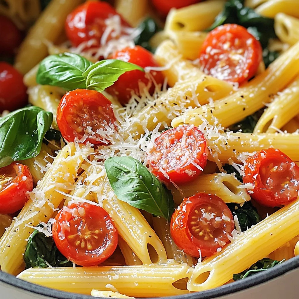 - 12 ounces penne pasta - 2 cups cherry tomatoes, halved - 1 onion, diced - 4 cloves garlic, minced - 4 cups vegetable broth - 1 cup heavy cream - 1 teaspoon dried basil - 1 teaspoon dried oregano - 1 teaspoon red pepper flakes (adjust to taste) - 2 cups fresh spinach - 1/2 cup grated Parmesan cheese (plus more for serving) - Salt and pepper to taste - 2 tablespoons olive oil Each ingredient plays a key part in the flavor and texture of this dish. - Penne pasta forms the base. It holds sauce well and cooks evenly. - Cherry tomatoes add sweetness and freshness. They burst while cooking, enriching the sauce. - Onion and garlic provide a savory foundation. They create depth and aroma when sautéed. - Vegetable broth adds rich flavor and moisture. It cooks the pasta and enhances taste. - Heavy cream brings creaminess, making the dish rich and velvety. - Spinach adds color and nutrients. It wilts down, blending into the dish perfectly. - Parmesan cheese gives a salty, nutty flavor. It melts into the pasta, enhancing the overall taste. You can easily swap some ingredients if needed. - Use fusilli or farfalle instead of penne for a different shape. - If you don’t have cherry tomatoes, try diced canned tomatoes for convenience. - Shallots can replace onion for a milder flavor. - For a lighter dish, substitute coconut milk for heavy cream. - Use nutritional yeast instead of Parmesan for a vegan option. - Kale or arugula can replace spinach if you prefer. These swaps keep the dish tasty, while catering to your needs. First, gather your ingredients. You will need: - 12 ounces penne pasta - 2 cups cherry tomatoes, halved - 1 onion, diced - 4 cloves garlic, minced - 4 cups vegetable broth - 1 cup heavy cream - 1 teaspoon dried basil - 1 teaspoon dried oregano - 1 teaspoon red pepper flakes - 2 cups fresh spinach - 1/2 cup grated Parmesan cheese - Salt and pepper to taste - 2 tablespoons olive oil Next, prepare your space. Chop the onion and mince the garlic. Halve the cherry tomatoes. This makes cooking easier and faster. Heat the olive oil in a large pot over medium heat. Add the diced onion. Sauté for about 3-4 minutes until the onion softens. Then, add the minced garlic and stir for one more minute. This step releases a great aroma. Now, stir in the halved cherry tomatoes. Cook them for about 5 minutes until they soften. Then, pour in the vegetable broth. Add the penne pasta, red pepper flakes, basil, oregano, salt, and pepper. Stir well to mix all the flavors. Bring the mixture to a boil. Once boiling, lower the heat and let it simmer. Cook uncovered for 10-12 minutes. Stir occasionally until the pasta is al dente and most liquid is gone. Reduce the heat to low. Stir in the heavy cream and fresh spinach. Cook for 2-3 minutes until the spinach wilts. Lastly, fold in the grated Parmesan cheese until it melts. Taste and adjust the seasoning with more salt and pepper if needed. For presentation, serve the pasta straight from the pot for a rustic look. You can also plate it in bowls and add extra Parmesan and fresh basil on top. Enjoy your meal! To get pasta just right, use a large pot. This allows the pasta to move freely. Always add enough water to cover the pasta. Salt your water well; it should taste like the sea. Cook the penne until it's al dente, which means firm to the bite. Stir the pasta often to prevent it from sticking together. Adding fresh herbs can boost flavor. Try using basil or parsley right before serving. You can also sprinkle more grated Parmesan on top for a rich taste. Consider a squeeze of lemon juice for a bright note. For more heat, adjust red pepper flakes based on your taste. Fresh spinach adds color and nutrients, so don’t skip it! One common mistake is overcooking the pasta. This makes it mushy. Always check for doneness a minute or two early. Another mistake is not seasoning enough. Always taste and adjust salt and pepper before serving. Lastly, don’t skip the cheese; it adds creaminess and depth. Enjoy your cooking and have fun with flavors! {{image_2}} To add meat to your dish, ground beef or Italian sausage works well. Brown the meat before adding onions and garlic. This step adds rich flavor. You can use turkey for a leaner option. Just remember to drain excess fat after cooking. The meat enhances the pasta’s heartiness and pairs beautifully with the sauce. If you want a vegetarian twist, skip the meat and add more veggies. Zucchini, bell peppers, or mushrooms are great choices. For a vegan version, replace heavy cream with coconut milk or cashew cream. You can also use nutritional yeast instead of Parmesan cheese for a cheesy flavor. This keeps the dish creamy and plant-based. Using seasonal ingredients can brighten your pasta. In spring, add fresh peas or asparagus. In summer, consider ripe heirloom tomatoes. Fall is perfect for roasted butternut squash or pumpkin. In winter, kale or Brussels sprouts can add texture. These swaps keep the dish fresh and fun all year long. To store your One Pot Tuscan Tomato Pasta, let it cool first. Place the pasta in an airtight container. You can keep it in the fridge for up to three days. Make sure to cover it well so it stays fresh. When you’re ready to eat it again, check for any signs of spoilage. You can freeze this pasta dish for up to three months. Use a freezer-safe container or bag for best results. Make sure to leave some space for expansion. Label the container with the date so you remember when you made it. Thaw it overnight in the fridge before reheating. To reheat, you can use the microwave or the stove. If using the microwave, add a splash of water to keep it moist. Heat it in short bursts, stirring often. If using the stove, warm it gently over low heat. Stir in a bit of cream or broth to bring back its creaminess. Enjoy it just like the first time! I like to use penne pasta for this dish. Its shape holds sauce well. You can also try fusilli or rigatoni. Both will work great in this recipe. Yes, you can! Just swap the penne for gluten-free pasta. Many brands offer good options. Make sure to check the cooking time, as it may vary with gluten-free pasta. To serve more people, simply double the ingredients. Use 24 ounces of pasta and adjust the broth and cream too. This keeps the flavor strong for larger batches. Absolutely! Use about 3 cups of diced fresh tomatoes. They will provide a nice flavor and texture. Just remember to cook them a bit longer to soften. You can use half-and-half or whole milk. Coconut milk is another great choice for a dairy-free option. Each of these will change the flavor slightly, but they keep it creamy. This post covers how to make a tasty pasta dish. We looked at ingredients, cooking steps, and helpful tips. You learned about key parts of the recipe and what to swap. We discussed easy tricks for better flavor and how to avoid mistakes. Plus, I shared different variations to meet your taste. Store leftovers safely and know how to reheat them. Remember, cooking is fun, so play around with flavors. Enjoy your delicious pasta!
