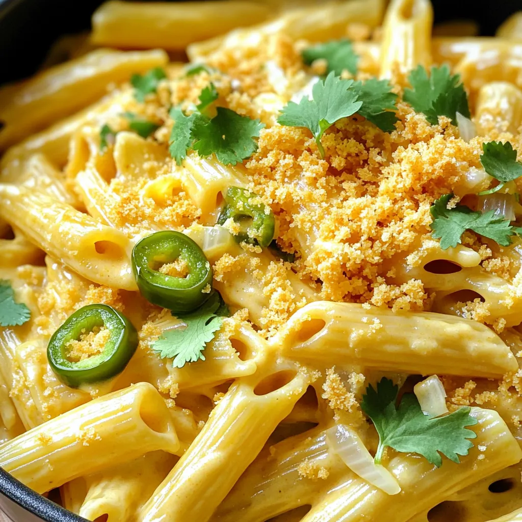 To make this creamy one-pot jalapeño popper pasta, gather the following ingredients: - 8 oz penne pasta - 1 tablespoon olive oil - 1 small yellow onion, diced - 2 cloves garlic, minced - 1-2 fresh jalapeños, finely chopped (seeds removed for less heat) - 1 cup cream cheese, softened - 1 cup chicken or vegetable broth - 1 cup milk - 1 cup sharp cheddar cheese, shredded - ½ cup breadcrumbs (for topping) - ¼ teaspoon smoked paprika - Salt and pepper to taste - Fresh cilantro or parsley for garnish These ingredients create a rich, creamy dish that bursts with flavor. The jalapeños add a nice kick, while the cream cheese and cheddar deliver a deliciously smooth texture. I love how easy this recipe is, using just one pot. It’s perfect for busy days or casual gatherings. You can even adjust the amount of jalapeños to fit your heat preference. Enjoy cooking! - Sautéing Onion and Garlic Start with a large pot or deep skillet. Heat one tablespoon of olive oil over medium heat. Add the diced yellow onion. Cook the onion for about 3-4 minutes until it turns soft and clear. Then, add two minced garlic cloves. Stir and cook for an extra minute until you smell the garlic. - Adding Jalapeños Next, chop one or two fresh jalapeños. If you want less heat, remove the seeds. Add the chopped jalapeños to the pot. Cook for another 1-2 minutes. This brings out their flavor and spice. - Combining Ingredients in the Pot It’s time to add the penne pasta. Pour in 1 cup of chicken or vegetable broth and 1 cup of milk. Season with salt, pepper, and ¼ teaspoon of smoked paprika. Mix everything well. - Simmering the Mixture Bring the mixture to a gentle boil. Once it boils, lower the heat and cover the pot. Let it simmer for about 12-15 minutes. Stir occasionally. The pasta should soak up most of the liquid and become tender. - Stirring in Cream Cheese and Cheddar Once the pasta is cooked, lower the heat. Fold in 1 cup of softened cream cheese and 1 cup of shredded sharp cheddar cheese. Stir until the cheeses melt and create a creamy sauce. Taste and adjust the seasoning if needed. - Preparing Breadcrumb Topping In a small bowl, mix ½ cup of breadcrumbs with a drizzle of olive oil and a pinch of salt. This will add a crunchy top to your dish. - Broiling for Crispiness Turn on the broiler in your oven. Sprinkle the breadcrumb mixture over the creamy pasta. Place the pot under the broiler for 2-3 minutes. Watch closely until the topping turns golden brown and crispy. This step-by-step guide makes it easy to create a delicious creamy one-pot jalapeño popper pasta. Enjoy your cooking! To make your creamy one-pot jalapeño popper pasta shine, start with cheese. Use softened cream cheese and shredded cheddar. This helps them melt nicely. Stir the cheese in slowly over low heat. This way, you avoid clumps and keep the sauce smooth. Next, watch your liquid levels. If the pasta seems too dry, add a splash of broth or milk. This helps maintain a rich, creamy texture. If it feels too soupy, let it simmer a bit longer. The heat will help thicken the sauce. Jalapeños can pack a punch! If you want less heat, remove the seeds. This makes the dish milder. Tasting while you cook helps you control the spice. You can always add more jalapeños later if you desire. For different spice levels, try other peppers. Poblano peppers give a mild flavor. Serrano peppers are spicier. Each pepper adds a unique twist to the dish. Experiment to find your favorite! Garnishing your pasta makes it look amazing. Fresh cilantro or parsley adds a pop of color. Sprinkle it on just before serving for the best look. When serving, use a big bowl to show off the creamy goodness. Pair it with crusty bread for a complete meal. You can even add a fresh salad on the side. This adds a nice crunch and balances the creaminess. {{image_2}} You can switch to gluten-free pasta if you need a gluten-free meal. There are many great types available. Look for brands that hold up well in one-pot dishes. You can also use different shapes of pasta. I like penne for its texture, but fusilli or farfalle works too. Just keep in mind that cooking times may vary with different shapes. Adding protein can make this dish heartier. You can mix in cooked chicken or shrimp. Just add it to the pot when you stir in the cheese. Incorporating vegetables boosts nutrition and flavor. Try adding spinach, bell peppers, or corn. They can be added when cooking the pasta for a colorful dish. You can modify this recipe for dairy-free or vegan options. Use cashew cream or a vegan cream cheese. Look for plant-based milk that you like. For low-carb adaptations, try using zucchini noodles or cauliflower rice. Both options keep the creamy sauce while cutting carbs. Just remember to cook them briefly to keep a good texture. After you enjoy your creamy one-pot jalapeño popper pasta, store any leftovers properly. Let the pasta cool down first. Place it in an airtight container. Keep it in the fridge for up to three days. This way, it stays fresh and tasty. If you want to reheat, just add a splash of milk to keep it creamy. You can freeze this dish to enjoy later. To freeze, let it cool completely. Then, transfer the pasta to a freezer-safe container. Seal it tightly and label it with the date. The pasta can stay in the freezer for up to three months. When you're ready to eat it, thaw the pasta overnight in the fridge. Heat it in a pot over medium heat. Stir in a little milk to help it regain its creamy texture. Cook until it's warm throughout. To keep your creamy pasta at its best, follow a few practices. Always store it in airtight containers. This prevents moisture and keeps flavors strong. Check for any signs of spoilage, like off smells or changes in texture. If it looks good, it should be fine for a few days in the fridge. You can use Greek yogurt or ricotta cheese. Both give a creamy texture. If you want a dairy-free option, try cashew cream or silken tofu blended until smooth. Yes, you can make this dish ahead. Just cook it, cool it, and store in the fridge. When ready, reheat it on low heat, adding a splash of milk if it seems dry. I suggest a cold beer or a crisp white wine. Lemonade or iced tea also works well. The refreshing drinks balance the creamy heat of the dish. Add more jalapeños or use a spicy cheese. You can also stir in some hot sauce. Just remember to taste as you go, so it doesn’t get too hot. Absolutely! Fresh jalapeños will give a nice crunch and bright flavor. Just remove the seeds for less heat, or leave them in if you want it spicier. This blog post covered how to make Jalapeño Popper Pasta. You learned about the key ingredients and easy steps to cook this dish. I shared tips for perfect creaminess and spice control, plus ways to change flavors. Storing and freezing leftovers was also discussed. In conclusion, this pasta dish offers endless options and is a crowd favorite. Enjoy making it your own!