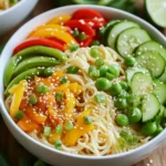 - 8 oz rice noodles - 2 tablespoons sesame oil - 1 tablespoon fresh ginger, grated - 2 garlic cloves, minced - 1 cup sugar snap peas, trimmed - 1 cup bell peppers, thinly sliced (any color) - 1 small cucumber, julienned I love using rice noodles in this dish. They cook quickly and soak up flavors well. Sesame oil adds a rich taste and aroma. Fresh ginger gives a warm, zesty kick, while garlic enhances the overall flavor. Sugar snap peas add a nice crunch, and colorful bell peppers bring vibrancy. The cucumber cools everything down and adds freshness. - ¼ cup soy sauce (or tamari) - 1 tablespoon rice vinegar - 1 teaspoon honey or maple syrup The sauce is simple but packed with flavor. Soy sauce or tamari forms the base, giving umami. Rice vinegar adds a tangy note. A touch of honey or maple syrup balances the saltiness with sweetness. This mix creates a perfect sauce for the noodles. - Sesame seeds - Fresh cilantro - Chopped green onions Garnishes make the dish pop. Sesame seeds add a nutty flavor and crunch. Fresh cilantro brightens the bowl. Chopped green onions bring a mild onion taste and a lovely green color. These small touches elevate your noodle bowl to a new level. To start, bring a large pot of water to a boil. This should take just a few minutes. Once the water is boiling, add the rice noodles. Cook them according to the package instructions, which is usually around 4 to 6 minutes. Timing is key here! After cooking, drain the noodles in a colander. Rinse them under cold water to stop the cooking process. This step helps keep them from becoming mushy. While the noodles cook, grab a small bowl for the sauce. In the bowl, whisk together the soy sauce, rice vinegar, honey or maple syrup, and sesame oil. Combine these flavors well. This sauce adds a rich taste and a hint of sweetness to the dish. The balance of flavors makes this noodle bowl so good! Next, heat a large skillet or wok over medium-high heat. Add a splash of sesame oil. Once the oil is hot, toss in the grated ginger and minced garlic. Stir for about 30 seconds. You want to smell that yummy aroma! Then, add the sugar snap peas and bell peppers. Stir-fry these veggies for about 3 to 4 minutes. They should be tender but still bright in color. Now it’s time to mix it all together! Add the cooked noodles to the skillet with the vegetables. Pour the sauce over the noodles and veggies. Toss everything together until well coated. Heat this mixture for about 2 to 3 minutes. This step ensures that every bite is full of flavor. When you’re ready to serve, divide the noodle bowl mixture into deep dishes. Top each bowl with julienned cucumber and chopped green onions. A sprinkle of sesame seeds adds a nice touch. If you love herbs, add fresh cilantro for extra flavor. For a special finish, drizzle a little sesame oil on top and maybe add a lime wedge on the side. This makes the dish pop! - Prepping ingredients in advance: Gather all your ingredients before starting. It makes cooking quick and fun. Chop the veggies and measure the sauces first. This way, you can cook without pausing. - High-heat cooking tips: Use a hot pan for stir-frying. This keeps the veggies crisp. When the oil shimmers, add the ginger and garlic. Stir them quickly for the best flavor. - Adding spice or heat: If you like heat, add red pepper flakes or sriracha. Start with a tiny amount and taste as you go. This helps you find your perfect level of spice. - Alternative sauces for variety: Try different sauces like hoisin or peanut sauce. These can change the flavor profile. You can also mix soy sauce with lime juice for a fresh twist. - Stylish serving suggestions: Use deep bowls for serving. Drizzle some sesame oil on top for a shiny finish. A few sesame seeds sprinkled on top make it look fancy. - Creative bowl assembly: Layer the noodles first, then add veggies. Top with cucumber and green onions. This makes each bowl look colorful and inviting. Add a lime wedge on the side for a pop of color. {{image_2}} For those needing gluten-free options, rice noodles are perfect. They cook quickly and taste great. If you want a different texture, try zucchini noodles or spiralized carrots. These swaps bring new flavors and keep your dish fresh. You can also change the vegetables. Use seasonal veggies for a lively dish. Try broccoli, snap peas, or bell peppers. If you find asparagus or bok choy, toss them in for a crunchy bite. The more colors on your plate, the better! Adding protein makes your meal heartier. Tofu is a great choice. Cube firm tofu and sauté it until golden. For a meaty option, shrimp adds a nice touch. Just cook shrimp for 2-3 minutes until they turn pink. Chicken is another good pick. Cook diced chicken in the pan until it’s no longer pink. Adjust your cooking time based on the protein you choose. Tofu cooks fast, while chicken needs a bit longer. Make sure everything is cooked through before serving. You can customize the flavor by playing with sweetness or saltiness. If you like it sweet, add a bit more honey or maple syrup. For a savory touch, increase the soy sauce. You can also change the sauce ingredients. Add a splash of orange juice for zest, or mix in some chili paste for heat. If you want a richer flavor, sesame paste can deepen the taste. These small adjustments make your noodle bowls unique and fun! To store leftovers, place the noodle bowls in an airtight container. Make sure to cool the dish to room temperature first. This way, it stays fresh for up to three days. Keep the garnishes, like cucumber and green onions, separate. This keeps them crunchy and bright. For best practices, label your containers with the date. This helps you track freshness. Store the bowls in the fridge, away from strong-smelling foods. This keeps the flavors intact. To reheat, use the microwave or a skillet. If using the microwave, heat in short bursts. Stir between each burst to avoid overcooking. If using a skillet, add a splash of water to steam the noodles. This keeps them moist and tender. Use glass or silicone containers for storage. These materials hold heat well and are easy to clean. Yes, you can freeze the noodle bowls! However, it’s best to freeze them before adding fresh veggies. To freeze, let the dish cool completely. Then, place it in a freezer-safe container. To thaw, move the container to the fridge overnight. When you're ready to eat, reheat as mentioned above. Adding fresh veggies after reheating adds crunch and flavor. This recipe is quick! It takes about 10 minutes to prep and 10 minutes to cook. You can have a delicious meal ready in just 20 minutes. Keep the rice noodles cooking time in mind, as they usually need 4-6 minutes. Rinsing them under cold water helps stop the cooking. Yes, you can easily make this dish vegetarian or vegan! To keep it vegetarian, just use honey in the sauce. For a vegan option, swap honey for maple syrup. You can also use tamari instead of soy sauce for a gluten-free version. Feel free to add extra veggies or even tofu for more protein. These noodle bowls are great on their own, but some sides can enhance your meal. Consider serving with: - A crisp side salad for freshness - Spring rolls for a fun crunch - Edamame for a protein boost - A light cucumber salad for added texture For drinks, try a sparkling water with a splash of lime or a nice green tea to keep things light and refreshing. This blog post shared a simple, tasty recipe for Minute Sesame Ginger Noodle Bowls. We covered the main ingredients, from rice noodles to fresh veggies. You learned how to make the sauce and combine it all. I shared tips for cooking fast and making your dish pop. In the end, this recipe is flexible. You can add proteins or try different flavors. I hope you feel ready to make your own delicious noodles! Enjoy your cooking adventure.