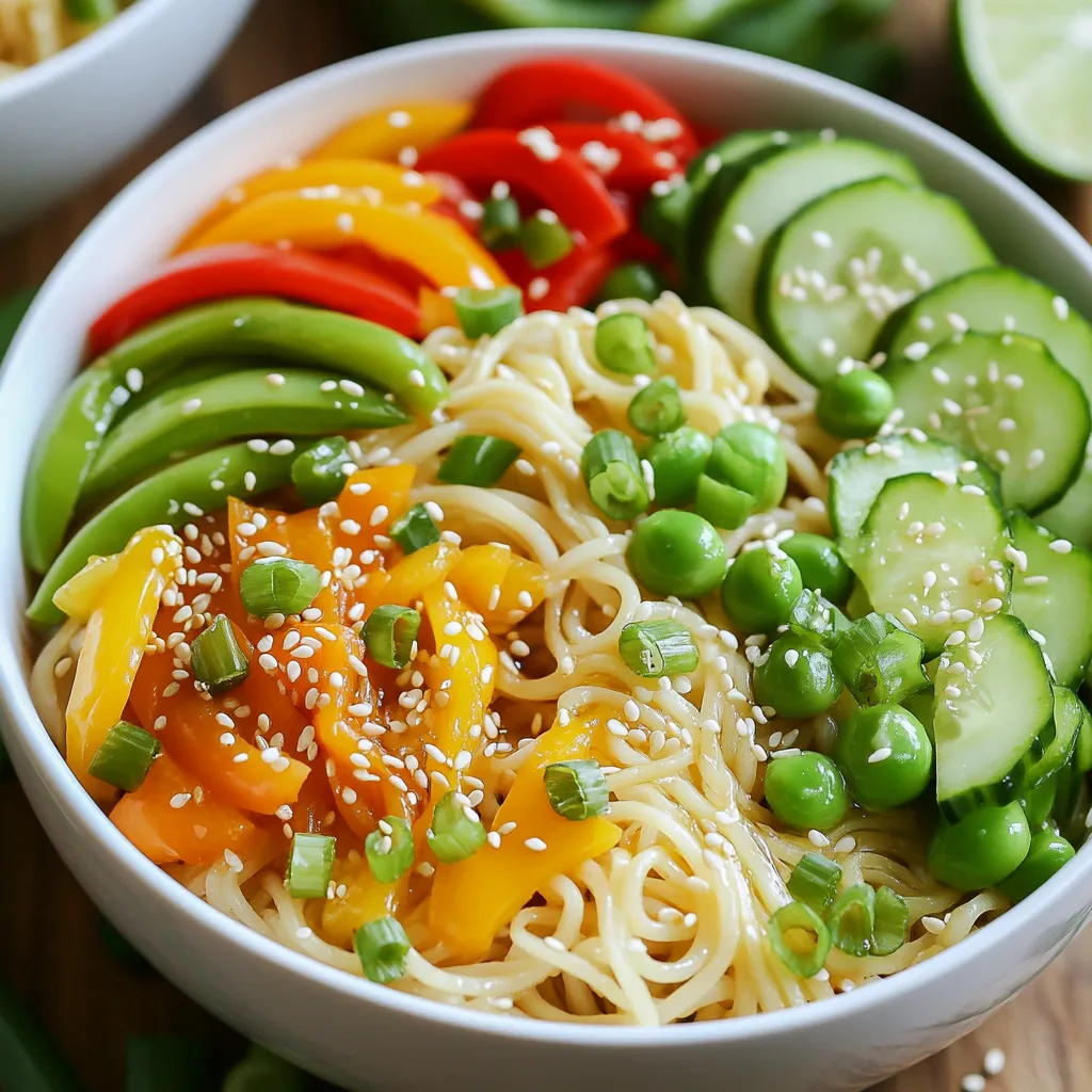 - 8 oz rice noodles - 2 tablespoons sesame oil - 1 tablespoon fresh ginger, grated - 2 garlic cloves, minced - 1 cup sugar snap peas, trimmed - 1 cup bell peppers, thinly sliced (any color) - 1 small cucumber, julienned I love using rice noodles in this dish. They cook quickly and soak up flavors well. Sesame oil adds a rich taste and aroma. Fresh ginger gives a warm, zesty kick, while garlic enhances the overall flavor. Sugar snap peas add a nice crunch, and colorful bell peppers bring vibrancy. The cucumber cools everything down and adds freshness. - ¼ cup soy sauce (or tamari) - 1 tablespoon rice vinegar - 1 teaspoon honey or maple syrup The sauce is simple but packed with flavor. Soy sauce or tamari forms the base, giving umami. Rice vinegar adds a tangy note. A touch of honey or maple syrup balances the saltiness with sweetness. This mix creates a perfect sauce for the noodles. - Sesame seeds - Fresh cilantro - Chopped green onions Garnishes make the dish pop. Sesame seeds add a nutty flavor and crunch. Fresh cilantro brightens the bowl. Chopped green onions bring a mild onion taste and a lovely green color. These small touches elevate your noodle bowl to a new level. To start, bring a large pot of water to a boil. This should take just a few minutes. Once the water is boiling, add the rice noodles. Cook them according to the package instructions, which is usually around 4 to 6 minutes. Timing is key here! After cooking, drain the noodles in a colander. Rinse them under cold water to stop the cooking process. This step helps keep them from becoming mushy. While the noodles cook, grab a small bowl for the sauce. In the bowl, whisk together the soy sauce, rice vinegar, honey or maple syrup, and sesame oil. Combine these flavors well. This sauce adds a rich taste and a hint of sweetness to the dish. The balance of flavors makes this noodle bowl so good! Next, heat a large skillet or wok over medium-high heat. Add a splash of sesame oil. Once the oil is hot, toss in the grated ginger and minced garlic. Stir for about 30 seconds. You want to smell that yummy aroma! Then, add the sugar snap peas and bell peppers. Stir-fry these veggies for about 3 to 4 minutes. They should be tender but still bright in color. Now it’s time to mix it all together! Add the cooked noodles to the skillet with the vegetables. Pour the sauce over the noodles and veggies. Toss everything together until well coated. Heat this mixture for about 2 to 3 minutes. This step ensures that every bite is full of flavor. When you’re ready to serve, divide the noodle bowl mixture into deep dishes. Top each bowl with julienned cucumber and chopped green onions. A sprinkle of sesame seeds adds a nice touch. If you love herbs, add fresh cilantro for extra flavor. For a special finish, drizzle a little sesame oil on top and maybe add a lime wedge on the side. This makes the dish pop! - Prepping ingredients in advance: Gather all your ingredients before starting. It makes cooking quick and fun. Chop the veggies and measure the sauces first. This way, you can cook without pausing. - High-heat cooking tips: Use a hot pan for stir-frying. This keeps the veggies crisp. When the oil shimmers, add the ginger and garlic. Stir them quickly for the best flavor. - Adding spice or heat: If you like heat, add red pepper flakes or sriracha. Start with a tiny amount and taste as you go. This helps you find your perfect level of spice. - Alternative sauces for variety: Try different sauces like hoisin or peanut sauce. These can change the flavor profile. You can also mix soy sauce with lime juice for a fresh twist. - Stylish serving suggestions: Use deep bowls for serving. Drizzle some sesame oil on top for a shiny finish. A few sesame seeds sprinkled on top make it look fancy. - Creative bowl assembly: Layer the noodles first, then add veggies. Top with cucumber and green onions. This makes each bowl look colorful and inviting. Add a lime wedge on the side for a pop of color. {{image_2}} For those needing gluten-free options, rice noodles are perfect. They cook quickly and taste great. If you want a different texture, try zucchini noodles or spiralized carrots. These swaps bring new flavors and keep your dish fresh. You can also change the vegetables. Use seasonal veggies for a lively dish. Try broccoli, snap peas, or bell peppers. If you find asparagus or bok choy, toss them in for a crunchy bite. The more colors on your plate, the better! Adding protein makes your meal heartier. Tofu is a great choice. Cube firm tofu and sauté it until golden. For a meaty option, shrimp adds a nice touch. Just cook shrimp for 2-3 minutes until they turn pink. Chicken is another good pick. Cook diced chicken in the pan until it’s no longer pink. Adjust your cooking time based on the protein you choose. Tofu cooks fast, while chicken needs a bit longer. Make sure everything is cooked through before serving. You can customize the flavor by playing with sweetness or saltiness. If you like it sweet, add a bit more honey or maple syrup. For a savory touch, increase the soy sauce. You can also change the sauce ingredients. Add a splash of orange juice for zest, or mix in some chili paste for heat. If you want a richer flavor, sesame paste can deepen the taste. These small adjustments make your noodle bowls unique and fun! To store leftovers, place the noodle bowls in an airtight container. Make sure to cool the dish to room temperature first. This way, it stays fresh for up to three days. Keep the garnishes, like cucumber and green onions, separate. This keeps them crunchy and bright. For best practices, label your containers with the date. This helps you track freshness. Store the bowls in the fridge, away from strong-smelling foods. This keeps the flavors intact. To reheat, use the microwave or a skillet. If using the microwave, heat in short bursts. Stir between each burst to avoid overcooking. If using a skillet, add a splash of water to steam the noodles. This keeps them moist and tender. Use glass or silicone containers for storage. These materials hold heat well and are easy to clean. Yes, you can freeze the noodle bowls! However, it’s best to freeze them before adding fresh veggies. To freeze, let the dish cool completely. Then, place it in a freezer-safe container. To thaw, move the container to the fridge overnight. When you're ready to eat, reheat as mentioned above. Adding fresh veggies after reheating adds crunch and flavor. This recipe is quick! It takes about 10 minutes to prep and 10 minutes to cook. You can have a delicious meal ready in just 20 minutes. Keep the rice noodles cooking time in mind, as they usually need 4-6 minutes. Rinsing them under cold water helps stop the cooking. Yes, you can easily make this dish vegetarian or vegan! To keep it vegetarian, just use honey in the sauce. For a vegan option, swap honey for maple syrup. You can also use tamari instead of soy sauce for a gluten-free version. Feel free to add extra veggies or even tofu for more protein. These noodle bowls are great on their own, but some sides can enhance your meal. Consider serving with: - A crisp side salad for freshness - Spring rolls for a fun crunch - Edamame for a protein boost - A light cucumber salad for added texture For drinks, try a sparkling water with a splash of lime or a nice green tea to keep things light and refreshing. This blog post shared a simple, tasty recipe for Minute Sesame Ginger Noodle Bowls. We covered the main ingredients, from rice noodles to fresh veggies. You learned how to make the sauce and combine it all. I shared tips for cooking fast and making your dish pop. In the end, this recipe is flexible. You can add proteins or try different flavors. I hope you feel ready to make your own delicious noodles! Enjoy your cooking adventure.