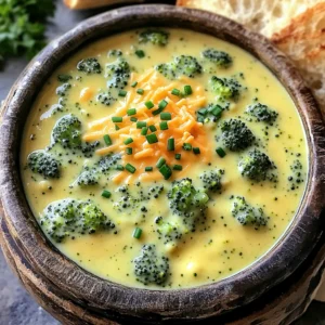- 4 cups fresh broccoli florets - 1 medium onion, finely chopped - 2 cloves garlic, minced - 1 cup heavy cream - 2 cups sharp cheddar cheese, shredded - 3 cups vegetable broth - 1 tablespoon olive oil - 1 teaspoon salt - ½ teaspoon black pepper - ½ teaspoon nutmeg - 1 tablespoon cornstarch (optional, for thickening) This recipe starts with fresh broccoli, which gives the soup its bright color and nutrition. I recommend using firm, vibrant florets. The onion adds sweetness and depth, while garlic gives a warm aroma. For creaminess, I use heavy cream. It makes the soup rich and smooth. The sharp cheddar cheese brings a wonderful flavor that pairs perfectly with broccoli. In the pantry, vegetable broth forms the base of this soup. I prefer low-sodium broth to control the salt level. Olive oil helps sauté the onion and garlic, enhancing their flavors. Spices like salt, black pepper, and nutmeg bring warmth to the dish. If you want a thicker soup, add cornstarch. Mix it with water first to avoid lumps. Gather these ingredients, and you’re ready to make a bowl of cozy comfort! To start, you'll need to blanch the broccoli. This step keeps the bright green color and tender bite. - Blanching Process: Bring a large pot of water to a boil. Add 4 cups of fresh broccoli florets. Boil for 3-4 minutes. - Setting Aside Tips: Drain the broccoli in a colander. Rinse it with cold water to stop cooking. Set aside while you prepare the other ingredients. Next, we sauté the onion and garlic. This step builds flavor in your soup. - Importance of Sautéing: Sautéing draws out the sweet taste of the onion. It also adds depth to the soup. - Cooking Times: In the same pot, heat 1 tablespoon of olive oil over medium heat. Add 1 finely chopped onion. Cook for about 5 minutes until it turns translucent. Then add 2 minced garlic cloves and cook for 1 more minute. Now, we bring it all together in the pot. This step is crucial for flavor. - Simmering Details: Pour in 3 cups of vegetable broth. Add the blanched broccoli, 1 teaspoon of salt, ½ teaspoon of black pepper, and ½ teaspoon of nutmeg. Let it simmer for about 10 minutes. - Flavor Melding Tips: Stir occasionally. This helps the flavors mix well and develop. To make the soup creamy, blending is key. - Using an Immersion Blender: After simmering, use an immersion blender to puree the soup until smooth. If you want some chunks, blend only half. - Adjusting Texture Preferences: If you like it thicker, you can blend a bit less. This gives you control over the texture. Time to make it rich and cheesy! - Melting Cheese Techniques: Stir in 1 cup of heavy cream. Gradually add 2 cups of shredded sharp cheddar cheese. Mix until the cheese melts fully. - Thickening Options with Cornstarch: If you want a thicker soup, dissolve 1 tablespoon of cornstarch in a little water. Stir it in and cook for an extra 2-3 minutes. This is your moment to shine! - Importance of Seasoning Adjustments: Always taste your soup before serving. Add more salt or pepper if it needs it. - Final Texture Checks: Check the soup's texture too. If it’s too thick, add a bit more broth. If it’s too thin, simmer a little longer. To get the right texture for your soup, you have two choices. You can blend the soup fully for a smooth finish. If you like some texture, blend only half. This gives you both smooth and chunky bits. Use an immersion blender for easy blending right in the pot. Adding extra flavors makes your soup shine. Here are some ideas: - A pinch of cayenne pepper for heat. - A dash of garlic powder for more depth. - Fresh herbs like thyme or rosemary for a fragrant touch. - A squeeze of lemon juice for brightness. How you serve the soup makes it special. Consider these ideas: - Garnish with chopped chives or parsley for color. - Add a sprinkle of extra cheese on top just before serving. - Serve in rustic bread bowls for a cozy feel. - Pair with crusty bread for dipping. {{image_2}} You can easily make this soup vegetarian or vegan. For a vegan version, use coconut cream instead of heavy cream. Swap sharp cheddar for a vegan cheese. You still get that creamy texture without dairy. For low-carb options, replace the heavy cream with cauliflower puree. This keeps the soup thick and delicious without the carbs. Feel free to swap cheeses! Instead of sharp cheddar, try Gruyère or Monterey Jack. Each brings a unique flavor. You can also add different vegetables. For example, use spinach or kale for a nutrient boost. Carrots and celery can add more texture and taste. Want to make this soup heartier? Add cooked chicken or crispy bacon. Shredded rotisserie chicken mixes well. Bacon adds a nice crunch and smoky flavor. For vegetarian protein, consider adding chickpeas or tofu. Both options will give you a satisfying bite. You can store leftover creamy broccoli cheddar soup in the fridge. Make sure to let it cool first. Transfer it to an airtight container. It stays fresh for up to 3 days. If you want to keep it longer, consider freezing it. Freezing soup is simple. First, let the soup cool completely. Pour it into freezer-safe containers. Leave some space at the top for expansion. You can freeze it for up to 3 months. When ready to eat, just thaw it in the fridge overnight. To reheat the soup, use a pot on the stove. Heat it over low to medium heat. Stir often to keep it smooth. If it seems too thick, add a splash of broth or water. You can also use the microwave. Place it in a bowl and heat in short intervals, stirring in between. This keeps the soup creamy and delicious. To make this soup vegan, you can swap out the heavy cream and cheese. Use coconut cream or cashew cream for a rich base. For cheese, try a vegan cheese that melts well. Nutritional yeast can also add a cheesy flavor without dairy. Yes, you can use frozen broccoli. Just skip the blanching step. Instead, add the frozen florets directly to the pot when you combine the broth and seasoning. Cook for about 10-12 minutes, or until heated through. This soup pairs well with several sides. You can serve it with crusty bread for dipping. A simple green salad adds freshness. You can also enjoy it with a grilled cheese sandwich for a classic combo. You now have a clear plan for making delicious Creamy Broccoli Cheddar Soup. Start with fresh produce, key dairy, and pantry staples. Follow the step-by-step instructions to create a flavorful blend. Remember to adjust seasonings and textures to your liking. Consider variations to meet dietary needs, and explore storage tips for leftovers. With these guidelines, enjoy a tasty and comforting soup that you can share with family and friends. Keep cooking and experimenting; your culinary skills will only grow!