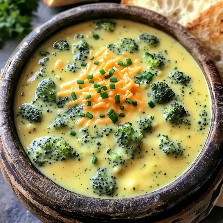 - 4 cups fresh broccoli florets - 1 medium onion, finely chopped - 2 cloves garlic, minced - 1 cup heavy cream - 2 cups sharp cheddar cheese, shredded - 3 cups vegetable broth - 1 tablespoon olive oil - 1 teaspoon salt - ½ teaspoon black pepper - ½ teaspoon nutmeg - 1 tablespoon cornstarch (optional, for thickening) This recipe starts with fresh broccoli, which gives the soup its bright color and nutrition. I recommend using firm, vibrant florets. The onion adds sweetness and depth, while garlic gives a warm aroma. For creaminess, I use heavy cream. It makes the soup rich and smooth. The sharp cheddar cheese brings a wonderful flavor that pairs perfectly with broccoli. In the pantry, vegetable broth forms the base of this soup. I prefer low-sodium broth to control the salt level. Olive oil helps sauté the onion and garlic, enhancing their flavors. Spices like salt, black pepper, and nutmeg bring warmth to the dish. If you want a thicker soup, add cornstarch. Mix it with water first to avoid lumps. Gather these ingredients, and you’re ready to make a bowl of cozy comfort! To start, you'll need to blanch the broccoli. This step keeps the bright green color and tender bite. - Blanching Process: Bring a large pot of water to a boil. Add 4 cups of fresh broccoli florets. Boil for 3-4 minutes. - Setting Aside Tips: Drain the broccoli in a colander. Rinse it with cold water to stop cooking. Set aside while you prepare the other ingredients. Next, we sauté the onion and garlic. This step builds flavor in your soup. - Importance of Sautéing: Sautéing draws out the sweet taste of the onion. It also adds depth to the soup. - Cooking Times: In the same pot, heat 1 tablespoon of olive oil over medium heat. Add 1 finely chopped onion. Cook for about 5 minutes until it turns translucent. Then add 2 minced garlic cloves and cook for 1 more minute. Now, we bring it all together in the pot. This step is crucial for flavor. - Simmering Details: Pour in 3 cups of vegetable broth. Add the blanched broccoli, 1 teaspoon of salt, ½ teaspoon of black pepper, and ½ teaspoon of nutmeg. Let it simmer for about 10 minutes. - Flavor Melding Tips: Stir occasionally. This helps the flavors mix well and develop. To make the soup creamy, blending is key. - Using an Immersion Blender: After simmering, use an immersion blender to puree the soup until smooth. If you want some chunks, blend only half. - Adjusting Texture Preferences: If you like it thicker, you can blend a bit less. This gives you control over the texture. Time to make it rich and cheesy! - Melting Cheese Techniques: Stir in 1 cup of heavy cream. Gradually add 2 cups of shredded sharp cheddar cheese. Mix until the cheese melts fully. - Thickening Options with Cornstarch: If you want a thicker soup, dissolve 1 tablespoon of cornstarch in a little water. Stir it in and cook for an extra 2-3 minutes. This is your moment to shine! - Importance of Seasoning Adjustments: Always taste your soup before serving. Add more salt or pepper if it needs it. - Final Texture Checks: Check the soup's texture too. If it’s too thick, add a bit more broth. If it’s too thin, simmer a little longer. To get the right texture for your soup, you have two choices. You can blend the soup fully for a smooth finish. If you like some texture, blend only half. This gives you both smooth and chunky bits. Use an immersion blender for easy blending right in the pot. Adding extra flavors makes your soup shine. Here are some ideas: - A pinch of cayenne pepper for heat. - A dash of garlic powder for more depth. - Fresh herbs like thyme or rosemary for a fragrant touch. - A squeeze of lemon juice for brightness. How you serve the soup makes it special. Consider these ideas: - Garnish with chopped chives or parsley for color. - Add a sprinkle of extra cheese on top just before serving. - Serve in rustic bread bowls for a cozy feel. - Pair with crusty bread for dipping. {{image_2}} You can easily make this soup vegetarian or vegan. For a vegan version, use coconut cream instead of heavy cream. Swap sharp cheddar for a vegan cheese. You still get that creamy texture without dairy. For low-carb options, replace the heavy cream with cauliflower puree. This keeps the soup thick and delicious without the carbs. Feel free to swap cheeses! Instead of sharp cheddar, try Gruyère or Monterey Jack. Each brings a unique flavor. You can also add different vegetables. For example, use spinach or kale for a nutrient boost. Carrots and celery can add more texture and taste. Want to make this soup heartier? Add cooked chicken or crispy bacon. Shredded rotisserie chicken mixes well. Bacon adds a nice crunch and smoky flavor. For vegetarian protein, consider adding chickpeas or tofu. Both options will give you a satisfying bite. You can store leftover creamy broccoli cheddar soup in the fridge. Make sure to let it cool first. Transfer it to an airtight container. It stays fresh for up to 3 days. If you want to keep it longer, consider freezing it. Freezing soup is simple. First, let the soup cool completely. Pour it into freezer-safe containers. Leave some space at the top for expansion. You can freeze it for up to 3 months. When ready to eat, just thaw it in the fridge overnight. To reheat the soup, use a pot on the stove. Heat it over low to medium heat. Stir often to keep it smooth. If it seems too thick, add a splash of broth or water. You can also use the microwave. Place it in a bowl and heat in short intervals, stirring in between. This keeps the soup creamy and delicious. To make this soup vegan, you can swap out the heavy cream and cheese. Use coconut cream or cashew cream for a rich base. For cheese, try a vegan cheese that melts well. Nutritional yeast can also add a cheesy flavor without dairy. Yes, you can use frozen broccoli. Just skip the blanching step. Instead, add the frozen florets directly to the pot when you combine the broth and seasoning. Cook for about 10-12 minutes, or until heated through. This soup pairs well with several sides. You can serve it with crusty bread for dipping. A simple green salad adds freshness. You can also enjoy it with a grilled cheese sandwich for a classic combo. You now have a clear plan for making delicious Creamy Broccoli Cheddar Soup. Start with fresh produce, key dairy, and pantry staples. Follow the step-by-step instructions to create a flavorful blend. Remember to adjust seasonings and textures to your liking. Consider variations to meet dietary needs, and explore storage tips for leftovers. With these guidelines, enjoy a tasty and comforting soup that you can share with family and friends. Keep cooking and experimenting; your culinary skills will only grow!