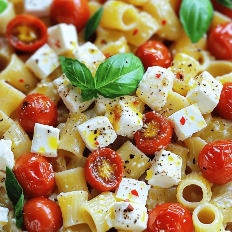 - Pasta options: You can use any pasta shape you like. Bowtie, penne, or spaghetti work well. Choose what you enjoy most. - Choosing the right feta cheese: A block of feta cheese is best for this dish. It melts well and gives a creamy texture. Look for high-quality feta for great flavor. - Alternative ingredients for customization: You can add other veggies like bell peppers or zucchini. For a meatier dish, try adding cooked chicken or shrimp. You can also swap dried herbs for fresh ones for more flavor. 1. Start by preheating your oven to 400°F (200°C). This step is key for even cooking. 2. In a baking dish, place the block of feta cheese in the center. Then, surround it with halved cherry tomatoes. This creates a beautiful and tasty base. 3. Now, drizzle 3 tablespoons of olive oil over the feta and tomatoes. Next, add minced garlic, dried basil, oregano, salt, and pepper on top. This mix adds a lot of flavor. 1. Cook your pasta according to the package instructions. I recommend any shape you like, but make sure to cook it until it is al dente. This means the pasta is firm but not hard. 2. Keep an eye on the baking dish while your pasta cooks. You want to time it so both are ready at the same time. This helps the flavors come together nicely. 1. Once the feta and tomatoes are baked, take them out of the oven. Use a fork to mash the feta and tomatoes together. This creates a creamy and delicious sauce. 2. Add the cooked pasta to the baking dish. Toss everything together until well combined. If you like a little heat, sprinkle in some red pepper flakes for spice. 3. Your TikTok Baked Feta Pasta is now ready to enjoy! To make your feta creamy, use a good quality block. When it bakes, it should soften and mix easily. Bake it until it’s soft and the tomatoes are blistering. To adjust seasoning, taste as you go. If it needs more flavor, add salt or herbs. Adding garlic is a great way to boost flavor. Fresh garlic gives a bright taste, while minced garlic is easier to mix. You can also add red pepper flakes for a spicy kick. Start with a pinch and add more to your taste. Pair your dish with a simple salad or garlic bread for a full meal. For a nice presentation, serve it in the baking dish with fresh basil on top. This adds color and freshness. Enjoy your meal with friends or family! {{image_2}} You can swap feta cheese for vegan options like tofu or cashew cheese. This keeps the creamy texture while making it plant-based. Adding vegetables like zucchini or spinach gives the dish a healthy twist. Simply toss in your favorites before baking. If you need gluten-free options, use rice or corn pasta. These work well and taste great. For low-carb variations, try using spiralized zucchini or shirataki noodles. Both options keep the dish light and fresh. Feel free to mix up the herbs and spices. Try thyme or rosemary for a new flavor. You can also add protein. Cooked chicken or shrimp makes this dish heartier. Just toss them in with the pasta for a complete meal. To store your leftover TikTok baked feta pasta, let it cool first. Place it in an airtight container. This keeps it fresh for later meals. When reheating, use the microwave or a pan on low heat. Add a splash of olive oil or a bit of water. This helps prevent it from drying out. Stir well while heating for even warmth. Yes, you can freeze baked feta pasta! First, let it cool completely. Then, transfer it to a freezer-safe container. Make sure to leave some space for expansion. When ready to eat, thaw it in the fridge overnight. Reheat it gently on the stove or in the oven. You may need to add a bit of liquid to restore creaminess. In the fridge, baked feta pasta lasts about 3 to 5 days. Always check for signs of spoilage. Look for off smells or changes in color. If the pasta seems dry or has mold, it’s best to throw it away. Enjoy your tasty dish while it's fresh! You can use any pasta shape you like! I often choose penne or fusilli. They hold the sauce well. Spaghetti or bowtie pasta also works great. Just make sure to cook it al dente for the best texture. Yes, you can! Cream cheese or goat cheese makes a nice swap. They will change the flavor, but still taste good. Just remember that feta adds a unique saltiness that others may lack. Without red pepper flakes, the dish is not spicy at all. It has a mild flavor from the garlic and herbs. If you like a little heat, you can add the flakes. Adjust to your taste! Leftover baked feta can be used in many ways. Mix it into salads for extra creaminess. You can also spread it on toast or mix it with veggies. It makes a great dip too! To serve more people, simply double the recipe. Use a larger dish for baking. Cook more pasta and use more cheese and tomatoes. This way, everyone gets a delicious serving! In this post, we explored the tasty world of TikTok Baked Feta Pasta. We covered ingredients, step-by-step cooking instructions, and helpful tips. You'll find options for customizing the pasta to fit your needs, whether you want vegan or gluten-free. Baked feta pasta is simple and fun to make. You'll impress your friends and family. With the right ingredients and a few tricks, you can create a dish that everyone will love. Enjoy your cooking adventure!