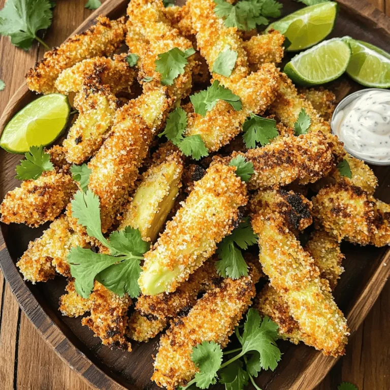 - 2 ripe avocados - 1 cup panko breadcrumbs - ½ cup all-purpose flour - 2 large eggs - 1 teaspoon garlic powder - 1 teaspoon paprika - ½ teaspoon cayenne pepper (optional, for heat) - Salt and pepper to taste - Cooking spray (for air frying) To make crispy air fryer avocado fries, you need fresh avocados. Choose ripe ones for the best texture. These avocados will be soft and easy to scoop. You will also need panko breadcrumbs. Panko gives a great crunch. All-purpose flour helps the coating stick to the avocado. Eggs are essential for binding. They help the breadcrumbs cling well. Garlic powder and paprika add flavor and warmth. You can add cayenne pepper for extra heat, but it is optional. Don’t forget salt and pepper. They enhance all flavors in this dish. Lastly, cooking spray is key for air frying. It prevents sticking and gives a nice finish. With these ingredients, you can create a tasty snack that is both simple and fun to make. 1. Start by cutting the avocados in half. Use a sharp knife and be careful. 2. Remove the pit by gently twisting it out with a spoon or knife. 3. Scoop the green flesh from each half. Make sure to keep it intact. 4. Slice the avocado into wedges or thick fries. Aim for even sizes to cook well. 1. In a shallow bowl, mix the all-purpose flour, garlic powder, paprika, cayenne pepper, salt, and pepper. This mix adds great flavor. 2. Crack the two large eggs into another bowl. Beat them well with a fork or whisk. 3. Place the panko breadcrumbs in a third bowl. For extra crunch, toast them lightly in a pan before using. 1. Preheat your air fryer to 400°F (200°C) for about 5 minutes. This helps get the fries crispy. 2. Lightly spray the air fryer basket with cooking spray to prevent sticking. 3. Dredge each avocado slice in the flour mixture. Make sure it gets a good coating. 4. Dip the floured avocado into the beaten eggs. Let any excess egg drip off. 5. Coat the avocado in panko breadcrumbs, pressing lightly. Repeat for all slices. 6. Arrange the avocado fries in a single layer in the air fryer basket. Do not overcrowd them. 7. Lightly spray the tops of the fries with cooking spray. 8. Cook for about 10-12 minutes. Flip them halfway through for even cooking. Look for a golden brown color. 9. Once done, remove the fries and let them cool slightly before serving. Enjoy your crispy avocado fries! To keep your avocado fries crispy, use panko breadcrumbs. They offer great crunch. Make sure to coat them well. Dredge in flour first, then dip in egg. Finally, cover with panko. Lightly spray the fries with cooking spray before frying. This helps them crisp up nicely. Adjust seasonings to suit your taste. I suggest adding more garlic powder or paprika for a bolder flavor. If you like heat, include cayenne pepper. A pinch of salt and pepper is a must. Remember, you can always taste and tweak! For a zesty kick, try a lime dipping sauce. Just mix fresh lime juice with sour cream or yogurt. If you want spice, pair your fries with spicy mayo. Just mix mayo with sriracha or hot sauce. These sauces elevate the flavor of the fries. Consider serving them with fresh cilantro and lime wedges. They add color and freshness to your plate. You can prep avocado fries in advance. Slice the avocados and coat them with the breading. Place them on a tray, and cover with plastic wrap. Keep them in the fridge for up to a few hours. This saves time when you are ready to cook. For storage, avoid stacking them. Keep them in a single layer to prevent sticking. Once ready to cook, air fry them straight from the fridge. Just add a couple of extra minutes to the cooking time. {{image_2}} You can boost the taste of your avocado fries by adding spices or herbs. Try using cumin, onion powder, or Italian seasoning for a new twist. Each spice brings its own flavor, making every batch unique. If you want a vegan option for the batter, use almond milk or plant-based milk instead of eggs. This change keeps the fries crispy without losing flavor. Just dip the avocado slices in the milk before coating them with panko breadcrumbs. These crispy avocado fries pair well with many sides. Try serving them with a fresh salad or some crunchy veggies. They also go great with dips like spicy mayo or guacamole. For a complete meal, serve the fries with grilled chicken or fish. This combo adds protein and makes a balanced plate. You can even stack them on a burger for a tasty twist! To store cooked avocado fries, let them cool first. Place them in an airtight container. This keeps them fresh for later. You can store them in the fridge for up to 2 days. Avoid leaving them out at room temperature. The longer they sit, the less crispy they become. For the best texture when reheating, use your air fryer. Preheat the air fryer to 375°F (190°C). Place the leftover fries in a single layer. Heat for about 5 minutes. This method makes them crispy again. If you don’t have an air fryer, you can use the oven. Preheat your oven to 400°F (200°C). Spread the fries on a baking sheet in a single layer. Bake for about 8-10 minutes. Check to see if they are warm and crispy. Enjoy your tasty snack! Can I use frozen avocado fries? Yes, you can use frozen avocado fries. Just cook them in the air fryer without thawing. Adjust the time to ensure they cook through. What type of avocados work best? Ripe Hass avocados work best for this recipe. They have a creamy texture and rich flavor, making them perfect for frying. How do I prevent browning before cooking? To prevent browning, sprinkle the avocado slices with lemon or lime juice. This keeps them fresh and bright until you're ready to cook. Overview of calories per serving Each serving has about 250 calories. This makes a great snack or side dish for your meals. Dietary considerations These avocado fries are gluten-free if you use gluten-free flour and panko. They are also vegan if you substitute the eggs with a plant-based alternative. What to do if fries are soggy? If your fries turn out soggy, try air frying them longer. Increase the time by a few minutes to help them crisp up. Best practices for air frying in batches When air frying in batches, keep the fries in a single layer. This helps them cook evenly and stay crispy. Avoid overcrowding the air fryer basket. You now have a simple guide to make tasty air-fried avocado fries. We covered the ingredients, step-by-step prep, and cooking process. You learned how to achieve the perfect texture and explore variations for extra flavor. Remember, these fries are great for snacks or meals. Store leftovers properly to enjoy them later. With the right tips, you will impress anyone with your cooking. Enjoy exploring new flavors and diving into this delicious recipe!