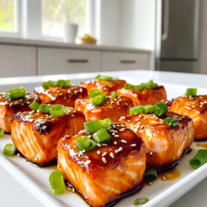 - 1 lb skinless salmon fillet, cut into 1-inch cubes - 1/4 cup teriyaki sauce (store-bought or homemade) - 1 tablespoon sesame oil - 1 tablespoon honey - 1 teaspoon freshly grated ginger - 1 clove garlic, minced - 2 green onions, chopped (for garnish) - 1 tablespoon sesame seeds (for garnish) Gathering the right ingredients is key to making great Air Fryer Teriyaki Salmon Bites. First, I use fresh, skinless salmon fillets. I cut them into 1-inch cubes for even cooking. The teriyaki sauce brings sweet and savory notes. You can buy it or make your own at home. Next, I add sesame oil for a nutty flavor. Honey adds a touch of sweetness. Freshly grated ginger and minced garlic provide depth. They enhance the overall taste. For garnish, I use green onions and sesame seeds. These add color and crunch. Having these ingredients ready makes the cooking process smooth. You’ll love how simple and tasty this dish is! First, you need to make the marinade. In a medium bowl, whisk together the teriyaki sauce, sesame oil, honey, grated ginger, and minced garlic. This mix gives the salmon a rich flavor. Next, take your salmon cubes and add them to the bowl. Make sure each piece is well coated with the marinade. Let the salmon marinate for 15 to 20 minutes. This step is key to infusing all those tasty flavors into the fish. Now, it's time to cook! Preheat your air fryer to 400°F (200°C). This usually takes about 3 to 5 minutes. Once preheated, place the marinated salmon bites in a single layer in the air fryer basket. Make sure not to overcrowd them; this helps them cook evenly. Cook the salmon bites for 8 to 10 minutes. Don't forget to shake the basket halfway through to ensure they cook evenly. The salmon should be fully cooked with a slightly crispy outside. After cooking, carefully remove the salmon bites from the air fryer. Place them on a serving platter. Garnish with chopped green onions and sprinkle sesame seeds on top. This adds a nice crunch and looks great! For presentation, you can drizzle some extra teriyaki sauce over the salmon. Serve with toothpicks for easy eating. You can also add some steamed rice or veggies on the side to make it a full meal. Enjoy your tasty bites! Marinating is key for great flavor in salmon bites. It helps the fish soak up tasty teriyaki sauce, sesame oil, and spices. I recommend marinating for at least 15-20 minutes. This time is perfect for the flavors to really blend into the salmon. If you have more time, you can marinate it longer for an even deeper taste. Cooking times may vary between air fryer models. Start with 8-10 minutes at 400°F (200°C). If your air fryer runs hot, check at 7 minutes. The salmon should flake easily with a fork when done. Look for a golden, slightly crispy outside. That means your salmon bites are ready to eat! Serve your teriyaki salmon bites on a nice platter. Pair them with steamed rice or fresh veggies for a full meal. You can also drizzle extra teriyaki sauce on top. For drinks, try a light beer or green tea for a refreshing match. These flavors work well together and make your meal even better! {{image_2}} You can change up the flavor by using different sauces. Try a sweet teriyaki sauce with pineapple. A spicy sauce can add heat. Look for chili garlic sauce or sriracha for a kick. If you want something sweet, add a touch of maple syrup or brown sugar to the marinade. This can make the salmon bites sticky and delicious. Adding vegetables to the air fryer makes this meal more balanced. Vegetables like bell peppers, broccoli, or snap peas work well. Simply cut them into small pieces and toss them in the same marinade. Cook them alongside the salmon for a colorful, tasty dish. This way, you get a complete meal in one go. If you want to swap salmon for other proteins, you have options. Chicken or shrimp can work well with this recipe. Cut them into bite-sized pieces and follow the same marinating steps. For a vegetarian choice, try tofu. Press it to remove the water, then cube it and marinate. This adds great flavor and makes a filling meal. To store leftover salmon bites, place them in an airtight container. This helps to keep them fresh. You can store them in the fridge for up to three days. Make sure they cool down before sealing to avoid steam buildup. If you want to freeze salmon bites, first let them cool completely. Place them in a freezer-safe bag or container. Lay them flat for easier stacking. They can last up to three months in the freezer. When ready to eat, thaw them in the fridge overnight. This helps maintain their flavor and texture. To reheat salmon bites, preheat your air fryer to 350°F (175°C). Place the salmon bites in the fryer for about 5 minutes. This method helps keep them crispy. Avoid reheating in the microwave, as it can make them soggy. Always check for doneness to prevent overcooking. You should marinate the salmon for at least 15-20 minutes. This time allows the salmon to soak up the flavors from the teriyaki sauce and other ingredients. If you have more time, marinating for up to an hour can deepen the taste even more. Just remember, the key is to ensure the salmon is well-coated in the marinade. Yes, you can use frozen salmon for this recipe. Just make sure to thaw it first. You can do this by leaving it in the fridge overnight or using a microwave on the defrost setting. After thawing, pat the salmon dry before cutting it into cubes. This helps the marinade stick better and enhances the flavor. Several side dishes pair wonderfully with teriyaki salmon bites. Here are a few of my favorites: - Steamed rice: A classic choice that soaks up the teriyaki sauce. - Stir-fried vegetables: Broccoli, bell peppers, or snap peas add color and crunch. - Cucumber salad: A refreshing option to balance the rich flavors of the salmon. - Quinoa: A healthy grain that complements the dish well. - Edamame: A fun and healthy snack that adds protein to your meal. These sides make your meal complete and enhance the overall dining experience! In this post, we explored a tasty air fryer teriyaki salmon recipe. We covered essential ingredients, marinating tips, and step-by-step cooking instructions. I shared ways to enhance flavors and serve your dish beautifully. Remember to store leftovers properly for the best taste later. Experiment with sauces and vegetables to make it your own. This dish showcases salmon's versatility and makes meals delicious and simple. Enjoy creating a healthy meal that everyone will love.