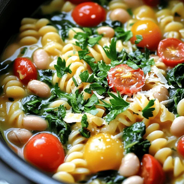 - 8 oz (225 g) pasta (penne or fusilli works well) - 1 can (15 oz) white beans (cannellini or great northern), drained and rinsed - 2 cups vegetable broth - 1 cup cherry tomatoes, halved - 2 cups baby spinach - 3 cloves garlic, minced - 1 teaspoon dried basil - 1 teaspoon dried oregano - 1 tablespoon olive oil - Salt and pepper to taste - Fresh parsley, chopped (for garnish) - Grated Parmesan cheese (optional, for serving) Choosing the right pasta is key. I like using penne or fusilli because they hold sauce well. White beans add creaminess and protein. Cherry tomatoes bring a sweet burst of flavor. Baby spinach wilts quickly and adds color. Fresh garlic gives that aromatic kick that we all love. You can swap the pasta for gluten-free options if needed. If you want more protein, add cooked chicken or shrimp. For a spicy kick, toss in red pepper flakes. You can also mix in seasonal veggies like zucchini or bell peppers for added crunch and nutrition. To start, gather all your ingredients. You need: - 8 oz pasta (like penne or fusilli) - 1 can white beans (cannellini or great northern) - 2 cups vegetable broth - 1 cup cherry tomatoes, halved - 2 cups baby spinach - 3 cloves garlic, minced - 1 teaspoon dried basil - 1 teaspoon dried oregano - 1 tablespoon olive oil - Salt and pepper to taste - Fresh parsley, chopped (for garnish) - Grated Parmesan cheese (optional) Now, drain and rinse the white beans. This helps remove extra salt. Halve the cherry tomatoes. Mince the garlic. These steps make everything ready for cooking. Heat the olive oil in a large pot over medium heat. Once hot, add the minced garlic. Cook it for about one minute. You want it fragrant, not burnt. Next, toss in the halved cherry tomatoes. Cook them for 2-3 minutes until they soften. This adds great flavor to your dish. Now, add the pasta, white beans, vegetable broth, dried basil, dried oregano, salt, and pepper. Stir everything well to mix. Bring this mixture to a boil, then lower the heat to a simmer. Cover the pot and let it cook for 10-12 minutes. Stir occasionally to keep the pasta from sticking. When the pasta is al dente, fold in the baby spinach. Let it wilt for about 2 minutes. This adds color and nutrition to your meal. Taste the dish and adjust the seasoning if needed. Serve the pasta hot in bowls. Garnish with chopped parsley for freshness. If you like, sprinkle some grated Parmesan cheese on top. For an extra kick, add a drizzle of olive oil and a pinch of red pepper flakes. This makes your dish pop with flavor and looks great! Enjoy your meal! To get the best texture, use the right pasta. I recommend penne or fusilli. These shapes hold sauce well. Cook the pasta until it is al dente. This means it should be firm to the bite. Stir the pasta often while it cooks. This helps prevent sticking. If you find it too dry, add a splash of vegetable broth. This keeps everything nice and creamy. To boost the flavor, use fresh garlic. Fresh herbs also make a big difference. Add more dried basil and oregano if you like. A pinch of red pepper flakes can add a nice kick. When serving, drizzle a bit of olive oil on top. This adds richness. For added depth, try using roasted cherry tomatoes instead of fresh ones. This dish can be made allergy-friendly easily. Swap the pasta for a gluten-free option if needed. You can use gluten-free penne or fusilli. If you're avoiding dairy, skip the Parmesan cheese. Instead, top it with nutritional yeast for a cheesy flavor. Always check labels on broth and canned beans for allergens. This ensures everyone at your table can enjoy the meal. {{image_2}} You can use many types of pasta in this dish. I love penne or fusilli, but you can choose your favorite. Try whole wheat pasta for a nutty flavor. Gluten-free pasta works too if you need it. Just cook it according to the package directions. Want a heartier meal? Add some protein! Chicken breast or shrimp fits in well. For chicken, cook it in the pot first, then set it aside. Add it back in when you mix in the spinach. Shrimp cooks fast, so add it during the last few minutes. Both options add flavor and make the dish more filling. Seasonal veggies can brighten up this dish. In spring, add peas or asparagus. In summer, zucchini or bell peppers shine. In fall, try butternut squash or kale. Each veggie brings its own taste and texture. Feel free to get creative and use what you have on hand! After cooking, let the pasta cool down. Place it in an airtight container. It will stay fresh in the fridge for up to three days. Make sure to store it without the cheese on top. This keeps the dish from getting soggy. You can freeze One Pot Tuscan White Bean Pasta. First, let it cool completely. Then, transfer it to a freezer-safe container. It can last in the freezer for up to three months. When you’re ready to eat, thaw it overnight in the fridge before reheating. To reheat, you can use the stove or microwave. On the stove, add a splash of broth. Warm it over low heat until hot. Stir often to keep it from sticking. In the microwave, heat in short bursts. Stir in between to make sure it warms evenly. Enjoy your meal just like the first time! Yes, you can easily make this dish vegan. Just skip the Parmesan cheese. The white beans and veggies add enough flavor. If you want a cheesy taste, try nutritional yeast. It blends well and is a great vegan option. For this dish, I recommend short pasta like penne or fusilli. These shapes hold the sauce better. Plus, they mix well with the beans and veggies. You can also use whole wheat or gluten-free pasta if you prefer. To keep your pasta from sticking, stir it often while it cooks. Use enough broth so the pasta has room to move. Once the pasta is cooked, mix in the spinach right away. This helps keep everything loose and tasty. This article covered key points for making the perfect pasta dish, from ingredients to storage. You learned how to choose the best ingredients and personalize your meal. The cooking steps ensure great flavor and texture. We discussed ways to make it allergy-friendly and even how to store it. Now, you have all the tools to create a delicious pasta that suits your taste. Enjoy experimenting with variations, and remember: cooking is about having fun and making it your own!