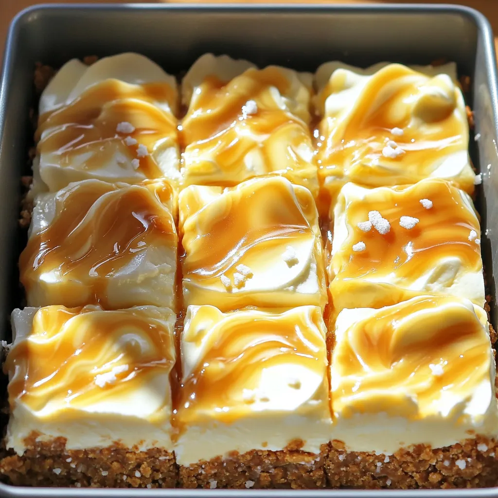 To make No-Bake Caramel Pretzel Cheesecake Bars, gather these ingredients: - 1 ½ cups pretzel sticks - 1/2 cup unsalted butter, melted - 1/4 cup brown sugar - 16 oz cream cheese, softened - 1 cup powdered sugar - 1 cup heavy whipping cream - 1 teaspoon vanilla extract - 1 cup caramel sauce - Sea salt for sprinkling (optional) These ingredients come together to create a tasty treat. The pretzels give a salty crunch, while the caramel adds sweetness. You can customize these bars in fun ways. Try adding: - Chopped nuts for extra crunch - Different flavored cream cheese, like strawberry - Chocolate drizzle on top - A dash of cinnamon in the crust These options let you play with flavors and textures. Each twist makes the dessert uniquely yours. You will need some tools for this recipe: - A food processor for crushing pretzels - A mixing bowl for the filling - An electric mixer to blend the cream cheese - A spatula for smooth layering - An 8x8-inch baking pan to hold the bars - Plastic wrap for covering the pan Gather these items before you start. This way, you will have everything ready for a fun cooking session. To start, gather your pretzel sticks. You need 1 ½ cups of them. Use a food processor to crush those pretzels. Aim for coarse crumbs, not fine dust. This gives your crust a nice crunch. Next, melt a ½ cup of unsalted butter. Combine the crushed pretzels, melted butter, and ¼ cup of brown sugar in a mixing bowl. Stir until everything blends well. Now, press this mixture evenly into the bottom of an 8x8-inch baking pan. Make sure it forms a solid layer. Place the pan in the refrigerator while you move on to the cheesecake layer. For the cheesecake filling, start with 16 oz of softened cream cheese. Use an electric mixer to beat it in a large bowl. Mix until it’s creamy and smooth. Slowly add 1 cup of powdered sugar and 1 teaspoon of vanilla extract. Keep mixing until it’s all well combined. In another bowl, whip 1 cup of heavy cream until stiff peaks form. This step is key for a fluffy filling. Gently fold the whipped cream into the cream cheese mixture. Be careful not to deflate it. You want to keep that light texture. Now it's time to layer your ingredients. Spread half of the cheesecake mixture over the chilled pretzel crust. Use a spatula to smooth it out. Drizzle half of the caramel sauce over this layer. Next, add the remaining cheesecake mixture on top. Spread it evenly again. Finish by drizzling the rest of the caramel sauce over the top. Grab a toothpick and swirl it around for a marbled look. If you like, sprinkle a pinch of sea salt on top for extra flavor. Cover the pan with plastic wrap and refrigerate for at least 4 hours, or overnight. Once firm, cut into bars and enjoy your delicious creation! To get a creamy cheesecake, use room temperature cream cheese. Softened cream cheese blends better. Mix it well until smooth. Whipping the heavy cream until stiff peaks form adds lightness. Gently fold it into the cream cheese. This keeps the texture fluffy. One mistake is not crushing pretzels enough. You want them to be fine crumbs. If they are too chunky, the crust won't hold together. Another mistake is over-mixing the cheesecake. Once you fold in the whipped cream, do it gently. Over-mixing can deflate the air you just added. For a beautiful presentation, cut the bars into even squares. Drizzle extra caramel sauce on top for a shine. A sprinkle of sea salt adds a nice touch. Serve them chilled for the best taste. You can also add some fresh fruit on the side for color. {{image_2}} You can change the flavor of these cheesecake bars easily. Try adding melted chocolate or peanut butter to the filling. For chocolate, use ½ cup of melted dark chocolate. Mix it into the cream cheese before adding the whipped cream. For peanut butter, use ½ cup of creamy peanut butter. Blend it in with the cream cheese. These flavors bring a new twist and make the dessert even more fun! If you need gluten-free options, use gluten-free pretzel sticks. They work just as well in the crust. For a healthier twist, swap the heavy cream for Greek yogurt. This change gives a lighter texture. You can also use low-fat cream cheese. This keeps the bars creamy but cuts down on calories. The toppings can change the look and taste of your bars. You can add crushed nuts, like peanuts or almonds, for a crunch. Fresh fruit, like sliced strawberries or bananas, tastes great too. Drizzling more caramel sauce on top adds sweetness. A sprinkle of sea salt enhances all the flavors. Each topping lets you create a new version of these delicious bars! To keep your No-Bake Caramel Pretzel Cheesecake Bars fresh, cover them tightly. Use plastic wrap or aluminum foil to seal the pan. You can also transfer the bars to an airtight container. This keeps them from drying out and helps preserve their flavor. When stored properly in the fridge, these bars last about 5 days. After that, they may lose their texture and taste. If you notice any changes in smell or appearance, it is best to discard them. You can freeze these cheesecake bars for longer storage. First, cut them into individual pieces. Wrap each piece in plastic wrap and place them in a freezer-safe container. They can stay in the freezer for up to 3 months. When ready to enjoy, thaw them in the fridge overnight. This keeps their creamy texture intact! Yes, you can! While pretzel crust gives a nice salty crunch, graham crackers work too. Just crush them finely and mix with melted butter and sugar. You can also use cookies like Oreos for a sweet twist. This change will add different flavors and textures to your cheesecake bars. The cheesecake should feel firm to the touch. After chilling, it should not jiggle when you gently shake the pan. If the edges are firmer than the center, it is set well. You can also use a toothpick to check; it should come out clean when inserted into the center. Absolutely! These bars are great for making ahead. You can prepare them a day in advance. Just keep them covered in the fridge. They will taste even better as the flavors meld together. This makes them perfect for parties or gatherings, saving you time on the day of the event. This guide covered how to make delicious cheesecake bars using a pretzel crust. You learned about key ingredients, tools, and step-by-step cooking tips to help you succeed. Remember to avoid common mistakes and use fun variations for flavor. Proper storage can keep your bars fresh for longer. With these tips, you can create a tasty treat, impress friends, and enjoy homemade desserts anytime. Keep experimenting to make this recipe your own!