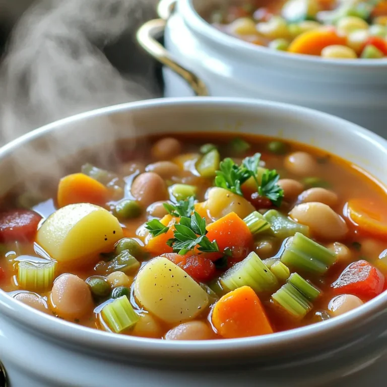 To make a delicious slow cooker minestrone beans dish, you need simple, fresh ingredients. Here’s what you will need: - 1 cup dried cannellini beans, soaked overnight - 1 cup diced carrots - 1 cup diced celery - 1 cup diced zucchini - 1 cup diced potatoes - 1 cup chopped green beans - 1 can (14 oz) diced tomatoes with juice - 4 cups vegetable broth - 1 teaspoon dried oregano - 1 teaspoon dried basil - 2 cloves garlic, minced - 1 bay leaf - Salt and pepper to taste - ½ cup small pasta (like ditalini or elbow) - 2 tablespoons olive oil - Fresh parsley, chopped (for garnish) Each ingredient plays a key role. The dried cannellini beans give a creamy texture. Fresh vegetables add color and nutrients. Canned tomatoes provide a rich base. Herbs like oregano and basil bring out the flavors. Lastly, vegetable broth ties everything together with warmth. Make sure to use fresh veggies for better taste. When you gather these ingredients, you will feel the excitement of cooking a comforting meal. To start, you need to soak the dried beans. Place 1 cup of cannellini beans in a bowl and cover them with water. Let them soak overnight. This step softens the beans and helps them cook evenly. Once soaked, drain the beans and rinse them well. Rinsing removes excess sodium and any unwanted residues. You want your beans clean and ready to go! Next, let's sauté the vegetables. In a skillet, heat 2 tablespoons of olive oil over medium heat. Add 2 cloves of minced garlic, along with 1 cup of diced carrots and 1 cup of diced celery. Sauté these for about 5 minutes. You want them to start softening. Sautéing boosts the flavors of the veggies. This step makes your soup taste rich and deep. Now, transfer the sautéed vegetables into your slow cooker. Add the remaining veggies: 1 cup of diced zucchini, 1 cup of diced potatoes, and 1 cup of chopped green beans. Toss in the soaked beans, 1 can of diced tomatoes with juice, and 4 cups of vegetable broth. Next, sprinkle in 1 teaspoon of dried oregano, 1 teaspoon of dried basil, a bay leaf, and salt and pepper to taste. Mix all the ingredients gently. Layering like this helps each flavor shine. Cover the slow cooker and set it to low heat. Cook for 6 to 8 hours. Check when the beans and vegetables are tender. About 30 minutes before serving, stir in ½ cup of small pasta. If it looks too thick, add more vegetable broth. Once the pasta is cooked, remove the bay leaf. Taste and adjust seasoning if needed. Ladle the minestrone into bowls and garnish with fresh parsley. Enjoy this hearty meal! Adjusting Seasoning to Taste Start with the basic amounts of salt and pepper. After cooking, taste your soup. If it needs more flavor, add a pinch of salt or pepper. You can also add more herbs if you like. Fresh herbs boost flavor, so try adding basil or oregano at the end. Importance of Freshness in Ingredients Use fresh vegetables whenever possible. Fresh carrots, celery, and zucchini add great taste. They also keep their shape and color well. Check your herbs, too. Dried herbs work, but fresh ones can make a big difference in taste. Best Practices for Slow Cooking Set your slow cooker to low for even cooking. This helps flavors mix well. Avoid opening the lid too often, as it lets heat escape. Trust the process; slow cooking brings out rich flavors over time. Adding Ingredients at Different Stages Add pasta about 30 minutes before serving. This keeps it from getting mushy. If you want to add leafy greens like spinach or kale, toss them in during the last 10 minutes. They will wilt perfectly without losing nutrients. Ideal Pairings with Minestrone Beans Serve your minestrone with crusty bread. The bread soaks up the rich broth well. A simple green salad also balances the meal. Try a light vinaigrette for extra freshness. Garnishing Techniques Garnish each bowl with fresh parsley. It adds color and flavor. A drizzle of olive oil on top enhances richness. You can also sprinkle some grated cheese for a savory touch. {{image_2}} Other Bean Options If you want to mix things up, you can use different beans. Try kidney beans or black beans. These beans add a twist in flavor and texture. They also give more protein. You can even use lentils for a quicker cook. Just remember, lentils cook faster than other beans. Seasonal Vegetable Alternatives Feel free to swap in seasonal veggies. In winter, add root vegetables like parsnips or turnips. In summer, use fresh corn or bell peppers. These swaps keep your dish fresh and exciting. You can also add greens like spinach or kale towards the end of cooking for a nutrient boost. Gluten-Free Options To make this dish gluten-free, choose gluten-free pasta. Many brands offer options that mimic regular pasta. Always check labels to ensure they meet gluten-free standards. Serve with gluten-free bread, and you have a great meal! Vegan vs. Vegetarian Choices This recipe is naturally vegan, as it uses vegetable broth. If you want a vegetarian version, you can add cheese. Grated Parmesan on top adds a nice touch. However, keep the dish vegan by skipping the cheese. Stovetop vs. Slow Cooker You can use a stovetop method for a faster cook. Sauté veggies and add all ingredients to a pot. Cook on medium heat for about an hour, stirring often. This method helps to build flavor quickly. Instant Pot Adaptation You can also use an Instant Pot. Sauté the veggies in the pot first. Then add all other ingredients and cook on high pressure for about 30 minutes. This method saves time and still gives great flavor. To keep your minestrone beans fresh, store them in an airtight container. Place the soup in the fridge within two hours of cooking. It stays good for about three to four days. If you want to keep it longer, freezing is a great option. Just let the soup cool down first, then pour it into freezer-safe bags or containers. Make sure to leave some space for expansion. You can freeze it for up to three months. When you are ready to eat the frozen soup, take it out and thaw it in the fridge overnight. You can also reheat it directly on the stove over low heat. If it seems too thick, add a bit of water or broth to loosen it up. Stir often to avoid burning. You can store minestrone beans in the fridge for about three to four days. If frozen, they last for up to three months. It is best to eat them within this time for the best taste. Always check for signs of spoilage, like off smells or changes in texture. Got leftover minestrone? You can use it in several ways. First, you can transform it into a pasta sauce. Just blend it up and pour it over pasta for a quick meal. You can also add it to a grain bowl. Serve it over rice or quinoa for a hearty lunch. Another great idea is to make a minestrone casserole. Mix the soup with some cooked grains and top with cheese. Bake until bubbly for a new dish. The options are endless! The best beans for minestrone are cannellini beans. They are creamy and mild. You can also use kidney beans or navy beans. Each type adds its own flavor and texture. Cannellini beans are my favorite as they hold their shape well. Kidney beans bring a nice color and bite. Navy beans are smaller and cook faster. Yes, you can! If you do not have a slow cooker, use a pot on the stove. Start by sautéing the veggies like in the recipe. Then, add all ingredients to the pot. Bring it to a boil, then reduce the heat. Let it simmer for about 1 to 1.5 hours. Stir occasionally until the beans are soft and the flavors meld. To make more servings, simply double the ingredients. For fewer servings, cut the ingredients in half. Keep the cooking time similar, but check for doneness. If you add more beans, it may take a bit longer to cook. If you reduce the amount, it might cook faster. Always taste and adjust the seasoning. Making hearty minestrone beans is simple and fun. We explored key ingredients, like dried cannellini beans and fresh veggies. I showed you how to prep beans and sauté aromatics for flavor. Combining ingredients in a slow cooker brings out the best taste. I shared tips on adjusting seasonings and swapping ingredients to fit your needs. You can store leftovers well and even repurpose them into new meals. Customizing your minestrone enriches both the dish and your cooking skills. Enjoy your minestrone journey!