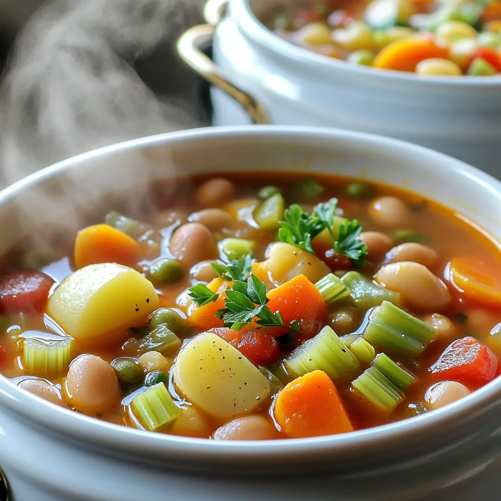 To make a delicious slow cooker minestrone beans dish, you need simple, fresh ingredients. Here’s what you will need: - 1 cup dried cannellini beans, soaked overnight - 1 cup diced carrots - 1 cup diced celery - 1 cup diced zucchini - 1 cup diced potatoes - 1 cup chopped green beans - 1 can (14 oz) diced tomatoes with juice - 4 cups vegetable broth - 1 teaspoon dried oregano - 1 teaspoon dried basil - 2 cloves garlic, minced - 1 bay leaf - Salt and pepper to taste - ½ cup small pasta (like ditalini or elbow) - 2 tablespoons olive oil - Fresh parsley, chopped (for garnish) Each ingredient plays a key role. The dried cannellini beans give a creamy texture. Fresh vegetables add color and nutrients. Canned tomatoes provide a rich base. Herbs like oregano and basil bring out the flavors. Lastly, vegetable broth ties everything together with warmth. Make sure to use fresh veggies for better taste. When you gather these ingredients, you will feel the excitement of cooking a comforting meal. To start, you need to soak the dried beans. Place 1 cup of cannellini beans in a bowl and cover them with water. Let them soak overnight. This step softens the beans and helps them cook evenly. Once soaked, drain the beans and rinse them well. Rinsing removes excess sodium and any unwanted residues. You want your beans clean and ready to go! Next, let's sauté the vegetables. In a skillet, heat 2 tablespoons of olive oil over medium heat. Add 2 cloves of minced garlic, along with 1 cup of diced carrots and 1 cup of diced celery. Sauté these for about 5 minutes. You want them to start softening. Sautéing boosts the flavors of the veggies. This step makes your soup taste rich and deep. Now, transfer the sautéed vegetables into your slow cooker. Add the remaining veggies: 1 cup of diced zucchini, 1 cup of diced potatoes, and 1 cup of chopped green beans. Toss in the soaked beans, 1 can of diced tomatoes with juice, and 4 cups of vegetable broth. Next, sprinkle in 1 teaspoon of dried oregano, 1 teaspoon of dried basil, a bay leaf, and salt and pepper to taste. Mix all the ingredients gently. Layering like this helps each flavor shine. Cover the slow cooker and set it to low heat. Cook for 6 to 8 hours. Check when the beans and vegetables are tender. About 30 minutes before serving, stir in ½ cup of small pasta. If it looks too thick, add more vegetable broth. Once the pasta is cooked, remove the bay leaf. Taste and adjust seasoning if needed. Ladle the minestrone into bowls and garnish with fresh parsley. Enjoy this hearty meal! Adjusting Seasoning to Taste Start with the basic amounts of salt and pepper. After cooking, taste your soup. If it needs more flavor, add a pinch of salt or pepper. You can also add more herbs if you like. Fresh herbs boost flavor, so try adding basil or oregano at the end. Importance of Freshness in Ingredients Use fresh vegetables whenever possible. Fresh carrots, celery, and zucchini add great taste. They also keep their shape and color well. Check your herbs, too. Dried herbs work, but fresh ones can make a big difference in taste. Best Practices for Slow Cooking Set your slow cooker to low for even cooking. This helps flavors mix well. Avoid opening the lid too often, as it lets heat escape. Trust the process; slow cooking brings out rich flavors over time. Adding Ingredients at Different Stages Add pasta about 30 minutes before serving. This keeps it from getting mushy. If you want to add leafy greens like spinach or kale, toss them in during the last 10 minutes. They will wilt perfectly without losing nutrients. Ideal Pairings with Minestrone Beans Serve your minestrone with crusty bread. The bread soaks up the rich broth well. A simple green salad also balances the meal. Try a light vinaigrette for extra freshness. Garnishing Techniques Garnish each bowl with fresh parsley. It adds color and flavor. A drizzle of olive oil on top enhances richness. You can also sprinkle some grated cheese for a savory touch. {{image_2}} Other Bean Options If you want to mix things up, you can use different beans. Try kidney beans or black beans. These beans add a twist in flavor and texture. They also give more protein. You can even use lentils for a quicker cook. Just remember, lentils cook faster than other beans. Seasonal Vegetable Alternatives Feel free to swap in seasonal veggies. In winter, add root vegetables like parsnips or turnips. In summer, use fresh corn or bell peppers. These swaps keep your dish fresh and exciting. You can also add greens like spinach or kale towards the end of cooking for a nutrient boost. Gluten-Free Options To make this dish gluten-free, choose gluten-free pasta. Many brands offer options that mimic regular pasta. Always check labels to ensure they meet gluten-free standards. Serve with gluten-free bread, and you have a great meal! Vegan vs. Vegetarian Choices This recipe is naturally vegan, as it uses vegetable broth. If you want a vegetarian version, you can add cheese. Grated Parmesan on top adds a nice touch. However, keep the dish vegan by skipping the cheese. Stovetop vs. Slow Cooker You can use a stovetop method for a faster cook. Sauté veggies and add all ingredients to a pot. Cook on medium heat for about an hour, stirring often. This method helps to build flavor quickly. Instant Pot Adaptation You can also use an Instant Pot. Sauté the veggies in the pot first. Then add all other ingredients and cook on high pressure for about 30 minutes. This method saves time and still gives great flavor. To keep your minestrone beans fresh, store them in an airtight container. Place the soup in the fridge within two hours of cooking. It stays good for about three to four days. If you want to keep it longer, freezing is a great option. Just let the soup cool down first, then pour it into freezer-safe bags or containers. Make sure to leave some space for expansion. You can freeze it for up to three months. When you are ready to eat the frozen soup, take it out and thaw it in the fridge overnight. You can also reheat it directly on the stove over low heat. If it seems too thick, add a bit of water or broth to loosen it up. Stir often to avoid burning. You can store minestrone beans in the fridge for about three to four days. If frozen, they last for up to three months. It is best to eat them within this time for the best taste. Always check for signs of spoilage, like off smells or changes in texture. Got leftover minestrone? You can use it in several ways. First, you can transform it into a pasta sauce. Just blend it up and pour it over pasta for a quick meal. You can also add it to a grain bowl. Serve it over rice or quinoa for a hearty lunch. Another great idea is to make a minestrone casserole. Mix the soup with some cooked grains and top with cheese. Bake until bubbly for a new dish. The options are endless! The best beans for minestrone are cannellini beans. They are creamy and mild. You can also use kidney beans or navy beans. Each type adds its own flavor and texture. Cannellini beans are my favorite as they hold their shape well. Kidney beans bring a nice color and bite. Navy beans are smaller and cook faster. Yes, you can! If you do not have a slow cooker, use a pot on the stove. Start by sautéing the veggies like in the recipe. Then, add all ingredients to the pot. Bring it to a boil, then reduce the heat. Let it simmer for about 1 to 1.5 hours. Stir occasionally until the beans are soft and the flavors meld. To make more servings, simply double the ingredients. For fewer servings, cut the ingredients in half. Keep the cooking time similar, but check for doneness. If you add more beans, it may take a bit longer to cook. If you reduce the amount, it might cook faster. Always taste and adjust the seasoning. Making hearty minestrone beans is simple and fun. We explored key ingredients, like dried cannellini beans and fresh veggies. I showed you how to prep beans and sauté aromatics for flavor. Combining ingredients in a slow cooker brings out the best taste. I shared tips on adjusting seasonings and swapping ingredients to fit your needs. You can store leftovers well and even repurpose them into new meals. Customizing your minestrone enriches both the dish and your cooking skills. Enjoy your minestrone journey!