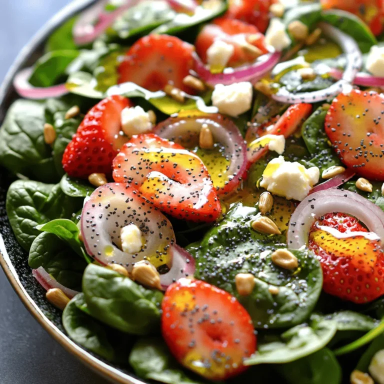 - Spinach: I always choose fresh spinach. It adds a nice crunch and color. - Strawberries: The sweet strawberries make the salad pop. Slice them thin for best flavor. - Red onion: Use thin slices of red onion. They give a sharp taste that balances sweetness. - Feta cheese: Crumbled feta adds creaminess. It pairs perfectly with the strawberries. - Sunflower seeds: These seeds add a delightful crunch. They also boost the salad's nutrition. - Olive oil: Use good quality olive oil. It brings richness to the dressing. - Apple cider vinegar: This vinegar adds tang. It brightens up the flavors. - Honey: A touch of honey provides sweetness. Adjust it based on your taste. - Poppy seeds: These seeds add a fun texture. They also give a unique look. - Seasoning: Don't forget salt and pepper. They enhance all the other flavors. This salad combines fresh ingredients for a delightful mix of tastes. Each part plays a role in making it fresh and flavorful. To make the dressing, start by gathering your ingredients. You will need olive oil, apple cider vinegar, honey, poppy seeds, salt, and pepper. In a small bowl, whisk these ingredients together. Mix until everything is well combined. You want a smooth consistency without any lumps. This dressing adds a sweet and tangy flavor that pairs well with the salad. Now, let’s put the salad together. In a large salad bowl, combine the fresh spinach, sliced strawberries, crumbled feta cheese, thinly sliced red onion, and sunflower seeds. Each ingredient adds its own taste and texture. The spinach provides a crisp base while the strawberries offer sweetness. The feta adds creaminess, and the sunflower seeds give a nice crunch. Next, it’s time to toss the salad. Drizzle the dressing over the salad and gently mix everything together. Make sure all the ingredients are coated evenly. This step ensures every bite is full of flavor. Let the salad sit for about 5-10 minutes. This helps the flavors meld together. You can serve it chilled or at room temperature for the best taste. Enjoy your fresh and flavorful salad! To boost the taste of your salad, let it sit for a bit before serving. This time allows the flavors to mix well. I suggest waiting about 5 to 10 minutes. This step makes a big difference. Balancing sweetness and acidity is key. The honey in the dressing adds sweetness. Apple cider vinegar gives a nice tang. Adjust these to match your taste. If you prefer a sweeter salad, add more honey. For more zing, splash in extra vinegar. When serving at gatherings, make it look great! Use a large, colorful bowl to show off the salad. You can layer the ingredients for a beautiful effect. This can impress your guests. Adding garnishes can elevate the dish. Try placing extra strawberries on top. Chopped nuts or fresh herbs add a pop of color. A sprinkle of extra feta cheese makes it even more appealing. Washing and slicing can take time. To save time, wash spinach and strawberries ahead of time. Store them in the fridge in a sealed bag. This keeps them fresh and ready to use. Making the dressing in advance is smart too. You can store it in the fridge for a few days. Just whisk it again before using. This way, you can whip up the salad quickly when you're ready to eat. {{image_2}} You can switch up the leafy greens in this salad for a fun twist. Try using kale or arugula instead of spinach. Both greens bring their own flavor and texture. If you want a milder taste, use mixed greens. If you're not a fan of feta cheese, there are great alternatives. Goat cheese adds a tangy kick. For a dairy-free option, try crumbled tofu or a nut-based cheese. Each option will change the salad's flavor, but all are delicious! Want to make your salad heartier? Add some protein! Grilled chicken works well and adds a nice touch. Chickpeas are a great plant-based option. They give a nice crunch and boost your fiber. You can also mix in seasonal fruits. Peaches or blueberries are great choices in the summer. In fall, try sliced apples or pears. Each fruit adds sweetness and freshness to the dish. Feel free to swap honey in the dressing with other sweeteners. Maple syrup offers a rich flavor. Agave nectar is another good choice. Each sweetener will change the taste slightly, so choose what you like best. You can also vary the types of vinegar you use. Balsamic vinegar provides a deeper sweetness. Lemon juice gives a bright, zesty kick. Experimenting with vinegar can change the whole vibe of your salad! To keep your salad fresh, store it in an airtight container. This helps prevent sogginess. If you have leftover dressing, store it in a separate jar. This keeps the salad crisp. Dressing can last up to a week in the fridge. I recommend eating the salad within two days for the best taste. Look for signs of spoilage, like brown spinach or mushy strawberries. If it smells bad, toss it out. Freshness is key for flavor. You can prepare your ingredients a day ahead. Wash and slice the strawberries and onions. Keep them in sealed bags. Assemble the salad just before serving. This ensures everything stays fresh and crunchy. Enjoy your vibrant dish! Yes, you can make this salad a day ahead. However, I recommend storing some parts separately. Keep the spinach, strawberries, and feta cheese in one bowl. Store the dressing in a jar. This keeps everything fresh. When ready to serve, mix them together. This way, your salad stays crisp and tasty! This salad pairs well with many dishes. You can serve it with grilled chicken for protein. It also goes great with a light pasta dish. If you want something simple, try crusty bread on the side. Each of these options adds more flavor to your meal. Yes, this salad is gluten-free! All the ingredients are safe for those avoiding gluten. Make sure to check the labels on your dressing ingredients. Some items might contain gluten as a hidden additive. But with fresh spinach, strawberries, and seeds, you can enjoy this salad worry-free. This blog post has shown you how to make a delicious Strawberry Spinach Poppy Seed Salad. We explored the fresh produce, dairy, and nuts you'll need. I shared simple steps to prepare the dressing, assemble the salad, and serve it well. Remember to enhance the flavor and presentation, and keep your ingredients fresh. You can easily swap ingredients or add proteins. Lastly, follow my tips on storage to enjoy leftovers. With these insights, you can create a tasty, healthy dish anytime!