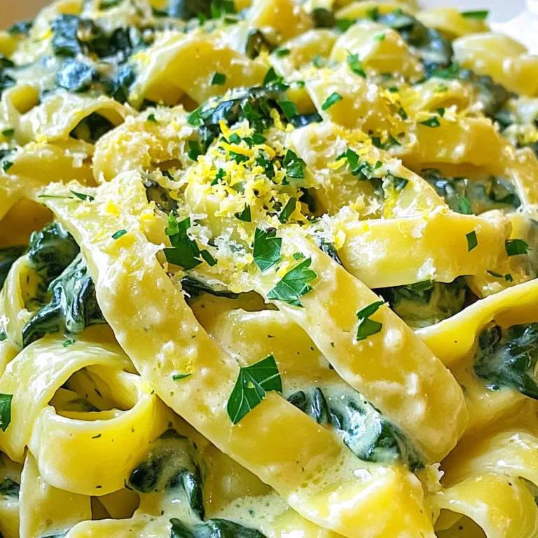 - 12 oz (340g) pasta of choice (fettuccine or penne work great) - 2 tablespoons olive oil - 3 cloves garlic, minced - 4 cups baby spinach - 1 cup heavy cream - 1 cup vegetable broth - 1 cup grated Parmesan cheese - Zest of 1 lemon - Juice of 1 lemon - Salt and pepper to taste - Red pepper flakes (optional, for a kick) - Fresh parsley, chopped (for garnish) - 1 cup = 240 ml - 1 tablespoon = 15 ml - 12 oz = 340 g (for pasta) - 1 lemon = about 2 tablespoons juice - You can use whole wheat pasta for a healthier option. - Substitute cream with coconut milk for a dairy-free version. - Use nutritional yeast instead of Parmesan cheese for a vegan twist. - Swap baby spinach for kale or arugula if you prefer different greens. - Red pepper flakes can be replaced with fresh chili for more heat. To make creamy lemon spinach pasta, gather your ingredients first. This makes cooking easier and faster. You will need pasta, garlic, spinach, cream, broth, and cheese. Having everything ready keeps you organized. 1. Heat the oil: Use a large pot. Pour in 2 tablespoons of olive oil. Warm it over medium heat. Add 3 minced garlic cloves. Sauté for 1-2 minutes until it smells nice. Be careful not to burn the garlic. 2. Add pasta and liquids: Now, put in 12 ounces of uncooked pasta. Pour in 1 cup of vegetable broth and 1 cup of heavy cream. Stir it all together. Ensure the pasta is fully covered. 3. Simmer: Bring this mix to a simmer. Reduce the heat to low. Cover the pot and cook for about 10-12 minutes. Stir it often. This helps the pasta cook evenly. 4. Add spinach and lemon: When the pasta is almost done, add 4 cups of baby spinach. Next, add the zest and juice of 1 lemon. Mix well so everything combines. 5. Fold in cheese: Take the pot off the heat. Add 1 cup of grated Parmesan cheese. Stir until it melts and makes the dish creamy. Season with salt, pepper, and red pepper flakes if you like heat. 6. Adjust the sauce: If the sauce seems too thick, add more vegetable broth or cream. Stir well to get your desired creaminess. 7. Serve: Dish out the pasta while hot. Garnish with fresh parsley and more Parmesan if you want. Enjoy your meal! - Use heavy cream for richness. It makes the sauce smooth and thick. - Stir well when adding cheese. This helps it melt evenly. - If the sauce is too thick, add a splash of broth or cream. - Always taste before serving. Adjust salt and pepper as needed. This simple method ensures a creamy, flavorful pasta every time! When making creamy lemon spinach pasta, avoid these common errors: - Overcooking the garlic. This can make it bitter. Sauté it just until fragrant. - Incorrect pasta cooking time. Always check the package instructions for best results. - Skipping the lemon zest. This adds bright flavor. Don’t leave it out! - Adding spinach too early. Wait until the pasta is nearly done to add it. This keeps the spinach fresh. One-pot meals are quick and easy. Here are some tips: - Use a large pot. This ensures everything cooks evenly without spilling over. - Stir often. This helps the pasta cook evenly and prevents sticking. - Keep the lid on. Covering the pot helps the pasta cook faster and absorb flavors. - Adjust liquid as needed. If the sauce is too thick, add more broth or cream for balance. Want to elevate your dish? Try these flavor boosts: - Add red pepper flakes. They give a nice kick to the creamy sauce. - Incorporate fresh herbs. Basil or thyme can add depth to the flavor. - Use lemon zest and juice. They brighten the dish. Feel free to add more if you love lemon! - Experiment with cheeses. Try goat cheese or feta for a different taste. {{image_2}} You can easily make this creamy lemon spinach pasta your own. Adding proteins like grilled chicken, shrimp, or tofu boosts flavor and nutrition. For a heartier meal, try adding cooked bacon or sausage. You can also mix in more veggies, such as cherry tomatoes, bell peppers, or mushrooms. Just sauté them in the olive oil first. This gives your dish extra color and taste. If you want a vegan version, swap the heavy cream for coconut cream or cashew cream. Use nutritional yeast in place of Parmesan for a cheesy flavor. For gluten-free pasta, choose options made from rice, quinoa, or chickpeas. These swaps help everyone enjoy this dish without missing out on flavor. Feel free to experiment with different sauces. A light pesto can add a fresh twist. If you like a kick, try adding a splash of hot sauce. When it comes to cheese, you can use feta or goat cheese for a tangy flavor. Each option brings a new layer to this creamy lemon spinach pasta. To store your creamy lemon spinach pasta, let it cool to room temperature. Transfer it to an airtight container. This helps keep it fresh. Place the container in the fridge. It will last for about 3-4 days. If you want to keep it longer, consider freezing it. When you're ready to eat your leftovers, pull them from the fridge. Place the pasta in a pan over low heat. Add a splash of vegetable broth or cream to help it rehydrate. Stir gently until warmed through. You can also use a microwave. Heat it in short bursts, stirring in between. This keeps the pasta from drying out. For freezing, make sure to store the pasta in a freezer-safe container. It can last for up to 2-3 months in the freezer. When you're ready to enjoy, take it out and let it thaw in the fridge overnight. Heat it gently on the stove or in the microwave. If the sauce is too thick, add a bit more broth or cream. This will bring back its creamy texture. You can use milk or a plant-based cream. Start by mixing equal parts of milk and vegetable broth. This gives you a creamy texture without heavy cream. You can also add a bit of flour to thicken it. Just whisk it in while cooking. Yes, you can use whole wheat or gluten-free pasta. Just cook it according to the package directions. Keep an eye on the cooking time, as it may differ. Whole wheat adds a nice nutty flavor. Gluten-free pasta works well too, but it might change the texture slightly. If you lack Parmesan cheese, try nutritional yeast or another hard cheese. Pecorino Romano is a good choice and adds a salty kick. For a dairy-free option, look for vegan cheese or a mix of nuts blended into a powder. This dish can last about 3 to 4 days in the fridge. Store it in an airtight container to keep it fresh. When you reheat, add a splash of broth or water to help loosen the sauce. Enjoy your creamy lemon spinach pasta! This blog post covered all you need for creamy lemon spinach pasta. We explored ingredients, measurements, and useful swaps. I shared step-by-step cooking guidance and tips for perfect creaminess. We discussed common mistakes and best practices for one-pot meals. You learned about variations, storage, and reheating methods. Lastly, I answered important FAQs to help you succeed. Remember, cooking is fun and creative. With these tips, you can make delicious pasta that suits your taste and needs. Enjoy the journey of cooking!