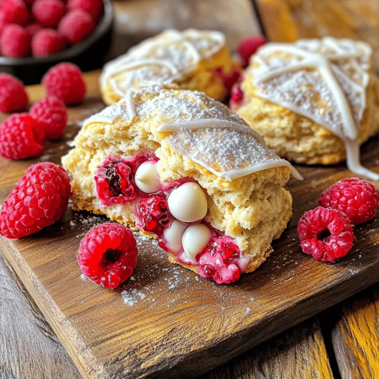 To make delicious Raspberry White Chocolate Scones, you need the right ingredients. Here’s what you will need: - 2 cups all-purpose flour - 1/4 cup granulated sugar - 1 tablespoon baking powder - 1/2 teaspoon salt - 1/2 cup unsalted butter, cold and cubed - 1/2 cup heavy cream - 1 large egg - 1 teaspoon vanilla extract - 1 cup fresh raspberries (or frozen, thawed) - 1/2 cup white chocolate chips - Extra sugar for sprinkling Each ingredient plays a key role. The all-purpose flour gives structure. Granulated sugar adds sweetness. Baking powder helps the scones rise. A pinch of salt balances flavors. Cold butter creates a flaky texture. Heavy cream adds richness. The egg binds everything together. Vanilla extract gives a warm flavor. Fresh raspberries add tartness and color. White chocolate chips bring a creamy touch. Finally, extra sugar on top gives a nice crunch. With these ingredients, your scones will be soft, sweet, and bursting with flavor. They make a perfect treat for breakfast or tea time. Gather these items, and you’re ready to bake! Start by preheating your oven to 400°F (200°C). This step is key. While the oven warms, line a baking sheet with parchment paper. This helps prevent sticking. It also makes cleanup easy. Next, grab a large mixing bowl. Add 2 cups of all-purpose flour, 1/4 cup of granulated sugar, 1 tablespoon of baking powder, and 1/2 teaspoon of salt. Use a whisk to mix these dry ingredients well. This will give your scones a nice rise and flavor. Now, take 1/2 cup of cold, cubed unsalted butter. Add it to your flour mixture. Using a pastry cutter or your fingers, work the butter into the flour. Aim for a texture like coarse crumbs. This step adds richness to your scones. In a separate bowl, mix together 1/2 cup of heavy cream, 1 large egg, and 1 teaspoon of vanilla extract. Whisk until everything is blended. This mixture brings moisture and flavor to the dough. Pour the cream mixture into the dry ingredients. Stir gently until just combined. Be careful not to overmix! Gently fold in 1 cup of fresh raspberries and 1/2 cup of white chocolate chips. Turn the dough onto a floured surface and shape it into a thick round disc, about 1 inch high. Cut this disc into 8 equal wedges or use a round biscuit cutter for nice shapes. Place the scones on your prepared baking sheet. Space them a few inches apart to allow for rising. Brush the tops with a bit of extra cream and sprinkle sugar on top. Bake for 15-20 minutes until golden brown. Let them cool slightly before serving. Enjoy warm for the best taste! To get soft, flaky scones, start with cold butter. Cold butter helps create air pockets. These pockets make scones rise and stay fluffy. Avoid overmixing the dough. Mix just until the ingredients combine. If you see dry flour, that’s fine. Your scones will be tender and delicious. Always use a pastry cutter or your fingers to mix in the butter. You want the butter to break into small pieces. When adding wet ingredients, pour them in gently. Stir with a large spoon, not a whisk. This keeps the dough from getting too tough. To keep your scones fresh, store them in an airtight container. They do best at room temperature for 1-2 days. If you want to keep them longer, freeze them. Wrap each scone in plastic wrap. Then place them in a freezer bag. To reheat, warm them in the oven at 350°F for about 10 minutes. Enjoy them warm for the best taste! {{image_2}} You can swap raspberries for other berries. Blueberries, strawberries, or blackberries work well too. Each berry brings its unique taste. For example, blueberries add a sweet and juicy flavor. Strawberries give a lovely fruity burst. Just make sure to adjust the amounts if needed. If you prefer dark chocolate, feel free to change it up. Use dark chocolate chips instead of white chocolate chips. Dark chocolate adds a rich flavor that balances the berries. It gives a nice twist to the classic recipe. You might find this version even more indulgent. To make these scones gluten-free, swap all-purpose flour for a gluten-free blend. Many stores sell good gluten-free mixes. Just ensure the mix includes a binding agent, like xanthan gum. This change helps maintain the scones' texture. You can enjoy a delicious treat without gluten! Store leftover scones in an airtight container. This keeps them fresh longer. Make sure they are completely cool before you seal them. If stored correctly, they can last for up to three days at room temperature. If your kitchen is warm, refrigerate them to prevent spoilage. Freezing scones is easy and a great way to save them. First, let the scones cool completely. Then, wrap each scone in plastic wrap. Place them in a freezer-safe bag or container. They can stay in the freezer for about two months. To enjoy later, just thaw them at room temperature. Reheating scones can bring back their warm, fresh taste. The best method is in the oven. Preheat your oven to 350°F (175°C). Place the scones on a baking sheet and heat them for about 10 minutes. You can also use a microwave. Heat for about 15-20 seconds, but it may not be as crispy. Enjoy your scones warm for the best flavor! Yes, you can use frozen raspberries. Just make sure to thaw them first. This helps the scones stay soft and moist. Frozen raspberries may release more juice, so gently fold them into the dough. Scones are done when they turn golden brown. You can also check if they feel firm to the touch. If you insert a toothpick, it should come out clean. Keep an eye on them during baking. These scones pair well with clotted cream or butter. You can also serve them with a cup of tea or coffee. For a sweet touch, drizzle melted white chocolate on top. Fresh raspberries add color and flavor, too. Yes, you can make the dough ahead of time. Just shape it into a disc and wrap it tightly. Store it in the fridge for up to 24 hours. When ready, cut the scones and bake them fresh. Serve scones warm for the best taste. Place them on a rustic wooden board. Add some fresh raspberries and drizzle melted white chocolate on top. This makes for a lovely presentation. Enjoy with clotted cream or butter for extra richness. In this blog post, we explored how to make delicious Raspberry White Chocolate Scones. We covered the ingredients needed, step-by-step instructions, and helpful tips for the perfect bake. We also discussed fun variations and storage methods to keep your scones fresh. Remember, these scones are easy to make and great for any occasion. Try different berries or serve them warm with your favorite drink. Enjoy baking your scones!