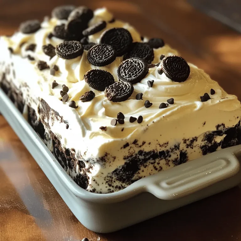 - 24 Oreo cookies, crushed - 2 cups heavy whipping cream - 1 cup powdered sugar - 1 teaspoon vanilla extract - 1/2 cup cream cheese, softened - 1/2 cup chocolate chips (optional) For this Cookies and Cream Icebox Cake, you will need a few simple ingredients. First, grab 24 Oreo cookies. These will give the cake its rich chocolate flavor. Next, you will need 2 cups of heavy whipping cream. This is key for a light and fluffy texture. You will also need 1 cup of powdered sugar to sweeten the cream. A teaspoon of vanilla extract adds a lovely aroma and flavor. Don't forget the cream cheese! You need 1/2 cup, softened to mix easily. If you love chocolate, add 1/2 cup of chocolate chips on top for extra crunch. Finally, keep some extra Oreo cookies for garnish. - Mixing bowls - Electric mixer - Rectangular baking dish - Plastic wrap To make this cake, you will need a few tools. Start with mixing bowls to combine your ingredients. An electric mixer is essential for whipping the cream, as it makes the job easier and faster. A rectangular baking dish, about 9x13 inches, is perfect for layering your cake. Lastly, plastic wrap will help cover the dish while it chills in the fridge. First, grab a large bowl. Combine 2 cups of heavy whipping cream, 1 cup of powdered sugar, and 1 teaspoon of vanilla extract. Now, use an electric mixer on medium-high speed. Whip this mixture until soft peaks form. This means it should be thick but still smooth. In another bowl, beat 1/2 cup of softened cream cheese until it is creamy and smooth. Slowly add the whipped cream mixture to the cream cheese. Gently fold them together until they mix well. Now, let’s build our cake! Take a rectangular baking dish, about 9x13 inches. Spread a layer of the cream cheese mixture evenly at the bottom. Next, dip each Oreo cookie in milk for 1 to 2 seconds. Make sure not to soak them. Place the dipped Oreos on top of the cream cheese layer. Repeat this process to create even layers. After the Oreos, spread more cream cheese mixture on top. Keep layering until you finish all your ingredients. End with a layer of cream mixture on top. If you want, sprinkle chocolate chips for extra texture. Once your cake is layered, cover the dish with plastic wrap. Place it in the fridge to chill. I recommend letting it sit for at least 4 hours, or even overnight for the best texture. The longer it chills, the better the flavors meld. When you’re ready to serve, garnish the top with crushed Oreos for a delightful crunch. Enjoy your Cookies and Cream Icebox Cake! To whip cream well, start with cold tools. Chill your mixing bowl and beaters for best results. Pour the heavy cream into the bowl. Then, add powdered sugar and vanilla extract. Mix on medium-high speed. Stop when soft peaks form. This means the cream should hold its shape but still be smooth. When you fold the whipped cream into the cream cheese, be gentle. Use a spatula to scoop from the bottom. Lift the mixture over the top. This helps keep the air in the cream. Don't stir too hard. You want a light and fluffy texture. If you need a dairy-free version, try coconut cream. Chill a can of coconut milk overnight. Scoop out the solid part and whip it like regular cream. For gluten-free options, use gluten-free cookies. Many brands now make tasty gluten-free Oreos. This way, everyone can enjoy your cake. To make your cake even better, think about toppings. Add crushed Oreos or sprinkles on top. You can also layer in some chocolate chips for extra crunch. If you want a twist, try different cookies. Mint Oreos add a fresh taste. Or use peanut butter cookies for a nutty flavor. Be creative and have fun! {{image_2}} You can change the flavor of your Cookies and Cream Icebox Cake easily. Try a mint version for a fresh twist. Use mint Oreo cookies instead of regular ones. This adds a cool taste that pairs well with the cream. Simply mix crushed mint Oreos into the cream layer for even more flavor. Another great option is the peanut butter version. Swap some cream cheese for peanut butter. It gives a rich and nutty flavor. You can also mix crushed peanut butter cookies in the layers. This adds a crunchy texture that everyone will love. Layering is key to a great icebox cake. You can use different cookies for variety. Try vanilla wafers or chocolate wafers instead of Oreos. Each cookie brings a unique taste that changes the cake. Explore different creams or fillings too. Instead of just whipped cream, mix in flavored yogurt or pudding. This adds a fun twist to each bite. Adding fruit like sliced strawberries or bananas will brighten each layer. Make your cake even more fun with creative presentations. Serve it in individual glasses for a personal touch. Layer the cake mixture and cookies in the glass. This makes a pretty and tasty treat for parties. Garnishing is also important. Use whole or crushed Oreo cookies on top for a nice look. You can also drizzle chocolate or caramel sauce over the top. This not only looks great but adds extra flavor too. To keep your Cookies and Cream Icebox Cake fresh, use an airtight container. This will prevent the cake from drying out or absorbing other smells from the fridge. If you don’t have a container, cover the dish tightly with plastic wrap. Store it in the refrigerator for best results. If you want to save some cake for later, you can freeze it. Wrap the cake well in plastic wrap, then place it in a freezer-safe container. This helps protect it from freezer burn. When you are ready to enjoy it, take it out and place it in the fridge for about 6 hours to thaw. You can also leave it on the counter for about 1-2 hours until it softens. In the fridge, your Cookies and Cream Icebox Cake will stay fresh for about 5 days. After that, it may lose its taste and texture. Look for signs of spoilage, such as changes in color or an off smell. If you see mold, it’s best to toss it out. Keeping an eye on these details will help ensure you enjoy every last bite! The Cookies and Cream Icebox Cake needs to chill for at least 4 hours. For the best flavor and texture, I recommend letting it set overnight. This allows the cream to firm up and the flavors to blend. When you cut into it after this time, you’ll find a smooth, creamy delight. Yes, you can use other cookies if you like. Some great options are chocolate wafer cookies or even mint-flavored cookies. Just remember to adjust the soaking time in milk to keep the layers intact. Get creative and mix flavors to find your favorite! Absolutely! Making this dessert ahead of time is a smart idea. It saves you time on the day you want to serve it. Plus, the longer it sits, the better the flavors meld together. Just cover it well and store it in the fridge until you're ready to share. You have all the tools to make a delightful Cookies and Cream Icebox Cake. We covered the main ingredients, step-by-step instructions, and added tips for better texture and flavor. Whether you choose classic Oreos or switch things up, this dessert is easy and fun. With the right storage, you can enjoy it longer. Don’t hesitate to try different flavors and layers. This cake is a crowd-pleaser that you can customize for anyone. Happy baking!