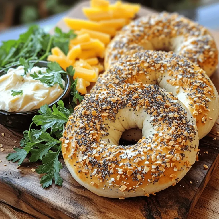 To make Air Fryer Greek Yogurt Bagels, you need a few key ingredients: - 1 cup plain Greek yogurt - 1 ½ cups all-purpose flour (plus extra for dusting) - 1 tablespoon baking powder - 1 teaspoon salt - 1 tablespoon honey (optional) These ingredients create a soft dough that yields chewy bagels. The Greek yogurt adds moisture and protein. You can make your bagels even better with some add-ins: - Fresh herbs like chives or dill - Shredded cheese for a savory touch - Minced garlic or onion for extra flavor Adding these ingredients can give your bagels a unique twist and impress your guests. Toppings can elevate your bagels to new heights. Here are some great options: - Everything bagel seasoning for a classic taste - Sesame seeds for a nutty crunch - A sprinkle of sea salt for extra flavor Feel free to mix and match toppings based on your taste. Enjoy your bagels warm and fresh! First, grab a large mixing bowl. Add 1 cup of plain Greek yogurt. Then, pour in 1 ½ cups of all-purpose flour, 1 tablespoon of baking powder, and 1 teaspoon of salt. If you want sweetness, add 1 tablespoon of honey. Mix everything together until a dough forms. If the dough feels sticky, sprinkle in more flour, a little at a time, until it feels right. Now, take the dough and place it on a floured surface. Knead it gently for about 1-2 minutes until it feels smooth. Then, divide the dough into 4 equal pieces. Roll each piece into a ball. Using your finger, poke a hole through the center to create a bagel shape. Make sure to gently stretch the hole a bit larger to get that classic bagel look. In a pot, bring water to a gentle simmer. This is key for the bagel's chewiness. Carefully drop each bagel into the water. Let them boil for about 30 seconds on each side. This step makes them taste great and helps them hold their shape. Use a slotted spoon to remove them and set them aside to drain. Preheat your air fryer to 330°F (165°C). Lightly brush the boiled bagels with water. Then, sprinkle everything bagel seasoning on top. Place the bagels in the air fryer basket in a single layer. Make sure not to overcrowd them! Air fry for 10-12 minutes, or until they turn golden brown and are fully cooked. Once done, remove them from the air fryer. Let them cool slightly before you enjoy! Getting the dough right is key. You want it soft but not too sticky. If your dough feels wet, add more flour, one tablespoon at a time. Mix it well. Kneading for 1-2 minutes helps make it smooth. It should come together easily without sticking to your hands or the counter. Don't rush this step; a good dough makes better bagels. To get that chewy bagel bite, boiling is a must. Boiling the bagels for 30 seconds on each side creates a nice crust. This is what sets them apart from bread. After boiling, air frying at 330°F gives them a crispy finish. Keep an eye on them while they cook. Once they are golden brown, they are done! Serve your bagels warm for the best taste. Cream cheese is a classic choice. You can also try avocado or hummus for a twist. Add fresh herbs like chives or dill to brighten the flavors. You can even slice them and make mini sandwiches! Enjoy your bagels fresh and warm for the best experience. {{image_2}} You can easily change the flavor of your bagels with Greek yogurt. Try adding a few ingredients during mixing. For a savory twist, mix in garlic powder or dried herbs. If you like sweet bagels, add cinnamon or vanilla extract. You can even fold in some shredded cheese for a cheesy flavor. Each variation gives you a unique taste! Toppings can make your bagels even better. The classic everything bagel seasoning is great, but you can be creative. Here are some ideas: - Sesame seeds - Poppy seeds - Dried onion flakes - Fresh herbs like dill or chives - A sprinkle of sea salt Try different combinations to discover your favorite topping mix! If you need gluten-free bagels, you can switch the flour. Use a gluten-free all-purpose flour blend instead. Make sure the blend has xanthan gum for better texture. You might need to adjust the yogurt amount for the right dough consistency. This way, everyone can enjoy tasty bagels! To keep your bagels fresh, let them cool down first. Place them in a paper bag to keep moisture at bay. You can also use an airtight container. This method helps them stay soft for about two days. If you want to keep them longer, freezing is better. You have a few good choices for reheating. The best way is to toast them. Just slice the bagel and pop it in the toaster until golden. If you prefer a soft bagel, you can microwave it for about 10-15 seconds. This warms it up but may not give it a crispy edge. Freezing is a great option if you have extras. Wrap each bagel tightly in plastic wrap, then place them in a freezer bag. Write the date on the bag to remember when you froze them. These can last up to three months in the freezer. When you want one, take it out and thaw it at room temperature. Then, reheat as desired. To make these bagels healthier, you can use whole wheat flour instead of all-purpose flour. This change adds fiber and nutrients. You can also reduce the amount of honey or skip it altogether. Another option is to top your bagels with sesame seeds or poppy seeds instead of everything bagel seasoning. This will cut down on added salt. Yes, you can use non-fat Greek yogurt for this recipe. It will still work well. The bagels may be slightly less rich in flavor, but they will still be tasty. Non-fat yogurt will also keep the calories low. If you want a bit more taste, add a little extra honey or a pinch of salt. Any air fryer will work for making bagels as long as it fits your dough size. A model with a basket is great for even cooking. I recommend looking for an air fryer with a temperature range up to 400°F (200°C). This gives you flexibility for other recipes too. Popular brands include Philips, Ninja, and Cosori. Bagels are done when they are golden brown and firm to the touch. You can also check the bottom; it should be slightly crispy. If you want to be sure, use a toothpick to test the inside. If it comes out clean, your bagels are ready to enjoy! You now have the tools to make delicious Air Fryer Greek Yogurt Bagels. We covered the ingredients, mixing, and shaping. You learned how to boil and air fry them for the best texture. Don't forget about the tips for perfect results and storage methods for longevity. Try different flavors and toppings to make each bagel unique. Enjoy every bite, knowing you crafted them with care. Simple, tasty, and satisfying, these bagels will be a hit!