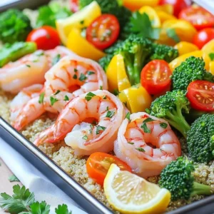 For the base of the dish, you will need: - 1 lb large shrimp, peeled and deveined - 2 cups broccoli florets - 1 cup cherry tomatoes, halved - 1 bell pepper, sliced (red or yellow) These fresh veggies and shrimp create a bright, colorful bowl. The marinade gives the shrimp and veggies their flavor. You will need: - 1 lemon, zested and juiced - 3 tablespoons olive oil - 4 cloves garlic, minced - 1 teaspoon dried oregano - 1 teaspoon dried thyme - 1 teaspoon paprika - Salt and pepper to taste Mixing these items will make a zesty and aromatic blend. Garnishes add the final touch. You can use: - Fresh parsley, chopped - Cooked quinoa or rice Serve the shrimp and veggies over quinoa or rice for a filling meal. First, set your oven to 400°F (200°C). This high heat helps cook the shrimp fast. Next, grab a large sheet pan and line it with parchment paper. This makes cleanup easy. A clean pan helps keep your kitchen tidy while cooking. In a big bowl, add the shrimp, broccoli florets, halved cherry tomatoes, and sliced bell pepper. Use fresh veggies for bright color and taste. Stir the mix gently. You want all the shrimp and vegetables to blend well. This step is key to a balanced flavor. In a small bowl, whisk together olive oil, minced garlic, lemon zest, and lemon juice. Add dried oregano, thyme, paprika, salt, and pepper. This marinade brings all the flavors together. Make sure it is smooth. The herbs and lemon will make your dish shine. Pour the marinade over the shrimp and veggies. Toss everything until fully coated. You want each piece to have the marinade on it. Then, spread the mixture evenly on the prepared sheet pan. This allows them to cook evenly without crowding. Now, place the sheet pan in the preheated oven. Bake for 10 to 12 minutes. Watch for the shrimp to turn pink. They should also be firm to the touch. The vegetables should be tender. When done, take the pan out and let it cool for a few minutes. This helps enhance the flavors before serving. When picking shrimp, look for ones that smell clean and fresh. They should have a shiny, translucent look and feel firm. Avoid shrimp that smell fishy or have a dull color. If possible, buy shrimp from a trusted source. Fresh shrimp makes your dish taste better. To boost the flavor, try adding fresh herbs. Chopped basil or cilantro can bring a burst of taste. You can also add a pinch of red pepper flakes for heat. For a sweet touch, consider some honey or a dash of balsamic glaze. Mixing flavors keeps your dish exciting. To cook evenly, spread shrimp and veggies in one layer. Make sure they are not crowded on the pan. This allows heat to circulate well. Stir halfway through cooking to ensure all sides cook properly. Always check for doneness by looking for pink shrimp and tender veggies. {{image_2}} You can mix up the veggies in this dish. Try using asparagus, zucchini, or snap peas. Sweet potatoes or cauliflower also work well. These options add new flavors and textures. Each choice brings a unique taste to your bowl. Feel free to experiment based on what you like or have on hand. If you like heat, add some red pepper flakes. You can also use cayenne pepper for a kick. For those who prefer a milder dish, skip the paprika. Adjust the spice to suit your taste buds. It's easy to make this dish as spicy or mild as you want. While quinoa or rice is great, you can swap them out. Try farro, couscous, or even riced cauliflower. Each grain offers a different taste and nutrition profile. This way, you keep the dish fresh and fun. Choose what fits your diet or mood best. To keep your shrimp bowls fresh, place leftovers in an airtight container. This helps seal in flavors and moisture. Store the container in the fridge for up to three days. If you want to keep it longer, you can freeze it. When you are ready to eat your leftovers, reheat them in the oven for the best taste. Preheat your oven to 350°F (175°C). Place the shrimp and veggies on a baking sheet and cover with foil. Heat for about 10 minutes. You can also use a microwave. Just heat in short bursts, stirring often, until warm. To freeze your shrimp bowls, first let them cool completely. Then, place portions in freezer-safe bags or containers. Make sure to label them with the date. You can freeze the bowls for up to three months. When ready to eat, thaw in the fridge overnight before reheating. The cooking time for shrimp on a sheet pan is 10 to 12 minutes. At 400°F (200°C), shrimp cook quickly. You want them to turn pink and curl slightly. This means they are ready to eat. Yes, you can use frozen shrimp. Just make sure to thaw them first. Place the shrimp in cold water for about 15-20 minutes. Pat them dry before cooking. This helps the marinade stick better. Shrimp are fully cooked when they are pink and opaque. You can also check the internal temperature. It should reach 120°F (49°C). If you see them curled tightly, that's a good sign too. You can prepare the shrimp and vegetables ahead of time. Just mix them with the marinade and store in the fridge. Cook them within 24 hours for best taste. This makes dinner easy on busy nights. The best sides for shrimp bowls are quinoa or rice. They soak up the flavor well. You can also serve a simple salad or roasted veggies. These options add freshness and color to your meal. You now have a clear path to make sheet pan lemon herb shrimp bowls. Choosing the best shrimp, mixing a tasty marinade, and layering fresh veggies will bring out great flavors. Use the tips and tricks for perfect cooking each time. With options for swaps and storage, this dish becomes easy and fun. Enjoy experimenting and creating your own tasty versions. Cooking should be simple and enjoyable. Dive into your kitchen and make it happen!