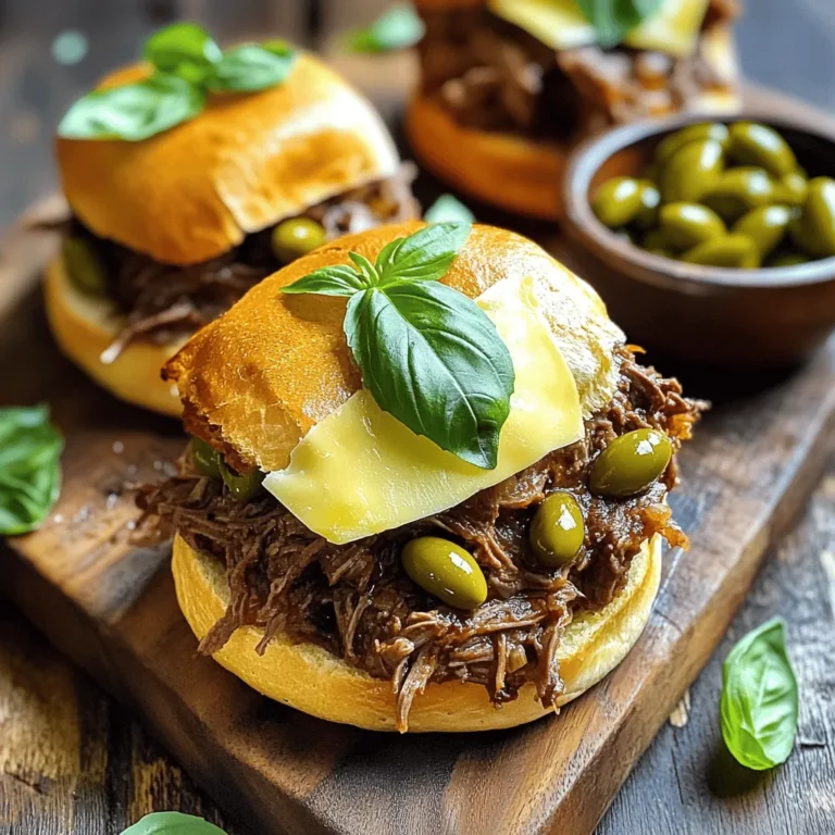 - 2 lbs beef roast (chuck or brisket) - 1 jar (16 oz) whole pepperoncini peppers, undrained - 1 onion, sliced - 4 cloves garlic, minced For these sliders, you need a good beef roast. Chuck or brisket works best. Chuck has rich flavor, while brisket is tender and juicy. Both types cook well in a slow cooker. You also need pepperoncini peppers. They add a tangy, spicy kick to the beef. Their juices mix with the beef, giving it a nice flavor. Don’t drain the jar; the liquid is key! Next, you need aromatics: onion and garlic. They give depth to the dish. Slice the onion and mince the garlic. They will release their flavors while cooking. - 1 teaspoon dried oregano - 1 teaspoon Italian seasoning - 1 teaspoon black pepper - 1 teaspoon salt - Provolone cheese slices (optional) - Fresh basil leaves for garnish Seasonings make this dish shine. Dried oregano and Italian seasoning give it an authentic taste. Add salt and black pepper to enhance the flavors. Taste as you go to find your perfect balance. Provolone cheese is optional but delicious. It melts perfectly over the beef. Fresh basil adds a pop of color and fresh taste. Sprinkle some on top right before serving. - 12 slider buns - Types of buns to use - Toasting tips You need slider buns to hold this tasty filling. Soft, fluffy buns work best. Look for ones labeled as "slider" or "mini." Toasting the buns is key. Preheat your oven to 350°F (175°C). Split the buns and place them on a baking sheet. Toast them for about 5 minutes. This keeps them from getting soggy. Plus, it adds a nice crunch! To start, layer the beef roast in your slow cooker. Place it in the bottom. Next, add sliced onion and minced garlic on top. Sprinkle dried oregano, Italian seasoning, black pepper, and salt over the meat. Why should you season immediately? Seasoning right away helps the flavors blend well as the beef cooks. The spices soak into the meat, making every bite tasty. Now, let’s talk about cooking. You can choose between low and high settings on your slow cooker. Cooking on low takes about 8 hours. It gives the best flavor and tenderness. On the high setting, it takes around 4 hours. This is great if you are short on time, but the beef may not be as tender. Always check for tenderness; it should shred easily when done. After cooking, remove the beef from the slow cooker. Use two forks to shred the beef into small pieces. This technique works best and is simple. Once shredded, return the beef to the slow cooker. Mix it well with the pepperoncini and sauce. This ensures every bite is full of flavor. While the beef cools a bit, let’s toast the buns. Preheat your oven to 350°F. Split each slider bun and lay them on a baking sheet. Toast them for about 5 minutes. You want them to be lightly golden. This step adds a nice crunch and helps hold the beef. Now it's time to make the sliders. Take a toasted bun and add a generous spoonful of the beef mixture. If you like cheese, place a slice of provolone on top. Garnish with fresh basil leaves for a pop of color and flavor. Place the top half of the bun on the slider, and you're ready to serve! To get the best beef for your sliders, choose cuts like chuck or brisket. These cuts are full of flavor and become very tender when cooked slowly. Look for meat with good marbling. This fat keeps the beef juicy. For maximum tenderness, cook your beef low and slow. A slow cooker works great for this. Cook on low for eight hours or high for four hours. The beef should shred easily with a fork when it’s ready. To boost flavor, consider adding extra spices. You can try red pepper flakes for heat or smoked paprika for depth. Fresh herbs like thyme or rosemary also work well. Marinating your beef overnight can make a big difference. Use a mix of pepperoncini juice, garlic, and seasoning. This adds flavor right into the meat. For sides, crispy potato chips or a fresh salad pair nicely with the sliders. You can also serve coleslaw for a crunchy contrast. When it comes to drinks, consider light beers or a fruity soda. They balance the richness of the beef. For a great presentation, serve the sliders on a wooden board. Add a bowl of extra pepperoncini for guests. A sprinkle of fresh basil on top adds a nice touch and bright color. {{image_2}} To give your sliders a kick, add jalapeños or spicy cheese. - Jalapeños: Slice fresh jalapeños and mix them into the beef. You can add them when cooking or top your sliders with pickled jalapeños for crunch. - Spicy Cheese: Use pepper jack cheese instead of provolone. This cheese melts well and adds a nice heat. These spicy twists will make your sliders stand out! If provolone isn't your thing, try these cheese options: - Mozzarella: For a milder taste, mozzarella works great. It melts nicely and adds creaminess. - Cheddar: Sharp cheddar gives a nice flavor boost. It pairs well with the beef and pepperoncini. - Goat Cheese: For a tangy option, goat cheese is unique. Spread it on the bun before adding the beef. Experiment with different cheeses to find your favorite! For a gluten-free meal, swap regular buns for these alternatives: - Lettuce Wraps: Use large lettuce leaves as a wrap. They add crunch and freshness. - Gluten-Free Buns: Look for gluten-free slider buns at the store. They come in various flavors. - Sweet Potatoes: Slice sweet potatoes into rounds and bake them. Use them as a base for your beef. These options let everyone enjoy the sliders without worry! To store leftovers, place the sliders in an airtight container. This keeps them fresh and tasty. You can refrigerate them for up to three days. After that, the beef may lose its great flavor and texture. Always let the sliders cool before sealing them in the fridge. This helps avoid extra moisture, which can make them soggy. To freeze the sliders, first, let them cool completely. Then, wrap each slider tightly in plastic wrap. Place the wrapped sliders in a freezer bag for extra protection. They can last in the freezer for up to three months. When you’re ready to eat them, take them out and thaw them in the fridge overnight. This helps keep them moist when reheating. For reheating, I recommend using the oven for the best results. Preheat your oven to 350°F (175°C). Place the sliders on a baking sheet and cover them with foil. Heat for about 10-15 minutes. This way, the bread stays nice and crispy. If you’re in a hurry, you can use the microwave. Just heat them in 30-second bursts until warm. However, the bread may get a bit soft this way. You can serve many tasty sides with these sliders. Here are some great ideas: - Potato chips: These add crunch and are easy to grab. - Coleslaw: A fresh slaw balances the rich meat. - French fries: Crispy fries pair well with the beef flavors. - Salad: A simple green salad helps lighten the meal. - Pickles: These add a nice tang to each bite. These sides are simple and will please your guests. Yes, you can! Here are some tips for prep and storage: - Cook the beef: You can cook the beef a day before. Let it cool and store it in the fridge. - Store in jars: Keep the beef and peppers in jars to keep them fresh. - Reheat when ready: Warm them in the slow cooker or on the stove before serving. - Buns: Toast the buns just before serving for the best taste. This way, you save time on game day and still serve a great dish. Scaling the recipe is easy. Here’s how to adjust: - Double the ingredients: Use 4 lbs of beef and 2 jars of peppers for 24 sliders. - Cook time: The cook time stays the same, so no need to change that. - More buns: Have enough slider buns ready. Check how many you need. This method helps you make enough for everyone without stress. If you'd like a lighter or vegetarian option, consider these substitutes: - Shredded chicken: This works well with the same spices and peppers. - Pulled pork: A tasty alternative that pairs nicely with the sauce. - Mushrooms: Use large portobello mushrooms for a hearty, meat-like texture. - Veggie crumbles: These can mimic ground beef and absorb flavors well. These options let everyone enjoy sliders, even those who avoid beef. These Pepperoncini Italian Beef Sliders are a delightful treat. We covered key ingredients, like beef types, spices, and buns. I shared step-by-step instructions to ensure perfect sliders every time. You learned tips for flavor and serving, plus creative variations and storage methods. Enjoy making these sliders for your next gathering. They are simple, tasty, and sure to impress! Happy cooking!