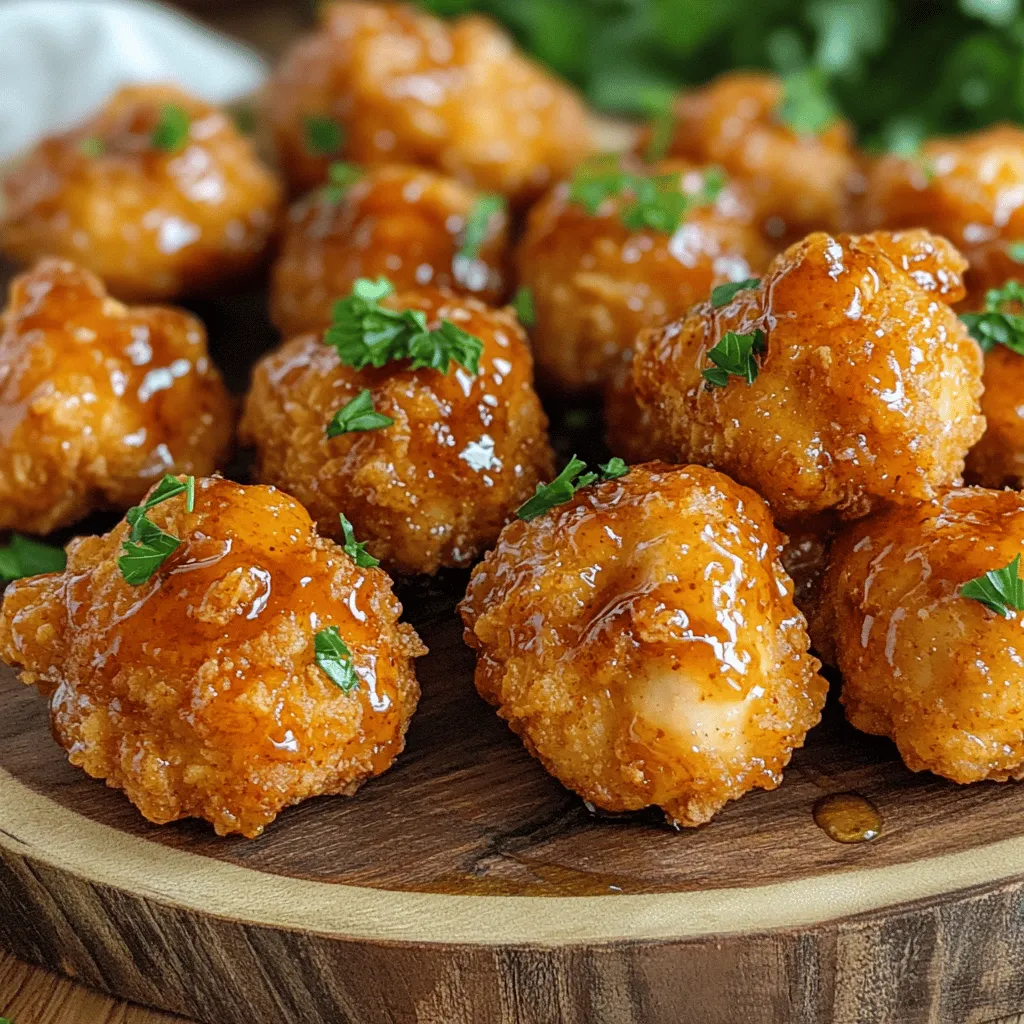 - 1 pound chicken breast, cut into bite-sized pieces - 1 cup buttermilk - 1 cup all-purpose flour - 1 teaspoon garlic powder - 1 teaspoon onion powder - 1 teaspoon smoked paprika - ½ teaspoon cayenne pepper (adjust for heat) - 1 teaspoon salt - ½ teaspoon black pepper - ½ cup hot honey (store-bought or homemade) - 2 tablespoons olive oil - Fresh parsley, chopped (for garnish) The chicken breast is the star of this dish. It gives a tender and juicy bite. Soaking it in buttermilk makes it even better. The buttermilk adds flavor and helps keep the chicken moist. Next, we use all-purpose flour to coat the chicken. This helps create a nice, crispy layer when we air fry it. The seasoning is important too. Garlic powder and onion powder bring depth. Smoked paprika adds a warm, smoky taste. If you like heat, cayenne pepper is perfect. Just adjust the amount based on your taste. For the glaze, hot honey gives a sweet and spicy kick. You can buy it or make your own. A bit of olive oil helps everything crisp up in the air fryer. Finally, fresh parsley is a great touch for color and flavor. It makes your dish look pretty and tastes fresh. Gathering these ingredients sets you up for success. Each one plays a key role in making your air fryer hot honey chicken bites delicious. To make the chicken tender, soak the bite-sized chicken pieces in buttermilk. You want to do this for at least 30 minutes. If you have time, marinate for up to 2 hours. This extra time brings out more flavor. In a separate bowl, mix the dry ingredients. Combine all-purpose flour, garlic powder, onion powder, smoked paprika, cayenne pepper, salt, and black pepper. Stir well to ensure all spices blend evenly. This step is key for flavor in each bite. After marinating, take the chicken out of the buttermilk. Let the extra buttermilk drip off. Now, dredge each piece in the flour mixture. Press lightly to coat each piece evenly. Next, preheat your air fryer to 400°F (200°C). This should take about 5 minutes. While the fryer heats up, lightly spray the basket with olive oil. Place the coated chicken bites in a single layer. Avoid overcrowding; work in batches if needed. Spray the tops of the chicken with more olive oil. Air fry them for 10-12 minutes. Flip halfway through cooking. The chicken should be golden brown and reach an internal temperature of 165°F. To get that perfect crunch, I use an olive oil spray. This helps the chicken get golden and crisp. Lightly coat the air fryer basket with it too. This keeps the chicken from sticking. When air frying, make sure to arrange the chicken bites in a single layer. Overcrowding can lead to soggy bites. Flip them halfway through cooking for even crispiness. Do you like it spicy? You can change the cayenne pepper amount. Start with a little and taste. You can always add more later. If hot honey is too much, try maple syrup. You can mix in some chili flakes for a similar kick. This way, you control the heat just how you like it. For a beautiful look, I love using fresh parsley. It adds color and a fresh taste. You can also add sliced green onions or sesame seeds for extra flair. Serve these bites with toothpicks for a fun touch. They make great appetizers for parties or game nights. Enjoy them with your favorite dipping sauce for a tasty twist. {{image_2}} You can switch out chicken for other proteins like tofu or shrimp. Tofu is a great choice for a vegetarian option. Just cut it into bite-sized pieces, similar to chicken. Shrimp cooks quickly and adds a nice seafood twist. For tofu, marinate it in buttermilk like the chicken. Cook the tofu for about 10 minutes in the air fryer. Make sure it’s golden brown. For shrimp, reduce the cooking time to just 6-8 minutes. Check that the shrimp turns pink and opaque. You can personalize your chicken bites by adding spices or marinades. Try adding smoked paprika or chili powder for a bolder flavor. If you want a kick, add a bit more cayenne pepper. You can also mix in sauces like BBQ or teriyaki for a sweet twist. Just drizzle the sauce over the chicken before cooking. This adds extra flavor and keeps the bites juicy. If you want a low-carb option, use almond flour or coconut flour instead of all-purpose flour. These flours provide a crispy coating while keeping carbs low. You can use eggs or a splash of milk as binding agents. This helps the flour stick to the protein. Both almond and coconut flour work well for a gluten-free diet. Enjoy these tasty bites without guilt. To keep your Air Fryer Hot Honey Chicken Bites fresh, store them quickly. Place the chicken bites in an airtight container. You can also use a glass dish with a lid. Make sure they cool down to room temperature first. This helps prevent sogginess. Refrigerate them within two hours of cooking. They will stay good for up to three days. When you want to enjoy your leftovers, you need to reheat them just right. The best way to keep them crispy is to use the air fryer. Preheat the air fryer to 375°F (190°C). Place the chicken bites in a single layer. Heat them for about 5-7 minutes. This method helps retain their crunchy texture. You can also use your oven if the air fryer isn’t an option. Just place them on a baking sheet and heat at 350°F (175°C) for about 10 minutes. If you want to save some chicken bites for later, freezing is a great choice. You can freeze them before or after cooking. If freezing uncooked, coat the chicken and place them on a tray. Once frozen, transfer them to a freezer bag. This way, they won’t stick together. If you freeze them after cooking, let them cool first. Store them in an airtight container or freezer bag. They are best used within three months. Marinate the chicken for at least 30 minutes. If you have time, soak it for up to 2 hours. This helps the chicken soak up the buttermilk. A longer marination time gives better flavor and tenderness. Yes, you can use alternatives like regular honey or maple syrup. You can also mix honey with hot sauce for a spicy twist. These options will give you a different but tasty result. Set your air fryer to 400°F (200°C). This high heat crisps the chicken bites perfectly. Preheating for about 5 minutes also helps them cook evenly. The chicken is done when it reaches an internal temperature of 165°F. Use a meat thermometer to check this. The bites should be golden brown and crispy on the outside. In this post, we covered the ingredients for a tasty air-fried chicken recipe. You learned about marinating chicken, preparing a flavorful coating, and making it crispy in the air fryer. I shared tips for adjusting spice levels and ensuring your dish looks great. There are even variations for different proteins and dietary needs. Experiment with the recipe and make it your own. Cooking should be fun, so enjoy every bite!