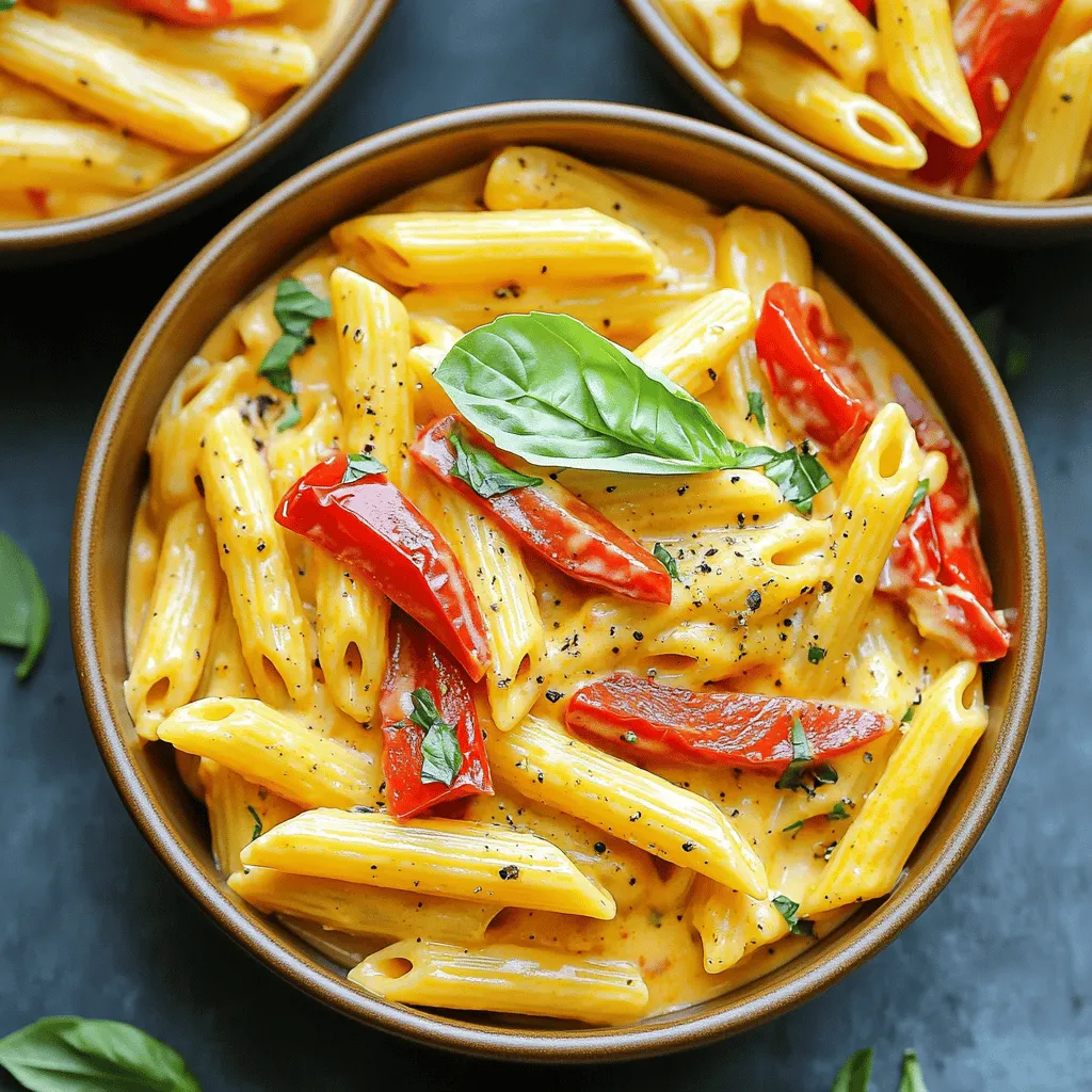 - Pasta type options: You can use 12 oz of penne or fusilli. Both hold sauce well. - Key flavors: Red peppers bring sweetness. Spices like paprika and Italian seasoning add depth. Cream gives a rich finish. - Optional ingredients for added richness: You might add ½ cup of grated Parmesan cheese for a cheesy touch. Fresh basil also brightens the dish. If you prefer a dairy-free option, use coconut milk instead of heavy cream. These ingredients combine to make a comforting meal that’s easy to prepare in one pot. To start, heat one tablespoon of olive oil in a large pot over medium heat. Once the oil is hot, add the finely chopped onion. Sauté the onion for about three to four minutes until it turns translucent. This step builds a tasty foundation for our pasta. Next, stir in three minced garlic cloves, one teaspoon of paprika, and one teaspoon of Italian seasoning. Let these cook for one more minute. You will love how this smells! The spices add depth and warmth to the dish, making each bite flavorful. Now, it’s time to bring everything together. Add 12 ounces of dry pasta to the pot. You can use penne or fusilli for this recipe. Then, mix in the roasted and diced red bell peppers and two cups of vegetable broth. Stir everything well to combine. Bring the mixture to a boil. Once boiling, reduce the heat to low. Cover the pot and let it simmer for about 12 to 15 minutes. Stir occasionally to keep the pasta from sticking. Check the pasta for doneness; it should be al dente. Once the pasta is cooked, it’s time for the magic. Stir in one cup of heavy cream or coconut milk for a dairy-free option. If you want to add richness, mix in half a cup of grated Parmesan cheese. Combine well until the sauce becomes creamy and everything is heated through. Finally, season the dish with salt and pepper to taste. Adjust the seasoning to your liking. This step is key to making the flavors pop. Enjoy the creamy goodness! To cook al dente pasta, boil it for 12 to 15 minutes. This gives the pasta a firm bite. Stir the pasta often to prevent sticking. To ensure the sauce thickens properly, let it simmer with the pasta. As the pasta cooks, it releases starch. This starch helps the sauce cling to the pasta. If the sauce feels too thin, let it cook a bit longer. Add extra spices or herbs to boost flavor. A pinch of red pepper flakes adds heat. Fresh herbs like parsley or thyme can brighten the dish. You can customize heat levels easily. Use spicy red peppers for a kick. If you like it milder, stick to sweet bell peppers. Adding a splash of hot sauce is another great option. {{image_2}} To make this dish dairy-free, I suggest using coconut milk instead of heavy cream. Coconut milk gives a rich taste without the dairy. You can also skip cheese or use a dairy-free cheese alternative. These swaps keep the creamy texture while accommodating different diets. Adding protein can make your meal heartier. Cooked chicken, shrimp, or tofu all work well. If you choose chicken or shrimp, add them to the pot after sautéing the onions and garlic. For tofu, toss it in with the pasta and broth. Adjust cooking time slightly to ensure they are heated through. Feel free to mix in other vegetables for extra color and nutrition. Spinach, peas, or zucchini can add freshness. You can also swap in seasonal veggies like asparagus in spring or butternut squash in fall. These options make the dish versatile and fun to customize. To keep your One Pot Creamy Red Pepper Pasta fresh, use airtight containers. Glass or plastic containers work well. Make sure to let the pasta cool before sealing. Store the leftovers in the fridge. They can last for about 3 to 5 days. If you want to keep it longer, freezing is a great option. For freezing, place the pasta in a freezer-safe container. Leave some space at the top, as it may expand. You can also freeze it in portions. It helps to thaw only what you need. The pasta can stay in the freezer for up to 3 months. Reheating your pasta can be simple and easy. The best method is to use the stovetop. Place the pasta in a pan with a splash of water or broth. Heat it over medium-low. Stir often to prevent sticking. This method helps keep the sauce creamy. You can also use the microwave. Transfer the pasta to a microwave-safe dish. Add a little water to keep it moist. Cover it with a lid or wrap. Heat in short bursts, stirring in between. Watch out for overcooked pasta. It can become mushy quickly. Aim for warm, not boiling. Enjoy your creamy pasta just like when it was fresh! Yes, you can use gluten-free pasta. This option works well for those with dietary needs. Just keep an eye on the cooking time. Gluten-free pasta often cooks faster than regular pasta. Start checking it at the 8-minute mark to avoid overcooking. To add some heat, use spicy peppers or hot sauce. You can try adding diced jalapeños or crushed red pepper flakes. These options give your dish a nice kick. If you like sauces, a dash of sriracha or chili paste can work wonders too. Adjust the spice level to your taste. This pasta pairs well with simple side salads or fresh bread. A light arugula salad with lemon vinaigrette is a great choice. Garlic bread also complements the creamy sauce nicely. For drinks, a crisp white wine like Sauvignon Blanc enhances the meal. If you prefer non-alcoholic options, sparkling water with lemon is refreshing. This blog post guides you in creating a flavorful pasta dish. We covered key ingredients like different pasta types and flavors to enhance your meal. I shared step-by-step instructions, tips for perfect texture, variations for dietary needs, and storage info. Remember to customize each step to suit your taste. Enjoy cooking and sharing this delicious pasta with friends and family!