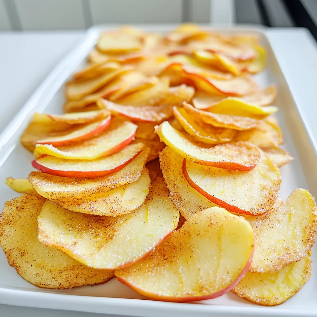 For this recipe, I love using medium apples like Fuji or Honeycrisp. These apples are sweet and crisp. You want apples that have a good balance of sweetness and tartness. They hold their shape well during cooking, giving you perfect chips. You will need: - 2 tablespoons granulated sugar - 1 teaspoon ground cinnamon - A pinch of salt Mixing sugar and cinnamon adds a sweet, warm flavor. The pinch of salt enhances the overall taste. This blend is simple but creates a delightful kick. Lemon juice is key here. You need 1 teaspoon to prevent the apples from browning. This small step keeps your apple chips looking fresh and bright. If you're feeling adventurous, consider adding a dash of nutmeg or vanilla for more flavor. These extras can take your chips to the next level. Start by washing the apples well. I like using Fuji or Honeycrisp for their sweetness. Next, slice the apples into very thin pieces, about 1/8 inch thick. Use a sharp knife or a mandoline slicer for even slices. Be careful when removing the core and seeds. This step ensures that each chip will be crunchy and tasty. In a small bowl, combine 2 tablespoons of granulated sugar with 1 teaspoon of ground cinnamon. Add a pinch of salt for flavor. Mix these well until they are uniform. This cinnamon sugar blend will add a sweet and spicy kick to your apple chips. Toss the apple slices with 1 teaspoon of lemon juice. This keeps them from turning brown. After that, sprinkle the cinnamon sugar mixture on the apple slices. Mix gently to coat every slice evenly. Preheat your air fryer to 300°F (150°C). Place the apple slices in a single layer in the basket. Avoid overcrowding to allow even cooking. Cook them for 15-20 minutes. Flip the slices halfway through for an even crunch. Keep an eye on them, as cooking times can change based on thickness and your air fryer. Once they look golden and crisp, take them out and let them cool. They will get crunchier as they sit. Enjoy your homemade apple chips! To get the best crispiness in your apple chips, slice the apples thin. Aim for about 1/8 inch thick. Use a sharp knife or a mandoline slicer for even slices. Thin slices cook faster and become crispier. Avoid thick slices; they may turn out chewy. Cooking times may vary based on the type of apple you choose. For Fuji or Honeycrisp apples, air fry for 15-20 minutes. If using softer apples like Gala, check them at 12-15 minutes. Always flip halfway through to ensure even cooking. Keep an eye on them, as air fryers can cook differently. One common mistake is overcrowding the basket. This can lead to uneven cooking and soggy chips. Always place the slices in a single layer. Another mistake is not using lemon juice. It helps prevent browning and keeps the apples fresh. Lastly, don’t skip cooling time. Chips get crispier as they cool down. {{image_2}} You can change the taste of your apple chips to match the seasons. In fall, add a pinch of nutmeg for a warm spice. In winter, try some ground ginger for a cozy vibe. During spring, mix in a bit of cardamom for a fresh twist. In summer, consider adding zest from oranges or lemons for a bright flavor. If you do not have an air fryer, you can still make these chips. Use an oven by preheating it to 200°F (93°C). Spread the apple slices on a baking sheet and bake for 1-2 hours, flipping them halfway. For a dehydrator, set it to 135°F (57°C) and dry the slices for 6-8 hours. Both methods will give you crispy apple chips! You can easily adjust this recipe for different diets. For a sugar-free option, use a sugar substitute like stevia or erythritol. This keeps the sweetness without the sugar. If you want it vegan, the recipe is already vegan-friendly! Just enjoy the apples and spices as they are. To keep your apple chips crunchy, store them in an airtight container. This helps prevent moisture from ruining their texture. I like to use glass jars or resealable bags. You can also add a small packet of silica gel to absorb extra moisture. When stored correctly, your apple chips can last for up to one week. If you store them in the fridge, they may stay fresh for a bit longer. Just remember, the longer they sit, the less crunchy they become. If your apple chips lose some crispness, you can revive them. Preheat your air fryer to 300°F (150°C) and warm the chips for about 2-3 minutes. Keep an eye on them to avoid burning. This quick step brings back their delightful crunch! Yes, you can use other fruits! Pears work well and taste great. You can also try bananas or peaches. Just slice them thinly like apples. Adjust the sugar and spice mix to fit the fruit's natural sweetness. The air fryer will cook them just like apples. You can make apple chips in your oven! First, slice your apples very thin. Preheat your oven to 200°F (93°C). Place the apple slices on a baking sheet lined with parchment paper. Bake for about 1-2 hours. Flip them halfway through. Keep an eye on them so they don't burn. They should be crispy and golden. If your apple chips are not crispy, check the thickness of your slices. Thicker slices take longer to cook. You can also cook them a bit longer in the air fryer. Let them cool completely; they will crisp up more as they cool. If they still seem soft, pop them back in the air fryer for a few minutes. In this post, we explored the best apple varieties, how to mix sugars and spices, and steps to make crispy apple chips using an air fryer. We shared tips for getting that perfect crunch and ways to customize your chips with seasonal flavors. Remember to store leftovers properly, so they stay fresh longer. If you follow these tips, your apple chips will be a tasty treat. Enjoy your cooking and get creative with flavors!