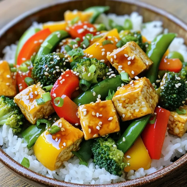 - 14 oz firm tofu, pressed and cubed - 2 tablespoons sesame oil - 1 cup bell peppers (red, yellow, green), sliced - 1 cup broccoli florets - 1 cup sugar snap peas - 3 cloves garlic, minced - 1 inch ginger, grated I love starting with firm tofu. It holds its shape well and absorbs flavors great. Pressing the tofu is key. This step removes excess water and helps it crisp up. While the tofu is pressing, prepare your veggies. Slice the bell peppers, chop the broccoli, and trim the sugar snap peas. Fresh ingredients bring bright colors and nutrients to this dish. - 1/4 cup low-sodium soy sauce - 3 tablespoons honey or maple syrup - 1 tablespoon rice vinegar - 1 tablespoon cornstarch mixed with 2 tablespoons water (slurry) For the teriyaki sauce, I use low-sodium soy sauce. It offers flavor without too much salt. Honey or maple syrup adds a sweet touch. Rice vinegar gives it a nice tang. The cornstarch slurry helps thicken the sauce so it clings to your tofu and veggies. - Chopped green onions - Sesame seeds Garnishing is fun! I like to add chopped green onions for a pop of color and flavor. Sesame seeds give a nice crunch and look beautiful. You can sprinkle these on right before serving for an extra touch. Start with the tofu. First, you need to press the tofu. Place it on a plate and put a heavy object on top. This helps remove extra water. Let it sit for about 15 minutes. After pressing, cut the tofu into 1-inch cubes. This size is great for cooking and eating. Next, let’s make the teriyaki sauce. In a small bowl, mix together these ingredients: - 1/4 cup low-sodium soy sauce - 3 tablespoons honey or maple syrup - 1 tablespoon rice vinegar - 1 tablespoon cornstarch mixed with 2 tablespoons water (this is your slurry) Stir the mixture well. Set the sauce aside for later. Now, it’s time to cook. Heat 1 tablespoon of sesame oil in a large skillet over medium-high heat. Once hot, add the cubed tofu. Sauté the tofu for about 5-7 minutes. Cook until it is golden brown on all sides. Once done, remove the tofu from the skillet and set it aside. In the same skillet, add another tablespoon of sesame oil. Toss in 3 cloves of minced garlic and 1 inch of grated ginger. Sauté for about 30 seconds until it smells great. Then, add 1 cup of sliced bell peppers, 1 cup of broccoli florets, and 1 cup of sugar snap peas. Stir-fry these vegetables for about 4-5 minutes. They should be tender-crisp. Next, return the cooked tofu to the skillet. Pour the teriyaki sauce over the tofu and vegetables. Stir everything together and cook for an additional 2-3 minutes. This will help the sauce thicken and coat the food well. When it's all done, remove from heat. You can now serve it hot, topped with chopped green onions and sesame seeds for a nice finish. Enjoy your delicious teriyaki tofu stir fry! To get the best tofu, start by pressing it. - Wrap the tofu block in a clean kitchen towel. - Place something heavy on top, like a skillet. - Let it sit for 15-30 minutes to drain excess water. For golden-brown tofu, follow these tips: - Cut the pressed tofu into 1-inch cubes. - Heat a skillet over medium-high heat with sesame oil. - Cook the tofu, turning it often, for about 5-7 minutes. To keep your veggies crisp, here’s what I do: - Cut them into even pieces for even cooking. - Sauté them in hot oil quickly, about 4-5 minutes. - Don’t overcrowd the pan; work in batches if needed. Here are some cooking times for each vegetable: - Bell peppers: 3-4 minutes - Broccoli: 4-5 minutes - Sugar snap peas: 2-3 minutes To adjust your teriyaki sauce’s thickness: - Create a cornstarch slurry with 1 tablespoon cornstarch and 2 tablespoons water. - Add this slurry to the sauce during cooking. - Cook for 2-3 minutes until the sauce thickens. This will help you get that perfect sauce for your stir fry! {{image_2}} You can use many vegetables in teriyaki tofu stir fry. If you like carrots, they add great color and crunch. Snap peas bring a nice sweetness and snap. Mushrooms add an earthy flavor that pairs well with the sauce. Feel free to mix and match your favorites for a unique dish. If you want a change from tofu, tempeh is a great option. It has a firm texture and absorbs flavors well. Seitan is another choice; it’s high in protein and has a chewy bite. Both options work well in this stir fry and will keep it hearty. To spice things up, add red pepper flakes or a dash of sriracha. These will give your stir fry a little kick. If you want to cut down on sugar, use a low-sugar teriyaki sauce. This way, you can enjoy the flavor without worrying about extra sweetness. To keep your teriyaki tofu stir fry fresh, use airtight containers. Glass or plastic will work well. Ensure the stir fry cools down before sealing. Store it in the fridge for up to three days. This helps keep the flavors intact while preventing spoilage. When it’s time to enjoy leftovers, use a skillet for the best results. Heat over medium heat until warm. You can also use a microwave, but be sure to cover it. Stir halfway through to heat evenly. This method keeps it tasty and avoids a soggy texture. Freezing teriyaki tofu stir fry is easy. Pour the cooled stir fry into freezer-safe bags or containers. Remove as much air as possible. Label the bags with the date. You can freeze it for up to three months. When ready to eat, thaw it in the fridge overnight. Reheat on the stove for the best flavor. Yes, you can easily make this teriyaki tofu stir fry vegan. The main ingredient to replace is honey. Use maple syrup instead. This swap keeps the sweetness and flavor without using animal products. All other ingredients are already vegan-friendly. To make this stir fry gluten-free, choose a gluten-free soy sauce. Brands like Tamari work well. Always check labels to ensure no wheat is present. This small change keeps the flavor while being safe for gluten-free diets. This dish pairs well with several sides. Here are my top choices: - Steamed jasmine rice - Fluffy quinoa - Soft rice noodles These options balance the dish and add texture. You can also mix and match for variety! In this blog post, we explored making a delicious teriyaki tofu stir fry. We covered the key ingredients, including firm tofu, fresh veggies, and a tasty teriyaki sauce. You learned step-by-step instructions, tips for perfect tofu, and exciting variations to try. As you create this dish, remember to experiment and find what you enjoy most. Enjoy sharing your yummy stir fry with friends and family!