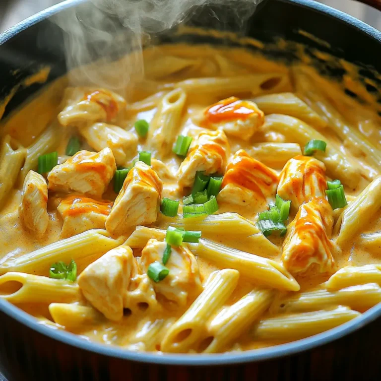 - 1 lb boneless, skinless chicken breasts, cut into bite-sized pieces - 2 tablespoons olive oil - 1 medium onion, diced - 3 cloves garlic, minced - 2 cups chicken broth - 8 oz penne pasta - 1 cup buffalo sauce - 1 cup heavy cream - 1 cup shredded cheddar cheese - ½ cup cream cheese, softened - ½ teaspoon salt - ½ teaspoon black pepper The main ingredients of this dish bring together protein, carbs, and creamy flavors. The chicken is a great source of lean protein, while the penne pasta adds a hearty touch. The combination of heavy cream and cream cheese creates a rich, velvety sauce that coats the pasta perfectly. - 1 cup buffalo sauce - ½ teaspoon salt - ½ teaspoon black pepper Buffalo sauce is the star of this dish. It gives the pasta its signature spicy kick. You can choose mild or hot sauce based on your taste. Salt and black pepper add needed flavor without overpowering the dish. - 2 green onions, sliced - Cheese variations (like blue cheese or mozzarella) Garnishing with green onions adds a fresh crunch and bright color. You can also switch up the cheese. Blue cheese crumbles provide a tangy twist, while mozzarella offers a milder flavor. - Sautéing Onions and Garlic Start by heating 2 tablespoons of olive oil in a large pot over medium heat. When the oil is hot, add 1 medium diced onion. Cook until it turns soft and clear, about 3 minutes. Then add 3 cloves of minced garlic. Cook this for 1 more minute until it smells great. - Cooking the Chicken Now, add 1 pound of cut chicken breasts to the pot. Season with ½ teaspoon salt and ½ teaspoon black pepper. Cook the chicken for about 5 to 7 minutes. Make sure it turns brown and is fully cooked. - Simmering with Broth and Sauce Pour in 2 cups of chicken broth and 1 cup of buffalo sauce. Stir everything well and bring it to a simmer. This step adds a lot of flavor to the dish. - Timing for Perfect Texture Next, stir in 8 ounces of penne pasta. Make sure the pasta is fully covered by the liquid. Cover the pot and let it cook for about 10 to 12 minutes. Stir it every now and then to stop it from sticking. You want the pasta to be al dente. - Adding Cream and Cheese After the pasta is done, lower the heat. Add 1 cup of heavy cream, 1 cup of shredded cheddar cheese, and ½ cup of cream cheese. Stir everything until the cheese melts, and the sauce becomes creamy. - Adjusting the Flavor Taste the dish and see if it needs more spice. If you want extra heat, feel free to add more buffalo sauce. Mild vs. Hot Buffalo Sauce You can choose mild or hot buffalo sauce. If you want less heat, go for mild. If you love spice, the hot version is for you. Adjusting the sauce can change the dish's whole vibe. Test a little before you add more. Adding Extra Heat If you want more heat, add some crushed red pepper flakes. Another option is to mix in some jalapeños. Taste as you go so you get it just right. Preventing Sticking To keep the pasta from sticking, stir it often while it cooks. Make sure it’s fully submerged in the liquid. This helps it cook evenly and stay soft. Best Practices for Creamy Sauce When adding cream, lower the heat first. This keeps the sauce from curdling. Stir until everything is mixed well. If the sauce feels too thick, add a splash of chicken broth to loosen it. Make-Ahead Suggestions You can prep some ingredients in advance. Dice the onion and garlic the night before. Also, cut the chicken and store it in the fridge. This makes cooking fast and easy when it’s time to eat. Efficient Cooking Techniques Use a large pot for everything. This way, you won’t need extra pans. Cook the chicken and pasta all in one pot. It saves time and makes cleanup a breeze. {{image_2}} Substituting Chicken You can swap chicken for turkey. Ground turkey works well and cooks fast. For something lighter, try shrimp. Just add it when the pasta is almost done. Shrimp cooks quickly and adds a nice flavor. Vegetarian Adaptation For a vegetarian take, use chickpeas or tofu. Both options soak up the sauce nicely. You can also add mushrooms for texture. Just sauté them with the onions to bring out their flavor. Whole Wheat or Gluten-Free Options Whole wheat pasta adds fiber and a nutty taste. Gluten-free pasta is a great choice too. Both options work well in this dish. Make sure to adjust cooking times based on the pasta you choose. Other Pasta Shapes While penne is the star, feel free to use fusilli or rotini. These shapes hold sauce nicely. You can even try spaghetti for a fun twist. Just remember to adjust cooking times for different shapes. Adding Vegetables You can boost nutrition by tossing in veggies. Spinach wilts quickly and adds color. Bell peppers give crunch and sweetness. Just add them when you cook the onions for the best flavor. Mixing in Different Cheeses Cheddar is great, but you can mix it up. Try pepper jack for a kick. Or use mozzarella for a milder taste. A blend of cheeses can create a rich and creamy sauce. Don’t be afraid to experiment! To store your One-Pot Creamy Buffalo Chicken Pasta, follow these steps: - Refrigeration Tips: Place leftovers in an airtight container. Store in the fridge for up to 3 days. Make sure to cool the dish to room temperature first. - Freezing Guidelines: If you want to keep it longer, freeze in a freezer-safe container. It can last up to 3 months. Just remember to thaw it in the fridge before reheating. To enjoy your pasta again, use these methods: - Best Methods for Temperature and Texture: Microwave is quick, but I prefer the stove. Heat on low in a pan, stirring often. This helps keep the sauce creamy. - Avoiding Separation in Sauce: Add a splash of chicken broth or cream when reheating. This keeps the sauce smooth and tasty. Wondering how long your dish will last? - How Long Can It Last? In the fridge, it’s good for about 3 days. In the freezer, it can last up to 3 months. - Signs of Spoilage: Check for off smells or changes in color. If it smells sour or looks strange, it’s best to toss it out. Yes, you can use frozen chicken. It is safe and easy. Just add it directly to the pot. Cook the chicken longer, about 10-12 minutes. Make sure it reaches 165°F to be safe. This method saves time on prep. You can enjoy creamy buffalo chicken pasta even on busy days! If you need a different option, try these: - Coconut cream for a dairy-free choice. - Cashew cream for a rich flavor. - Greek yogurt for tanginess. - Silken tofu blended until smooth. These options will keep your dish creamy. Be sure to adjust the quantity to match your taste. Absolutely! This recipe is great for meal prep. Cook it and let it cool. Store in an airtight container in the fridge. It will last for up to three days. When you're ready to eat, reheat it on the stove. Add a splash of broth or cream to revive the sauce. Enjoy a quick meal that tastes just as good! You now have all the tools to make a delicious dish using chicken and pasta. We covered the main ingredients, seasonings, and optional garnishes. You learned step-by-step how to prepare, cook, and finish your meal. I shared tips for spice levels, cooking pasta, and quick meal prep ideas. You can even explore variations like different proteins or pasta types. Remember, storing leftovers properly can help you enjoy this dish later. Dive in and enjoy your cooking adventure!
