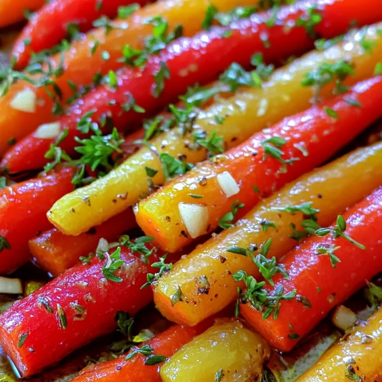 For this dish, you need 1 pound of rainbow carrots. Choose a mix of colors: red, orange, and yellow. These colors not only look great but also bring different flavors. The variety makes each bite exciting and fun. You will use a few key seasonings for flavor. - 3 tablespoons olive oil - 4 cloves garlic, minced - 1 tablespoon fresh thyme leaves (or 1 teaspoon dried thyme) - 1 tablespoon fresh rosemary, chopped - Salt and pepper to taste These ingredients create a tasty marinade that brings the carrots to life. Olive oil helps to roast them perfectly. Garlic adds a rich flavor, while thyme and rosemary give a fresh touch. If you want to add a bit of sweetness, consider using 1 tablespoon of honey. This is not necessary, but it can balance the flavors well. Finally, garnish the dish with fresh parsley, chopped. This adds color and a fresh taste that brightens up your meal. Start by gathering your rainbow carrots. You want one pound. Peel them and cut them into even pieces. This helps them cook evenly. Next, peel and mince four cloves of garlic. Fresh herbs make a big difference. Get one tablespoon of fresh thyme and one tablespoon of fresh rosemary, chopped. You can use dried herbs if you do not have fresh ones. In a large mixing bowl, add three tablespoons of olive oil. Then, add your minced garlic, thyme, rosemary, salt, and pepper. If you like a touch of sweetness, add one tablespoon of honey. Mix well until all the ingredients blend together. This marinade will add great flavor to your carrots. Preheat your oven to 425°F (220°C). Line a baking sheet with parchment paper for easy cleanup. Add the cut carrots to the bowl with the marinade. Toss them well until they are evenly coated. Spread the carrots in a single layer on the baking sheet. This helps them roast evenly. Roast for 25-30 minutes until they are tender and slightly caramelized. Turn them halfway through cooking for even browning. Once done, let them cool for a minute. Then, transfer them to a platter and garnish with fresh parsley. Enjoy your tasty garlic herb roasted rainbow carrots! To get your carrots roasted evenly, cut them into similar sizes. Use a sharp knife for clean cuts. This step helps them cook at the same rate. I recommend keeping the pieces about one inch thick. When you spread them on the baking sheet, arrange them in a single layer. This allows hot air to circulate around each piece. Turn the carrots halfway through cooking for a nice golden color. Always wash your rainbow carrots well before peeling. This removes dirt and grit. Use a vegetable peeler to remove the skin. Cutting off the tops and tails makes them look neat. If you prefer, you can leave the skin on for extra texture. Just scrub them well. For a fun touch, mix different colors together. The bright hues make your dish more appealing. To boost flavor, try adding spices like cumin or paprika. Mix them into the marinade with the garlic and herbs. If you like a hint of sweetness, drizzle honey over the carrots before roasting. This caramelizes and adds a rich taste. Fresh lemon juice can brighten the flavors after roasting. Lastly, don’t skip the parsley garnish. It adds a fresh finish and makes the dish pop. {{image_2}} You can swap rainbow carrots for other veggies. Try parsnips for a sweet bite. Beets add color and earthiness. Sweet potatoes bring a creamy texture. You can even mix in broccoli for a nice crunch. All these options roast well with garlic and herbs. Feel free to change the herbs in this recipe. Oregano or basil can add a new twist. You can also use dill for a fresh taste. If you like a kick, add some red pepper flakes. These small changes can make your dish unique and exciting. For a sweet touch, drizzle more honey on the carrots. Maple syrup also works great. You can balance flavors by adding balsamic vinegar. This gives a nice tang to the sweet carrots. Mixing sweet and savory creates layers of flavor that are hard to resist. To keep your leftover garlic herb roasted rainbow carrots fresh, let them cool first. Place them in an airtight container. This will help lock in moisture and flavor. Store in the fridge for up to four days. If you want to enjoy them later, avoid adding any garnishes before storing. Reheating these carrots is easy. You can use the oven or a microwave. For the oven, preheat it to 350°F (175°C). Spread the carrots on a baking sheet and heat for about 10-15 minutes. This method keeps them crispy. In the microwave, heat them on a plate for 1-2 minutes. Stir halfway through for even heating. You can freeze your roasted carrots too! Start by letting them cool completely. Then, place them in a freezer-safe bag. Remove as much air as possible to prevent freezer burn. They can last up to three months. When you’re ready to eat them, thaw in the fridge overnight, then reheat as mentioned above. Yes, you can use regular carrots. They will taste great too. Rainbow carrots add color and fun. Regular carrots are often sweeter and more common. Just cut them into equal pieces for even cooking. These carrots pair well with many dishes. Try serving them with roasted chicken or grilled fish. They also work great with quinoa or rice. A fresh salad would make a nice side, too. You can even add them to a veggie platter. You can easily change this recipe for diets. If you want it vegan, skip the honey. You can use any oil if olive oil is not suitable. For gluten-free, this recipe is safe as it is. Always check your herbs and spices to ensure they fit your needs. We covered how to make garlic herb roasted rainbow carrots in this blog post. You learned about the ingredients, detailed steps, and key tips. Variations let you try different flavors or veggies. Storage tips ensure your leftovers stay fresh. This dish is packed with flavor and color. It’s perfect for any meal. Enjoy the simplicity and taste of your roasted carrots!