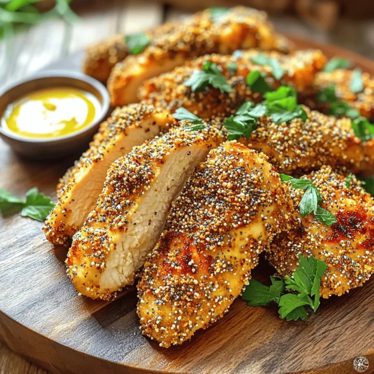 For this tasty dish, you need a few simple items: - 4 boneless, skinless chicken breasts - 2 tablespoons olive oil - 3 tablespoons everything bagel seasoning - 1 teaspoon garlic powder - 1 teaspoon onion powder - Salt and pepper to taste These ingredients work together to create a juicy and flavorful meal. The chicken breasts are the star of the show, while the olive oil keeps them moist. Everything bagel seasoning adds a unique twist that you will love. The key to great taste lies in the seasoning. Everything bagel seasoning combines different flavors in one mix. It has garlic, onion, sesame seeds, and poppy seeds, making it perfect for chicken. I also add garlic powder and onion powder for extra depth. Just a pinch of salt and pepper helps to round out the flavors. For a pop of color, consider adding some fresh parsley on top. It not only looks great but also adds a fresh flavor. You can also serve the chicken with a small dish of dipping sauce on the side. A tangy sauce or yogurt dip pairs well with this dish. First, set your air fryer to 380°F (190°C). Let it heat for about 5 minutes. Preheating helps the chicken cook evenly and get crispy. Take 4 boneless, skinless chicken breasts. Pat them dry with paper towels. This step is key for a nice crisp. In a large bowl, drizzle 2 tablespoons of olive oil over the chicken. Make sure each piece gets a good coat. Next, add flavor! Sprinkle on 3 tablespoons of everything bagel seasoning, 1 teaspoon of garlic powder, and 1 teaspoon of onion powder. Don't forget salt and pepper to taste. Rub the mix into the chicken well. This helps in getting all the flavors inside. Now, it’s time to cook! Place the seasoned chicken in the air fryer basket. Make sure there is space between each piece. This allows hot air to flow and cook the chicken evenly. Cook the chicken for 12-15 minutes at 380°F (190°C). Flip them halfway through to ensure they cook well on both sides. Your chicken should turn golden brown. Check the internal temperature; it needs to reach 165°F (75°C). After cooking, take the chicken out and let it rest for a few minutes. This helps keep it juicy. Slice the chicken and add some fresh parsley on top if you like. Enjoy your meal! To get that perfect crispy texture, start with dry chicken. Pat the chicken breasts with paper towels. This helps remove moisture. The dryer the chicken, the crispier it gets. Also, use enough oil. The olive oil helps the spices stick and adds crunch. Don't overcrowd the air fryer basket. Leave space for air to flow. This ensures even cooking and crispiness. You can marinate your chicken for extra flavor. Try marinating for at least 30 minutes. Use olive oil, lemon juice, and your favorite spices. If you have time, marinate it overnight. This gives the chicken a deeper taste. Just remember to dry off the chicken before adding the everything bagel seasoning. If your chicken is not crispy, check a few things. Make sure the air fryer is preheated. This helps get that initial sizzle. If the chicken is too dry, it might be overcooked. Always check the internal temperature. It should be 165°F (75°C). If your seasoning burns, try a lower temperature and longer cook time. Adjusting these small details can make a big difference. {{image_2}} You can change the flavor of your chicken by using different seasoning mixes. Swap the everything bagel seasoning for taco seasoning for a tasty twist. Try a mix of Italian herbs, like basil, oregano, and thyme, for a fresh taste. You can also use lemon pepper seasoning for a zesty kick. Each mix gives the chicken a unique flavor, making it fun to experiment. Chicken breasts are great, but you can try other proteins too. Chicken thighs work well because they are juicy and flavorful. If you want to go plant-based, use firm tofu or tempeh. You can even make this with fish like salmon or white fish. Just remember to adjust the cooking time for each protein to ensure they cook evenly. Serving the chicken is easy and fun! Pair it with a fresh salad for a light meal. You can add roasted vegetables or mashed potatoes for a heartier option. Serve it with a tangy dipping sauce, like ranch or a yogurt-based sauce, for extra flavor. Consider a side of grains, like quinoa or rice, to make the meal complete. After cooking your Air Fryer Everything Bagel Chicken, let it cool. Place the chicken on a plate for about 10 minutes. This cooling step keeps the chicken juicy. Once it's cool, wrap it in plastic wrap or aluminum foil. You can also use an airtight container. This helps keep the chicken fresh and tasty. When you want to enjoy leftovers, reheating is key. I suggest using the air fryer for the best taste. Preheat the air fryer to 350°F (175°C). Place the chicken in the basket for about 5-7 minutes. This method keeps the chicken crispy. You can also use a microwave, but it may lose some crunch. Heat it on medium for about 1-2 minutes, checking to avoid overcooking. If you plan to freeze the chicken, wrap it well after cooling. Use freezer bags or airtight containers. Label them with the date for easy reference. The chicken can stay frozen for up to three months. When you're ready to eat, thaw it in the fridge overnight. After thawing, reheat as mentioned before. This method keeps the chicken tasty and safe to eat. Yes, you can use chicken thighs. They add more flavor and stay juicy. Just adjust the cooking time. Thighs may take a bit longer to cook than breasts. Everything bagel seasoning has a mix of flavors. It usually includes: - Sesame seeds - Poppy seeds - Dried garlic - Dried onion - Salt You can buy it pre-made or mix your own. Check the internal temperature with a meat thermometer. It should read 165°F (75°C). The chicken should look golden brown without any pink in the middle. Yes, you can use an oven. Cook at 400°F (200°C) for about 20-25 minutes. Use a baking sheet and line it with parchment paper for easy cleanup. Flip the chicken halfway through for even cooking. In this post, we explored how to make Air Fryer Everything Bagel Chicken. We covered key ingredients, seasoning tips, and garnishes. You learned step-by-step instructions for preheating and cooking. I shared tricks for that crispy texture and marinating tips. Variations available include other proteins and seasoning options. Lastly, we discussed storage methods and answered your common questions. Now you’re ready to try this easy and flavorful dish. Enjoy cooking with your air fryer!