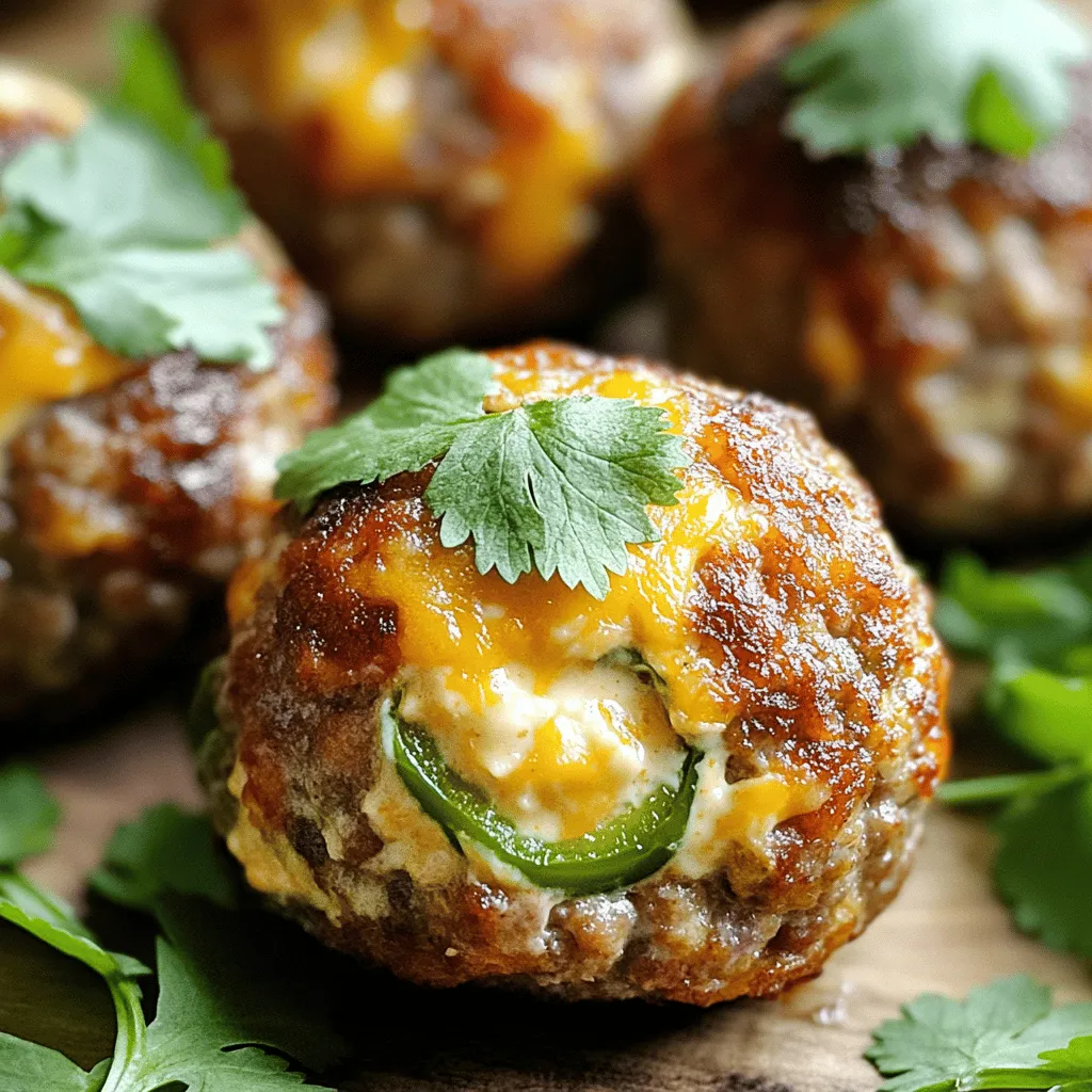 - 1 pound ground beef - 1 cup cream cheese, softened - 1/2 cup shredded cheddar cheese - 1/4 cup diced jalapeños - 1/2 cup breadcrumbs - 1/4 cup grated Parmesan cheese - 1 teaspoon garlic powder - 1 teaspoon onion powder - 1 teaspoon smoked paprika - Salt and pepper to taste - Olive oil for frying - Fresh cilantro or parsley for garnish Gather these ingredients to create your jalapeño popper stuffed meatballs. The ground beef gives a rich flavor, while the cream cheese and cheddar provide creaminess. Diced jalapeños add a spicy kick, making each bite exciting. Breadcrumbs and Parmesan help bind the meatballs and give a nice crunch. The garlic and onion powders boost the overall taste. Smoked paprika gives a smoky note, while salt and pepper enhance everything. Don't forget olive oil for frying; it helps achieve that golden brown color. Finally, fresh cilantro or parsley can add a pop of color and freshness to your dish. 1. In a large bowl, combine 1 pound of ground beef with garlic powder, onion powder, smoked paprika, salt, and pepper. Mix until you have a uniform blend. 2. In another bowl, mix 1 cup of softened cream cheese, 1/2 cup of shredded cheddar cheese, and 1/4 cup of diced jalapeños. Stir until everything is well combined. 1. Take a handful of the beef mixture and flatten it into a patty in your palm. 2. Add about 1 tablespoon of the jalapeño popper filling to the center of the patty. 3. Carefully fold the beef over the filling, enclosing it completely. Roll it into a meatball shape. 4. Repeat this process with the remaining beef and filling until you shape all the meatballs. 1. Roll each meatball in breadcrumbs. Make sure they are fully coated. 2. Heat olive oil in a large skillet over medium heat until hot. 3. Gently add the meatballs in batches, avoiding overcrowding the skillet. 4. Cook for about 8-10 minutes, turning them occasionally. Look for a golden brown color and ensure they reach an internal temperature of 160°F. 5. Once cooked, remove the meatballs from the pan and place them on a paper towel-lined plate to drain excess oil. 6. Garnish with fresh cilantro or parsley before serving. To make great meatballs, avoid overmixing the meat. When you mix too much, the meatballs can become tough. Mix just until everything is combined. When sealing the meatballs, start by flattening the beef in your palm. Place one tablespoon of the jalapeño filling in the center. Carefully fold the meat over the filling. Make sure no filling shows. Roll it gently into a ball. For the best frying, use a large skillet over medium heat. Heat olive oil until it shimmers. This helps the meatballs cook evenly and get a nice crust. To check for doneness, use a meat thermometer. The safe internal temperature should reach 160°F. If you don't have a thermometer, cut one meatball in half. It should be brown inside with no pink. These meatballs pair well with many dipping sauces. Try ranch dressing or a spicy aioli for a kick. For side dishes, consider serving them with a fresh salad or crispy fries. You can also serve them on a hoagie for a delicious meatball sandwich. {{image_2}} You can easily make these meatballs vegetarian. Just swap the ground beef for plant-based meat. Look for brands that mimic the taste and texture of beef. This will keep the dish hearty and flavorful. For the cheese filling, consider using alternatives like vegan cream cheese or dairy-free cheddar. Make sure to check if the jalapeños are pickled or fresh for added zest. These changes let anyone enjoy this tasty treat. To spice things up, add more heat! Try mixing in cayenne pepper or crushed red pepper flakes. This will give your meatballs a nice kick. You can also use smoked gouda or pepper jack cheese instead of cheddar. These cheeses add depth and a unique flavor to each bite. You can serve these meatballs as appetizers or a main dish. For appetizers, use toothpicks for easy eating. Arrange them on a platter with dipping sauces like ranch or spicy aioli. As a main dish, serve them over pasta or in a sub sandwich. For plating, use a bed of greens or roasted veggies. This makes your meal look beautiful and adds extra flavor. To store leftovers safely, place the meatballs in an airtight container. Make sure they cool down first. You can keep them in the fridge for up to three days. When reheating, use the oven for the best results. Heat them at 350°F for about 10-15 minutes. This keeps them crispy on the outside. You can also use a microwave, but the texture may change. For freezing, let the meatballs cool completely. Place them in a freezer-safe bag or container. Be sure to label it with the date. The meatballs can last up to three months in the freezer. When you’re ready to cook them, thaw overnight in the fridge. You can then bake or fry them directly from frozen. Just add a few extra minutes to the cooking time. In the fridge, cooked meatballs last about three days. In the freezer, they can last for three months. Always check for signs of spoilage. Look for changes in color, smell, or texture. If anything seems off, it's best to discard them. Keeping an eye on these details helps you enjoy your dish safely. You can use ground turkey or chicken. Both will give a lighter taste. If you prefer a meatless option, use plant-based meat. Options like lentils or black beans can work too. Just ensure the textures fit your meatball goals. Yes, you can make the meatballs a day ahead. Shape them and store in the fridge. This saves time when you're ready to cook. You can also freeze them for later. Just thaw before cooking. These meatballs taste great with ranch or blue cheese dressing. A creamy chipotle sauce adds a nice kick. You can also serve them with marinara or barbecue sauce for a twist. Choose based on your flavor preference. Use a meat thermometer. The internal temperature should reach 160°F. If you don't have one, cut a meatball in half. The meat should be brown, and juices should run clear. This ensures they are safe to eat. Yes, baking is a healthier option. Preheat your oven to 400°F. Place the meatballs on a baking sheet and cook for 20-25 minutes. Ensure they are golden brown and cooked through, just like frying. These meatballs go well with a fresh salad or coleslaw. You can also pair them with rice or mashed potatoes for a filling meal. For a fun twist, serve them on sliders or in tacos. You now have the key ingredients and steps to make Jalapeño Popper Stuffed Meatballs. You learned about the main and additional ingredients, as well as tips for cooking and serving. Remember to follow the techniques for optimal flavor and texture. Be creative with variations that suit your tastes. You can store these meatballs easily, ensuring they stay fresh. With this guide, you can impress friends and family at your next meal. Enjoy experimenting and make this dish your own!