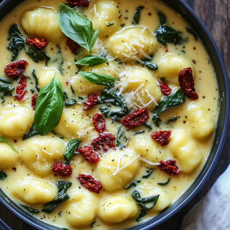 - 1 package (16 oz) gnocchi - 1 cup sun-dried tomatoes, chopped - 3 cups vegetable broth - 1 cup heavy cream - 2 tablespoons olive oil - 2 cups fresh spinach - 1/2 cup grated Parmesan cheese - Fresh basil leaves for garnish - 1 teaspoon garlic powder - 1 teaspoon onion powder - 1 teaspoon Italian seasoning - Salt and pepper to taste You need to gather your ingredients first. Let’s talk about the main ingredients. Gnocchi are soft, pillowy pasta made from potatoes. They serve as the base for this dish. Sun-dried tomatoes bring a sweet and tangy flavor. They add a burst of color, too. Next, you need heavy cream. It gives the dish a rich and smooth texture. Vegetable broth adds depth and flavor. You can use homemade or store-bought broth. Both work well. For optional ingredients, olive oil helps sauté the sun-dried tomatoes. Fresh spinach adds a pop of green and nutrients. Grated Parmesan cheese melts into the sauce for extra creaminess. Fresh basil leaves make a lovely garnish. Now, let’s discuss seasoning. Garlic powder gives a warm flavor. Onion powder adds sweetness. Italian seasoning combines herbs like oregano and basil. Finally, salt and pepper enhance all the flavors. With these ingredients, you are ready to make a delicious meal. First, grab a large pot or deep skillet. Heat 2 tablespoons of olive oil over medium heat. This helps release the flavors of the sun-dried tomatoes. Once the oil is hot, add 1 cup of chopped sun-dried tomatoes. Sauté them for about 2-3 minutes. You want them to soften slightly, releasing their rich flavor into the oil. Next, toss in 1 package (16 oz) of gnocchi. Pour in 3 cups of vegetable broth. Sprinkle 1 teaspoon of garlic powder, 1 teaspoon of onion powder, and 1 teaspoon of Italian seasoning for added taste. Stir everything well, then bring it to a simmer. Cover the pot and reduce the heat to low. Let the gnocchi cook for 5-7 minutes. Keep an eye on them; they will float when they are tender. Now it’s time to add the creaminess. Pour in 1 cup of heavy cream and stir gently. Let it simmer for another 3-4 minutes. This thickens the sauce and makes it rich. Add 2 cups of fresh spinach and 1/2 cup of grated Parmesan cheese. Stir until the spinach wilts and the cheese melts. Finally, season with salt and pepper to taste. Adjust according to your liking. To ensure tenderness, cook gnocchi until they float. This means they are ready. If you overcook them, they can become mushy. Keep an eye on the clock. Remove them from heat as soon as they rise. You can add spices like red pepper flakes for heat. Fresh herbs, like parsley or thyme, can brighten the dish. For extra protein, try adding cooked chicken or shrimp. Veggies like bell peppers or zucchini also work well in this dish. Garnish with fresh basil leaves for color and flavor. A sprinkle of extra Parmesan cheese adds a gourmet touch. Serve in shallow bowls to show off the creamy sauce and gnocchi. Pair it with a crisp salad to balance the richness. {{image_2}} To make a vegan version, swap heavy cream for coconut cream. Use a plant-based gnocchi too. For a gluten-free option, select gluten-free gnocchi. These changes keep the dish creamy and tasty without losing flavor. You can add different cheeses for extra flavor. Try goat cheese or feta for a tangy twist. Incorporate more vegetables like bell peppers or mushrooms for added nutrition. These additions make each bite unique and exciting. You can cook this dish on the stovetop or in an Instant Pot. If you use an Instant Pot, set it to high pressure for five minutes for quick cooking. A one-pan method allows for easy cleanup, while a skillet can give you a nice sear. Both methods yield a delicious meal with minimal fuss. To keep your One-Pot Creamy Sun-Dried Tomato Gnocchi fresh, use airtight containers. Glass or plastic containers work great. Store your dish in the fridge within two hours after cooking. This meal stays good for about three days. You can freeze leftovers for later. First, let the gnocchi cool down completely. Then, place it in a freezer-safe container or bag. Be sure to remove as much air as possible. This helps prevent freezer burn. You can freeze it for up to two months. When you’re ready to enjoy it, thaw it overnight in the fridge. To reheat, use a skillet on low heat. Add a splash of vegetable broth or cream to keep it moist. Stir gently until heated through. Avoid using a microwave, as it can make the gnocchi mushy. If you want the best texture, use the stovetop method. This keeps the gnocchi creamy and delicious! For this dish, you can use either fresh or packaged gnocchi. Fresh gnocchi often tastes better and has a softer texture. It cooks quickly and adds a delightful touch. Packaged gnocchi is more convenient and has a longer shelf life. Both types work well in this recipe, so pick what you like best! Yes, you can use different types of cream in this recipe. Heavy cream gives a rich taste, but you can swap it for half-and-half for a lighter option. If you want dairy-free, try coconut cream or cashew cream. Both add a nice creaminess without dairy. Adjust the amount based on your taste! Watch for the gnocchi to float to the surface. This usually happens after about 5-7 minutes of cooking. Once they float, they are mostly done. You can also taste one to check for tenderness. If it feels soft and pillowy, it's ready to enjoy! This blog post covered everything you need for a creamy gnocchi dish. We explored key ingredients like gnocchi, sun-dried tomatoes, and heavy cream. I shared easy steps for cooking and tips for perfecting your dish. You can customize flavors and even accommodate dietary needs. With simple storage and reheating methods, you can enjoy this meal later. I hope you feel inspired to try it. Enjoy cooking and experimenting!