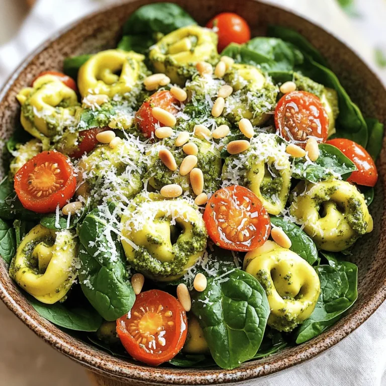 To make this bright and tasty salad, you will need the following main ingredients: - 12 oz cheese tortellini - 1 cup cherry tomatoes, halved - 1 cup fresh spinach, roughly chopped - ½ cup fresh basil, chopped - ¼ cup pine nuts, toasted - ½ cup pesto sauce (store-bought or homemade) - ½ cup cream cheese, softened - 1 tablespoon olive oil - Salt and pepper to taste - Grated Parmesan cheese for garnish These ingredients come together to create a creamy and flavorful dish. The cheese tortellini adds a nice bite, while the veggies bring freshness. You can also add a few optional ingredients to make your salad even better: - Diced cucumbers for crunch - Red onion for a sharp taste - Bell peppers for sweetness - Grated carrots for color These extras let you customize your salad and make it your own. Not all ingredients are set in stone. Here are some swaps you can try: - Use whole wheat tortellini for a healthier option. - Swap cream cheese for Greek yogurt for a lighter feel. - Replace pine nuts with walnuts or sunflower seeds if needed. - Use arugula instead of spinach for a peppery kick. These substitutions keep the dish tasty while catering to your needs. Feel free to get creative! To start, cook the cheese tortellini. Boil water in a pot and add the tortellini. Cook until they are al dente, which usually takes about 3 to 5 minutes. Drain the tortellini and rinse them under cold water. This stops the cooking process and cools them down quickly. Next, grab a large bowl. In this bowl, mix the pesto sauce and softened cream cheese. Stir them together until you have a smooth, creamy mixture. If the sauce feels too thick, add a splash of olive oil. This will help thin it out and make it easier to mix. Now, it’s time to combine everything. In the same large bowl, add the cooled tortellini, halved cherry tomatoes, chopped spinach, and fresh basil. Pour the creamy pesto mixture over the top. Gently toss all the ingredients together to coat them evenly. Add toasted pine nuts and season with salt and pepper. Toss again to make sure everything is mixed well. Let the salad sit for about 15 minutes. This wait time allows the flavors to blend beautifully. Serve it chilled or at room temperature, topped with grated Parmesan cheese. Enjoy your fresh and flavorful dish! To cook tortellini, follow the package directions closely. Typically, this takes 3 to 5 minutes. You want them al dente. This means firm but not hard. If you overcook them, they turn mushy. Drain them well, then rinse under cold water. This helps stop the cooking process. For a creamy sauce, mix pesto and cream cheese together. Use a bowl to blend them until smooth. If it feels too thick, add a splash of olive oil. This keeps the dressing creamy without making it runny. A creamy consistency helps the sauce coat the tortellini well. To serve your salad, use a large bowl or a platter. This makes it look inviting. Top your salad with grated Parmesan cheese. Sprinkle pine nuts on top for crunch. You can add a few basil leaves for color. Presenting your dish nicely makes it more enjoyable to eat. {{image_2}} You can make this salad more filling by adding proteins. Grilled chicken, shrimp, or even diced turkey work well. If you like fish, try adding smoked salmon. For a vegetarian option, chickpeas or white beans add great texture and protein. Simply mix in your choice of protein after combining the tortellini and veggies. This makes the salad enjoyable for lunch or dinner. To make this salad vegetarian, use vegetable broth to cook the tortellini. Choose tortellini filled with cheese or vegetables. For a vegan version, opt for plant-based tortellini and swap the cream cheese for cashew cream or a vegan spread. Also, make sure to use vegan pesto. These changes keep the dish full of flavor while fitting your dietary needs. Seasoning can take your salad to a new level. Add a squeeze of lemon juice for brightness. Fresh herbs like parsley or dill add more flavor. For a bit of heat, sprinkle in red pepper flakes. You can also try adding olives or sun-dried tomatoes for extra taste. These simple tweaks help you create a salad that suits your palate perfectly. To store your creamy pesto tortellini salad, use an airtight container. Make sure the lid seals tightly. This keeps the salad fresh and tasty. Place the container in the fridge. It will stay good for up to three days. If you notice any changes in smell or color, throw it away. Keep your ingredients fresh by storing them correctly. Place cherry tomatoes in a cool, dry spot. Do not refrigerate them right away. Fresh spinach should stay in its original packaging in the fridge. Basil is best in a glass of water on the counter. Cover it lightly with a plastic bag. This keeps it fresh longer. Pine nuts should stay in a sealed container in a cool place. You can serve this salad cold or at room temperature. If you prefer it warm, gently reheat it. Use a pan on low heat and stir slowly. This keeps the creamy texture smooth. Avoid using a microwave, as it can change the salad's flavor. Add a splash of olive oil if it seems dry when reheating. Enjoy every bite! Yes, you can use homemade pesto. It adds a fresh touch to the dish. Making your own is easy. Just blend fresh basil, garlic, nuts, cheese, and olive oil. Adjust the flavor to your liking. Adding homemade pesto makes the salad unique and delightful. This salad lasts about 3 days in the fridge. Store it in an airtight container. The flavors get better as it sits. However, the vegetables may lose some crunch. It’s best to eat it fresh for the best taste and texture. Yes, you can prepare this salad ahead of time. Make the salad a day before serving. Just keep it chilled in the fridge. The flavors will blend well overnight. If you add nuts, consider adding them just before serving to keep them crunchy. You can add many different vegetables. Try bell peppers, cucumbers, or zucchini for extra crunch. You can also use arugula or kale for a peppery flavor. Mix and match according to your taste. This salad is flexible and allows for creativity. Yes, you can make this salad gluten-free. Just choose gluten-free tortellini. Many brands now offer gluten-free options. Ensure that the pesto and other ingredients are gluten-free too. This way, everyone can enjoy this tasty dish without worry. This blog post covered how to make a creamy pesto tortellini salad. We discussed key ingredients, optional add-ins, and substitutions. You learned simple steps for cooking tortellini and making the pesto mixture. Tips for perfect texture and serving ideas were included. Variations for proteins, vegetarian options, and seasoning enhancements were also shared. Lastly, I provided storage info and answered common questions. I hope these tips help you create a delicious salad that suits your taste. Enjoy your cooking adventure!