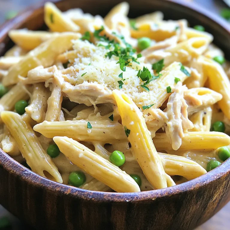 - 4 boneless, skinless chicken breasts - 1 cup chicken broth - 1 cup heavy cream - 8 ounces penne pasta - 1 tablespoon garlic powder - 1 teaspoon Italian seasoning - 1 teaspoon salt - 1/2 teaspoon black pepper - 1 cup grated Parmesan cheese - 1 cup frozen peas - Fresh parsley for garnish In this creamy pasta dish, the chicken and broth create a rich base. The chicken breasts stay tender as they cook. The heavy cream adds a smooth texture, while the Parmesan cheese gives a savory flavor. You can use any brand of chicken broth. Just make sure it is low sodium to control the salt level. Garlic powder gives a nice kick to the dish. Italian seasoning adds warmth and depth. The salt and pepper help balance all the flavors. Feel free to adjust these seasonings to your taste. The penne pasta is perfect for this recipe. It holds onto the creamy sauce well. You can choose any pasta shape you like, but penne works best. The frozen peas add a pop of color and sweetness. Don’t forget to garnish with fresh parsley! It adds brightness to the dish and makes it look beautiful. Enjoy this comforting meal with family or friends. First, layer the chicken in the bottom of your slow cooker. Place the four boneless, skinless chicken breasts side by side. Next, mix the seasoning blend. In a small bowl, combine one cup of chicken broth, one tablespoon of garlic powder, one teaspoon of Italian seasoning, one teaspoon of salt, and half a teaspoon of black pepper. This mixture adds great flavor to the chicken. Now, pour the broth mixture over the chicken. Make sure each piece is well coated. Set your slow cooker to low and cook for 5 to 6 hours. The chicken should be tender and fully cooked when you check it. After cooking, shred the chicken using two forks. It should pull apart easily. Return the shredded chicken to the slow cooker. Then, stir in one cup of heavy cream and one cup of grated Parmesan cheese. Mix until everything is fully combined. Cook on low for another 30 minutes to let the sauce thicken. While the sauce thickens, cook eight ounces of penne pasta according to the package instructions. After draining the pasta, set it aside. In the last ten minutes of cooking, add the cooked pasta and one cup of frozen peas to the slow cooker. Stir gently to combine everything. When ready, serve hot and garnish with fresh parsley for a pop of color. Enjoy your creamy pasta delight! To avoid curdling the cream, always add it at the end. Cook your chicken fully first. When you add cream, keep the heat low. Stir gently to mix. This helps the cream stay smooth. For cheese consistency, use fresh grated Parmesan. Pre-grated cheese often has additives that can change the sauce. When you add cheese, stir until it melts completely. This gives you a rich, creamy texture. I recommend cooking on low for the best results. This setting keeps the chicken tender and juicy. If you are short on time, you can use high for about 3-4 hours. Always check that the chicken reaches 165°F for safety. It should shred easily with a fork. For side dishes, garlic bread pairs well with this pasta. A simple green salad adds freshness. You can also serve it with steamed veggies for a healthy twist. For garnishing, sprinkle fresh parsley on top. This adds color and a fresh flavor. You can also add a bit of extra cheese if you like! {{image_2}} If you want a lighter dish, swap heavy cream for Greek yogurt or coconut milk. Both options add creaminess without extra fat. You can also use whole grain pasta instead of regular penne. Whole grain pasta gives more fiber and nutrients. Using fresh herbs makes a big difference in taste. Fresh parsley or basil adds brightness. Dried herbs work too, but fresh is best. You can also add veggies like spinach or bell peppers. These not only boost nutrition but also add color to your dish. For a vegan version, use plant-based cream and cheese. Cashew cream is a great choice for creaminess. Nutritional yeast can replace Parmesan cheese for that cheesy flavor. These swaps keep your dish creamy while making it plant-based. To store leftovers, let the dish cool down first. Then, scoop the creamy chicken pasta into an airtight container. This keeps the flavors fresh and prevents spills. Store it in the fridge for up to four days. Make sure to label it with the date. This way, you know when to eat it. You can freeze this dish for later use. First, let it cool completely. Transfer the pasta to a freezer-safe container. Leave some space at the top, as the sauce may expand when frozen. Seal the container tightly and label it. Frozen creamy Parmesan chicken pasta lasts up to three months. When you’re ready to eat, thaw it in the fridge overnight before reheating. To reheat, use the stove for the best texture. Place the pasta in a saucepan over low heat. Add a splash of chicken broth or cream to keep it creamy. Stir gently until heated through. You can also use the microwave. Heat it in short bursts, stirring in between. This prevents hot spots and keeps the dish tasty. Yes, you can use frozen chicken in this recipe. This method is simple and easy. Just place the frozen chicken breasts in the slow cooker. Cook on low for 7-8 hours instead of 5-6 hours. Make sure the chicken reaches an internal temperature of 165°F. This way, you get tender chicken without any fuss. I often use frozen chicken when I forget to thaw it. It saves time and keeps the meal easy. You can easily make this dish gluten-free. Just swap regular penne pasta for gluten-free penne. Many brands offer great gluten-free pasta that cooks well. Check the package for cooking times, as they can differ from regular pasta. You can also use spiralized veggies like zucchini for a lighter option. This keeps the dish fresh and tasty while meeting your needs. Absolutely! You can prep this meal ahead of time. You can season and layer the chicken in the slow cooker the night before. Cover it and store it in the fridge. In the morning, just plug in the slow cooker and go about your day. This dish stores well too. You can keep leftovers in the fridge for up to three days. Just reheat gently before serving to enjoy the rich flavors again. This recipe uses simple chicken, pasta, and cream for a tasty dish. I shared tips on cooking, seasoning, and storage. You learned to make it creamy without curdling. Variations offer healthy swaps and side ideas. With these steps, you can create a meal that's sure to impress. Enjoy your cooking adventure!
