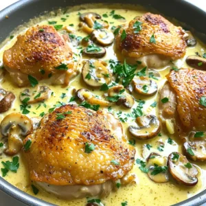 - 4 boneless, skinless chicken thighs - 2 cups of sliced cremini or button mushrooms - 4 cloves garlic, minced - 1 cup heavy cream - 1 cup chicken broth - 1 tablespoon olive oil - 1 teaspoon dried thyme - 1 teaspoon paprika - Salt and pepper to taste - Fresh parsley, chopped Gather these ingredients to make your One-Pan Creamy Mushroom Garlic Chicken. The chicken thighs are juicy and tender. The mushrooms add a rich, earthy flavor, while garlic gives a nice aroma. Heavy cream makes the sauce creamy and smooth. Chicken broth helps to deepen the flavor, along with thyme and paprika. Don't forget to season with salt and pepper to your liking. Finally, fresh parsley adds a pop of color and freshness. This simple list makes cooking easy and fun. Enjoy making this dish with fresh ingredients! Start by heating the olive oil in a large skillet over medium-high heat. While the oil heats, season the chicken thighs with salt, pepper, thyme, and paprika. This mix adds great flavor. Once the oil is hot, place the chicken thighs in the skillet. Sear them for 5-7 minutes on each side until they turn golden brown. Make sure they cook through. After searing, remove the chicken from the skillet and set it aside. In the same skillet, add the sliced mushrooms. Sauté them for about 4-5 minutes until they are browned and soft. This step enhances their flavor nicely. Next, add the minced garlic and cook for another minute. You want the garlic to be fragrant but not burnt. This will give your dish a lovely aroma. Now, pour in the chicken broth. Use a spatula to scrape up any browned bits from the bottom of the skillet. These bits add great taste. Let the broth simmer for 2-3 minutes. After that, reduce the heat to low and stir in the heavy cream. Mix it well until combined. Return the chicken thighs to the skillet. Let everything simmer for about 5-7 minutes, until the sauce thickens slightly. Taste it and adjust the seasoning with more salt and pepper if needed. Finish by garnishing with fresh chopped parsley before serving. To get perfect chicken, timing is key. Start by searing your chicken thighs for about 5-7 minutes. This gives them a nice golden brown color. Flip them and do the same on the other side. Always check that the chicken reaches 165°F internally. To avoid overcooking, remove the chicken as soon as it’s done. Let it rest off the heat. This keeps the juices inside, making it more tender. You can always return it to the pan later to soak up the sauce. Want a creamier sauce? You can use half-and-half instead of heavy cream for a lighter touch. This still adds richness, but it’s less thick. You can also try sour cream for a tangy twist. For richer flavor, add a splash of white wine when cooking the mushrooms. Let it reduce before adding the broth. This adds depth without overpowering the dish. This dish pairs well with fresh vegetables or a simple salad. Try serving it with roasted asparagus or garlic bread. Both complement the creamy sauce nicely. Presentation is key to impressing your guests. Serve the chicken on a large platter. Spoon the sauce over the chicken and sprinkle fresh parsley on top. This adds a pop of color and freshness. {{image_2}} For those with specific dietary needs, this dish can easily adapt. - Gluten-free options: Use gluten-free chicken broth. This simple swap keeps the dish safe for gluten-free diets. - Dairy-free modifications: Substitute heavy cream with coconut cream or a nut milk. This change ensures you keep the creaminess without dairy. You can elevate the flavor of this dish by trying some fun twists. - Adding additional herbs and spices: Fresh rosemary or basil can add great depth. Try mixing in some red pepper flakes for a spicy kick. - Substitute proteins like turkey or tofu: If you want variety, chicken is not your only option. Turkey thighs work well, or you can swap for tofu to make it plant-based. Adding veggies can boost nutrition and flavor in this recipe. - Incorporating greens or other vegetables: Toss in spinach or kale during the last few minutes of cooking. This adds color and nutrients to the dish. - Seasonal variations for the recipe: In summer, fresh zucchini or bell peppers can shine. In fall, think about adding butternut squash for a sweet touch. To store leftovers, let the dish cool first. Place the chicken and sauce in an airtight container. This keeps it fresh and avoids spills. You can keep it in the fridge for up to three days. After that, the sauce may lose its creamy texture and flavor. To freeze the dish, wait until it cools completely. Then, transfer it to a freezer-safe container. Make sure to leave some space at the top for expansion. You can freeze it for up to three months. When ready to eat, thaw it overnight in the fridge. Reheat the dish in a skillet over low heat. Stir in a splash of cream to restore its richness. This dish is great for meal prep. You can make it ahead of time for the week. Portion it into containers before refrigerating. When you are ready to eat, just reheat in the microwave or on the stove. To keep the sauce creamy, add a little extra broth or cream while reheating. This way, your meal stays tasty and fresh! The total cooking time is about 30 minutes. You spend 10 minutes prepping, and then 20 minutes cooking. This means you can serve a tasty meal quickly after a busy day. Yes, you can use boneless chicken breasts or thighs. Both work well in this dish. Chicken thighs stay juicy, while breasts are leaner. Choose based on your taste or what you have at home. This dish pairs well with rice, pasta, or a fresh salad. You can also serve it with steamed vegetables for a balanced meal. Garlic bread is a great choice, too, to soak up the creamy sauce. Enjoy your meal! This blog post guided you through making One-Pan Creamy Mushroom Garlic Chicken. We explored key ingredients like chicken thighs, mushrooms, and garlic. I shared step-by-step instructions to sear, sauté, and combine everything into a delicious dish. You also learned tips for perfecting the recipe and storing leftovers. My final thoughts: This dish is simple, tasty, and adaptable. With practice, you'll impress everyone with your cooking. Enjoy experimenting and making it your own!
