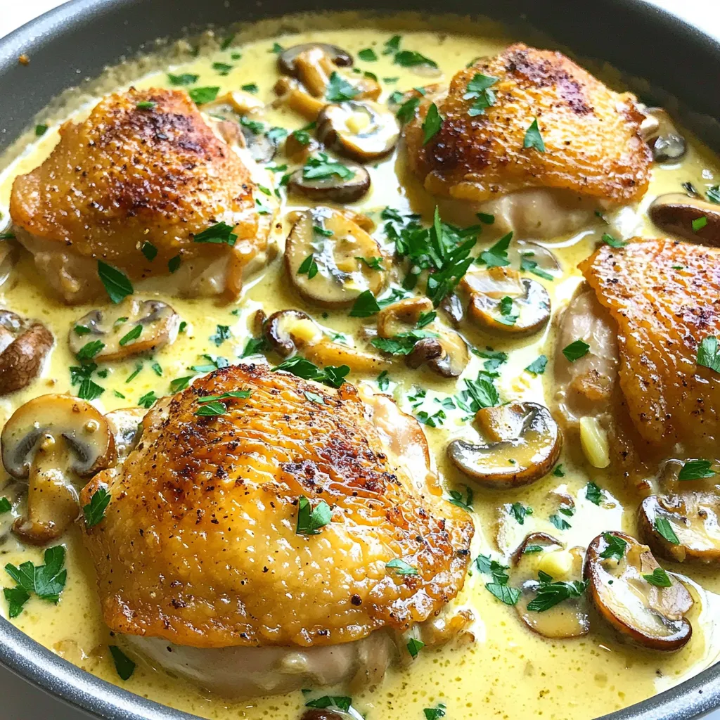 - 4 boneless, skinless chicken thighs - 2 cups of sliced cremini or button mushrooms - 4 cloves garlic, minced - 1 cup heavy cream - 1 cup chicken broth - 1 tablespoon olive oil - 1 teaspoon dried thyme - 1 teaspoon paprika - Salt and pepper to taste - Fresh parsley, chopped Gather these ingredients to make your One-Pan Creamy Mushroom Garlic Chicken. The chicken thighs are juicy and tender. The mushrooms add a rich, earthy flavor, while garlic gives a nice aroma. Heavy cream makes the sauce creamy and smooth. Chicken broth helps to deepen the flavor, along with thyme and paprika. Don't forget to season with salt and pepper to your liking. Finally, fresh parsley adds a pop of color and freshness. This simple list makes cooking easy and fun. Enjoy making this dish with fresh ingredients! Start by heating the olive oil in a large skillet over medium-high heat. While the oil heats, season the chicken thighs with salt, pepper, thyme, and paprika. This mix adds great flavor. Once the oil is hot, place the chicken thighs in the skillet. Sear them for 5-7 minutes on each side until they turn golden brown. Make sure they cook through. After searing, remove the chicken from the skillet and set it aside. In the same skillet, add the sliced mushrooms. Sauté them for about 4-5 minutes until they are browned and soft. This step enhances their flavor nicely. Next, add the minced garlic and cook for another minute. You want the garlic to be fragrant but not burnt. This will give your dish a lovely aroma. Now, pour in the chicken broth. Use a spatula to scrape up any browned bits from the bottom of the skillet. These bits add great taste. Let the broth simmer for 2-3 minutes. After that, reduce the heat to low and stir in the heavy cream. Mix it well until combined. Return the chicken thighs to the skillet. Let everything simmer for about 5-7 minutes, until the sauce thickens slightly. Taste it and adjust the seasoning with more salt and pepper if needed. Finish by garnishing with fresh chopped parsley before serving. To get perfect chicken, timing is key. Start by searing your chicken thighs for about 5-7 minutes. This gives them a nice golden brown color. Flip them and do the same on the other side. Always check that the chicken reaches 165°F internally. To avoid overcooking, remove the chicken as soon as it’s done. Let it rest off the heat. This keeps the juices inside, making it more tender. You can always return it to the pan later to soak up the sauce. Want a creamier sauce? You can use half-and-half instead of heavy cream for a lighter touch. This still adds richness, but it’s less thick. You can also try sour cream for a tangy twist. For richer flavor, add a splash of white wine when cooking the mushrooms. Let it reduce before adding the broth. This adds depth without overpowering the dish. This dish pairs well with fresh vegetables or a simple salad. Try serving it with roasted asparagus or garlic bread. Both complement the creamy sauce nicely. Presentation is key to impressing your guests. Serve the chicken on a large platter. Spoon the sauce over the chicken and sprinkle fresh parsley on top. This adds a pop of color and freshness. {{image_2}} For those with specific dietary needs, this dish can easily adapt. - Gluten-free options: Use gluten-free chicken broth. This simple swap keeps the dish safe for gluten-free diets. - Dairy-free modifications: Substitute heavy cream with coconut cream or a nut milk. This change ensures you keep the creaminess without dairy. You can elevate the flavor of this dish by trying some fun twists. - Adding additional herbs and spices: Fresh rosemary or basil can add great depth. Try mixing in some red pepper flakes for a spicy kick. - Substitute proteins like turkey or tofu: If you want variety, chicken is not your only option. Turkey thighs work well, or you can swap for tofu to make it plant-based. Adding veggies can boost nutrition and flavor in this recipe. - Incorporating greens or other vegetables: Toss in spinach or kale during the last few minutes of cooking. This adds color and nutrients to the dish. - Seasonal variations for the recipe: In summer, fresh zucchini or bell peppers can shine. In fall, think about adding butternut squash for a sweet touch. To store leftovers, let the dish cool first. Place the chicken and sauce in an airtight container. This keeps it fresh and avoids spills. You can keep it in the fridge for up to three days. After that, the sauce may lose its creamy texture and flavor. To freeze the dish, wait until it cools completely. Then, transfer it to a freezer-safe container. Make sure to leave some space at the top for expansion. You can freeze it for up to three months. When ready to eat, thaw it overnight in the fridge. Reheat the dish in a skillet over low heat. Stir in a splash of cream to restore its richness. This dish is great for meal prep. You can make it ahead of time for the week. Portion it into containers before refrigerating. When you are ready to eat, just reheat in the microwave or on the stove. To keep the sauce creamy, add a little extra broth or cream while reheating. This way, your meal stays tasty and fresh! The total cooking time is about 30 minutes. You spend 10 minutes prepping, and then 20 minutes cooking. This means you can serve a tasty meal quickly after a busy day. Yes, you can use boneless chicken breasts or thighs. Both work well in this dish. Chicken thighs stay juicy, while breasts are leaner. Choose based on your taste or what you have at home. This dish pairs well with rice, pasta, or a fresh salad. You can also serve it with steamed vegetables for a balanced meal. Garlic bread is a great choice, too, to soak up the creamy sauce. Enjoy your meal! This blog post guided you through making One-Pan Creamy Mushroom Garlic Chicken. We explored key ingredients like chicken thighs, mushrooms, and garlic. I shared step-by-step instructions to sear, sauté, and combine everything into a delicious dish. You also learned tips for perfecting the recipe and storing leftovers. My final thoughts: This dish is simple, tasty, and adaptable. With practice, you'll impress everyone with your cooking. Enjoy experimenting and making it your own!