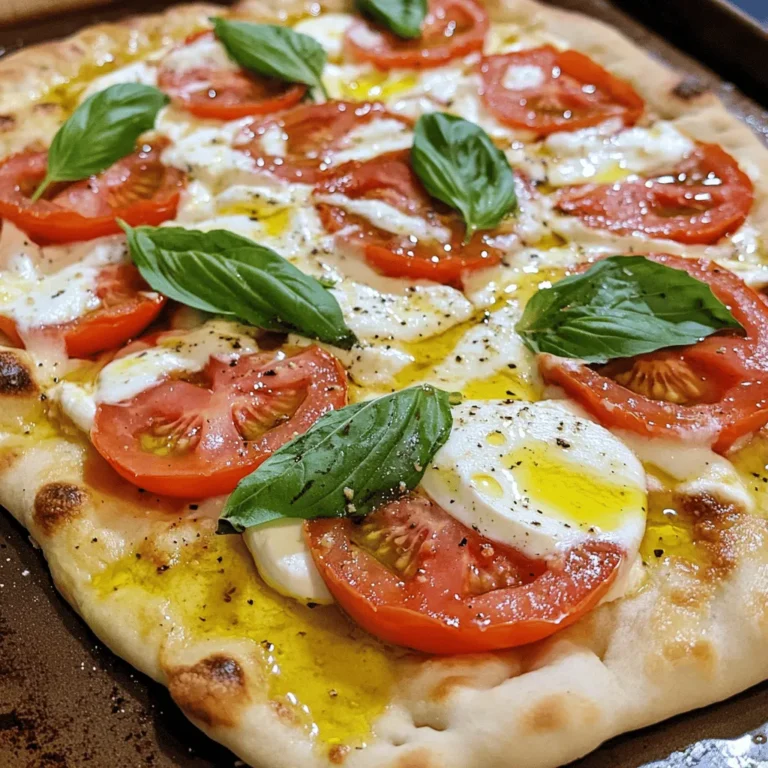 - 1 large flatbread or naan - 1 cup fresh mozzarella cheese, sliced - 2 medium ripe tomatoes, sliced - 1/4 cup fresh basil leaves - 2 tablespoons olive oil - 1 garlic clove, minced - 1 teaspoon balsamic vinegar - Salt and pepper, to taste - Pinch of red pepper flakes (optional) The foundation of this recipe is simple yet vibrant. The flatbread or naan serves as the base. I love the way it crisps up in the oven, creating a perfect canvas for the toppings. Fresh mozzarella cheese adds a creamy richness that melts beautifully. Using ripe tomatoes brings a burst of flavor that brightens every bite. The fresh basil leaves add an aromatic touch, making the flatbread smell amazing. To enhance the flavors, we create a flavor base. The olive oil serves as a rich foundation. Mixing in minced garlic infuses a warm taste that complements the cheese and tomatoes. Balsamic vinegar adds a tangy depth, balancing the richness of the mozzarella. Don’t forget salt and pepper to season properly. If you like a bit of heat, a pinch of red pepper flakes can elevate the dish. This combination of ingredients is what makes this flatbread a true delight. 1. Preheat your oven to 400°F (200°C). This is the perfect temperature for a crispy flatbread. 2. In a small bowl, mix together olive oil, minced garlic, balsamic vinegar, salt, pepper, and red pepper flakes. This mix adds a rich flavor to the flatbread. 1. Place your flatbread on a baking sheet. Brush the garlic oil mixture evenly over the top. This gives a nice base for your toppings. 2. Next, layer fresh mozzarella slices across the flatbread. Make sure to cover it well. 3. Add the sliced tomatoes on top of the mozzarella. Slightly overlap them for great coverage. 4. Finally, sprinkle fresh basil leaves over the tomatoes. This adds a fresh, herbaceous kick. 1. Place the baking sheet in the oven. Bake for about 12-15 minutes. The cheese should melt and bubble, with a slight golden edge. 2. Remove it from the oven and let it cool for a minute. You can adjust the seasoning with more salt and pepper if needed. 3. Slice the flatbread into pieces. Enjoy it warm, and consider drizzling extra olive oil on top for added flavor. - Selecting fresh ingredients for optimal flavor: Always choose ripe tomatoes. Look for ones that feel firm but yield slightly to pressure. Pick fresh mozzarella that is soft and moist, as it melts beautifully. Fresh basil should be bright green and fragrant. - How to prevent soggy flatbread: To avoid sogginess, brush the flatbread with olive oil before adding toppings. Use less sauce or liquid ingredients. Bake the flatbread until the cheese is bubbly and the edges are crisp. - Adjusting seasoning to personal taste: Taste your garlic oil mixture before applying it. Add more salt, pepper, or red pepper flakes if you like. Remember, flavors can deepen during baking, so start with less and adjust after cooking if needed. - Pairing with side dishes or dips: This flatbread pairs well with a simple green salad or a fresh bowl of marinara sauce for dipping. You can also serve it with hummus for a unique twist. - Best wines to serve with the flatbread: A crisp white wine, like Pinot Grigio, complements the flavors nicely. If you prefer red, a light-bodied wine, like Chianti, works well too. {{image_2}} You can make your Tomato Basil Mozzarella Flatbread even more exciting by changing a few things. - Different Cheeses: Instead of fresh mozzarella, try goat cheese or feta. Each cheese adds a unique taste. Goat cheese gives a tangy flavor, while feta adds creaminess. - Extra Veggies: Want more crunch? Add bell peppers or arugula. Their colors and flavors will make your flatbread pop. Bell peppers bring sweetness, while arugula adds a peppery kick. Some people have special diets, but you can still enjoy this flatbread. - Gluten-Free Options: If you need gluten-free, look for flatbreads made from almond flour or cauliflower. These options taste great and still hold all your toppings. - Vegan Substitutes: For a vegan version, swap fresh mozzarella with a plant-based cheese. Nutritional yeast can also add a cheesy flavor without dairy. It’s a simple way to enjoy this dish while sticking to a vegan diet. To keep your Tomato Basil Mozzarella Flatbread fresh, wrap it tightly in plastic. Store it in the fridge for up to three days. This helps keep the flavors intact. Before you eat it, reheat it in the oven or a skillet. This method revives the cheese's creaminess and the flatbread's crispness. 1. Preheat your oven to 350°F (175°C). 2. Place the flatbread on a baking sheet. 3. Heat for about 10 minutes until warm. This way, each bite tastes like it just came out of the oven! If you want to freeze flatbread, do so before baking. Wrap it tightly in plastic and then foil. This prevents freezer burn and keeps the taste fresh. You can freeze it for up to three months. When you're ready to enjoy, there's a simple way to reheat it: 1. Preheat your oven to 400°F (200°C). 2. Remove the wrapping and place the flatbread on a baking sheet. 3. Bake for 12-15 minutes until the cheese melts and the edges are golden. This method helps keep your flatbread delicious and full of flavor! For short-term storage, place leftover flatbread in an airtight container. This helps keep it fresh for about three days in the fridge. If you want to store it long-term, wrap the flatbread tightly in plastic wrap or foil. Then, place it in a freezer-safe bag. This way, it can last up to three months without losing flavor. When ready to eat, thaw it in the fridge overnight before reheating. Yes, you can use store-bought flatbread. It saves time and still tastes great. Look for brands with simple ingredients. Some good options include whole wheat or gluten-free flatbreads. These can add different textures and flavors. Check the bakery section of your grocery store for fresh choices. You can personalize this flatbread to fit your taste. Try different cheeses like goat cheese or feta for a unique twist. Add veggies such as bell peppers or spinach for extra crunch. You can even drizzle some pesto or hot sauce for a kick. If you like it sweet, sprinkle a bit of honey over the top before serving. This blog post walked you through the tasty Tomato Basil Mozzarella Flatbread. We covered key ingredients, flavors, and steps to make it right. I shared tips on selecting fresh items and avoiding sogginess. You can even customize your flatbread with different toppings or cheeses. Finally, I gave advice on storing and reheating leftovers. Creating this delicious dish can be fun and rewarding. Enjoy making it your own!