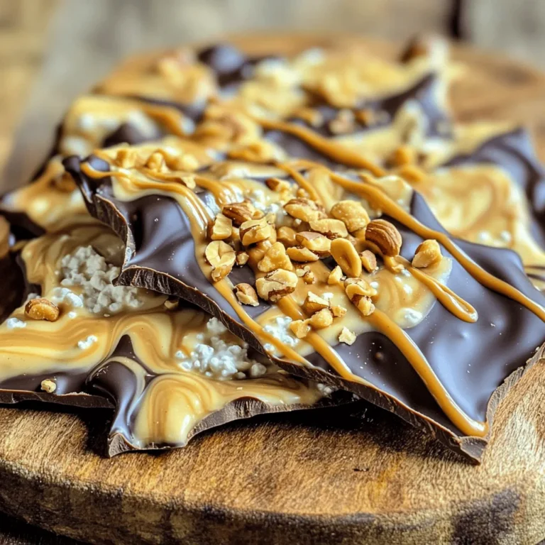 - 1 cup cottage cheese - 1/2 cup natural peanut butter - 1/4 cup honey or maple syrup Cottage cheese gives this bark a creamy base. It adds protein and a nice texture. Natural peanut butter brings rich flavor and healthy fats. Honey or maple syrup sweetens the mix. - 1/2 cup dark chocolate chips - 1/4 cup chopped nuts (such as almonds or walnuts) - 2 tablespoons chia seeds or hemp seeds Dark chocolate chips add a sweet and smooth touch. Chopped nuts add crunch and flavor. Chia or hemp seeds boost protein and texture. - 1/4 teaspoon sea salt - 1/2 teaspoon vanilla extract Sea salt enhances sweetness and balances flavors. Vanilla extract adds warmth and depth to the bark. These simple extras make a big difference in taste. To start, you need to combine the cottage cheese and natural peanut butter in a mixing bowl. This mix is the heart of the bark. Use an electric mixer on low speed or a whisk. Blend until the mix is smooth. Make sure there are no lumps from the cottage cheese. Next, add honey or maple syrup and vanilla extract. Sprinkle in the sea salt. Blend again until everything is well mixed. Now it’s time to melt the dark chocolate chips. Place them in a microwave-safe bowl. Heat in 30-second intervals. Stir the chocolate in between until it is fully melted and smooth. Once melted, pour half of the chocolate into the cottage cheese mix. Stir until it's mixed well. This adds a rich flavor to your bark. Line a baking sheet with parchment paper. Spread the cottage cheese and chocolate mixture evenly on the sheet. Use a spatula to smooth it out. Next, drizzle the remaining melted chocolate over the top. Create a marbled effect by swirling it slightly with a spatula or toothpick. Finally, sprinkle the chopped nuts over the bark. Press them in gently so they stick. Place the baking sheet in the freezer. Let it chill for about 2-3 hours. You want the bark to be completely firm. Once set, take the baking sheet out. Lift the bark from the pan using the edges of the parchment paper. Now, break it into pieces of your desired size. Enjoy your delicious treat! To get a smooth, lump-free mix, start with the cottage cheese. Use fresh, creamy cottage cheese for the best taste. When mixing, use an electric mixer on low speed. If you don’t have a mixer, a whisk works too. Just be patient, and blend until it’s creamy. For melting chocolate, use a microwave-safe bowl. Heat the dark chocolate chips in 30-second intervals. Stir the chocolate between each interval. This helps it melt evenly. If you overheat it, the chocolate can seize. Keep an eye on it for a smooth finish. When serving, presentation matters. A decorative plate makes the bark look fancy. You can also use a mason jar for a cute gift. Tie it with a ribbon for extra charm. For garnishes, consider adding flaky sea salt on top. It adds a nice contrast to the sweetness. A drizzle of extra peanut butter can also make it look more appealing. You can even add fresh berries for a pop of color. To add more protein, fold in some seeds. Chia seeds or hemp seeds work great. Just two tablespoons can boost the protein content. When picking toppings, choose healthy options. Chopped nuts like almonds or walnuts add crunch and extra nutrients. You can also use seeds to add variety. This way, you can enjoy a tasty treat that’s also good for you. {{image_2}} You can change the nut butter in this recipe for fun. Try almond butter or cashew butter. Each nut butter brings its own taste. You can also swap honey for maple syrup or agave. This change can make your bark sweeter or more earthy. If you want a vegan version, use plant-based substitutes. Try silken tofu instead of cottage cheese. Use maple syrup as a sweetener. Choose dairy-free chocolate chips for a vegan treat. To make it gluten-free, ensure your chocolate and any nuts are certified gluten-free. Adding dried fruits can give your bark a chewy texture. Consider raisins, cranberries, or chopped dates. You can also mix in shredded coconut for extra crunch. If you love chocolate, try white chocolate or milk chocolate chips instead. Each type will change the bark's flavor and look. To keep your bark fresh, freeze it in an airtight container. This prevents freezer burn and keeps the flavors intact. You can also use freezer bags, but make sure to remove all the air. This helps keep your bark nice and tasty. Your High-Protein Peanut Butter Chocolate Cottage Cheese Bark can last in the freezer for up to two weeks. After that, it may lose its flavor and texture. Watch for signs of spoilage, like ice crystals or an off smell. If you notice these, it's best to toss it out. You can easily use leftover bark in other recipes. Try mixing it into yogurt or oatmeal for added flavor and protein. You can also enjoy frozen pieces as quick, healthy snacks. They are perfect for a sweet treat without much effort! This recipe takes about 10 minutes to prep. The total time is 3 hours and 10 minutes. Most of that time is for freezing the bark. Yes, you can change the flavors. Use almond butter instead of peanut butter. Try maple syrup or agave for sweetness. Add spices like cinnamon or nutmeg for more taste. Yes, this bark works well for meal prep. You can make it ahead and store it in your freezer. Keep it in an airtight container for up to two weeks. This bark is rich in protein. Cottage cheese and peanut butter give you a good protein boost. The dark chocolate adds antioxidants. If you use seeds, you add even more protein and healthy fats. In this article, we explored how to make High-Protein Peanut Butter Chocolate Cottage Cheese Bark. You learned about key and optional ingredients, plus flavor enhancers. I shared step-by-step instructions for mixing, preparing, and assembling the bark. You also got tips to perfect texture and store your treats. Finally, remember this recipe is flexible. Feel free to customize it for your tastes or needs. Whether you're making a quick snack or a meal prep option, this bark is a nutritious choice. Enjoy creating your tasty treat!