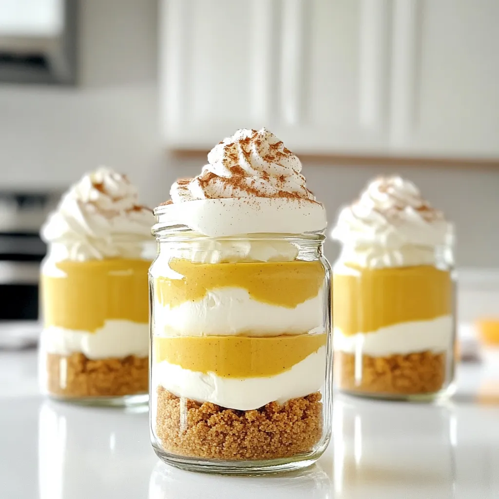 To make these Pumpkin Cheesecake Mousse Parfaits, gather the following items: - 1 cup pumpkin puree - 8 oz cream cheese, softened - 1/2 cup Greek yogurt - 1/2 cup powdered sugar - 1 teaspoon vanilla extract - 1 teaspoon pumpkin pie spice - 1 cup heavy whipping cream - 1 cup crushed graham crackers - 2 tablespoons melted butter These ingredients create a rich and creamy mousse that pairs well with a crunchy base. Enhance the parfaits with these fun toppings: - Whipped cream, for topping - Ground cinnamon, for garnish These garnishes add flavor and make your dessert look extra special. You will need a few essential tools for this recipe: - Large mixing bowl - Electric mixer or whisk - Separate mixing bowl for whipped cream - Small bowl for graham cracker mixture - Serving glasses or jars Having the right tools helps you prepare and layer your parfaits easily. Start by getting a large mixing bowl. Add the softened cream cheese, pumpkin puree, Greek yogurt, powdered sugar, vanilla extract, and pumpkin pie spice. Use a hand mixer to beat all the ingredients together. Mix until everything becomes smooth and creamy. Check for lumps; you want it all even. Next, take a separate bowl and pour in the heavy cream. Use a whisk or a mixer to whip the cream. Whip it until you see stiff peaks form. This step is key for a light texture. Gently fold the whipped cream into the pumpkin mixture. Use a spatula and be careful. You want to keep it fluffy, not flat. Now it's time to build your parfaits! In a small bowl, mix your crushed graham crackers with melted butter. Stir until all the crumbs are coated. Start layering in your serving glasses. Begin with a layer of graham cracker mixture at the bottom. Next, add a generous layer of the pumpkin cheesecake mousse. Repeat these layers until the glasses are full. End with a smooth layer of mousse on top. Once you finish, chill the parfaits in the fridge for at least one hour. This helps them set. Before serving, add a dollop of whipped cream on top and sprinkle ground cinnamon for a festive look. Enjoy your delicious dessert! To make the best whipped cream, chill your bowl and beaters first. Cold tools help the cream whip better. Use heavy cream for a thick texture. Start on low speed, then increase to high. Stop when you see stiff peaks. This means the cream holds its shape well. Fold it gently into your pumpkin mix. Be careful not to over-mix, or it could turn grainy. For a stunning look, use clear glasses. You can see the layers of graham crackers and mousse. Mason jars give a cozy feel, while cocktail glasses feel fancy. Top each parfait with a swirl of whipped cream. Add a sprinkle of ground cinnamon for a warm touch. You can also place a cinnamon stick or a small pumpkin on the side for more flair. One mistake is not chilling the parfaits long enough. They need time to set and become firm. Another error is over-mixing the whipped cream. This can make it lose its light and airy texture. Always layer carefully; if you rush, you may mix the layers. Lastly, avoid using low-fat cream cheese. It won't give the rich taste you want. {{image_2}} You can change the flavor of your parfaits to keep things fresh. Try adding a layer of chocolate mousse for a rich twist. You can also mix in some caramel sauce for a sweet surprise. If you love spices, add a touch of nutmeg or ginger for extra warmth. Each change brings something new and exciting to your dessert. Toppings can elevate your parfaits. Instead of whipped cream, consider using coconut cream for a tropical vibe. Crushed nuts, like pecans or walnuts, add a nice crunch. A drizzle of maple syrup or honey can make your parfaits even sweeter. You can also use fresh fruit, like slices of pear or apple, for a bright touch. To make this dessert gluten-free, swap graham crackers with gluten-free cookies or oats. You can crush gluten-free ginger snaps for a spicy kick. Just check the labels to ensure all ingredients are safe. This way, everyone can enjoy the creamy, deliciousness of your parfaits without worry. To store any leftover parfaits, cover the glasses tightly with plastic wrap. This helps keep the mousse fresh and prevents it from absorbing odors from the fridge. If you used jars, simply screw on the lids. Store them in the fridge for up to three days. You can freeze the parfaits, but be careful. The texture may change once thawed. To freeze, place the parfaits in airtight containers. Leave some space at the top, as the mousse expands when frozen. They can last for about two months in the freezer. When ready to enjoy, move them to the fridge overnight to thaw. These parfaits stay tasty for up to three days in the fridge. If you freeze them, remember they last longer but may not taste the same. For best quality, enjoy them fresh. Always check for signs of spoilage, like off smells or changes in texture, before serving. Yes, you can make these parfaits a day in advance. Just follow the recipe and chill them. This allows the flavors to blend nicely. The longer they sit, the better they taste. Just remember to add the whipped cream right before serving. This keeps it fresh and fluffy. I recommend using small glasses or jars. They should hold about 6 to 8 ounces. This size is perfect for a single serving. You can use mason jars for a fun, rustic look. Clear glasses also work well to show the layers. Yes, you can make a dairy-free version! Use dairy-free cream cheese and coconut cream in place of regular cream. For yogurt, try almond or coconut yogurt. The flavor will still be delicious, and it can be just as creamy. Enjoy your pumpkin cheesecake mousse parfaits without the dairy! This blog post covered everything you need for perfect pumpkin parfaits. We talked about ingredients, steps, and tips for success. You learned how to whip cream and avoid common mistakes. I also shared fun variations and storage advice. Remember, the key is to enjoy the process. These parfaits can impress your friends and family. Experiment with flavors and have fun. You will make a delicious dessert to share.