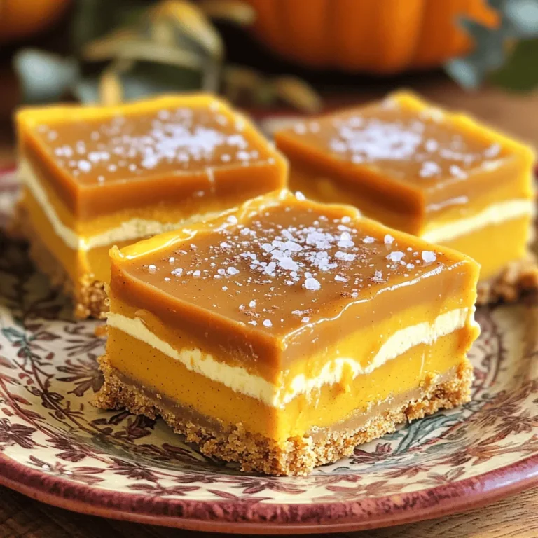 - 1 ½ cups graham cracker crumbs - ½ cup unsalted butter, melted - ⅓ cup brown sugar - 1 (15 oz) can pure pumpkin puree - 1 cup cream cheese, softened - ½ cup powdered sugar - 1 tsp vanilla extract - 1 tsp pumpkin pie spice - ½ cup salted caramel sauce - Sea salt for garnish The ingredients for No-Bake Salted Caramel Pumpkin Bars are simple and easy to find. You need graham cracker crumbs for the crust. They give a nice crunch and flavor. Melted unsalted butter helps bind the crust together. Brown sugar adds sweetness and a rich taste. The filling is where the magic happens. Pure pumpkin puree is key for that fall flavor. Cream cheese makes it creamy and smooth. The powdered sugar sweetens the mix, while vanilla extract adds depth. Pumpkin pie spice brings warmth and that classic autumn aroma. Finally, the salted caramel sauce is a game changer. It adds a sweet and salty contrast. You can sprinkle sea salt on top for an extra burst of flavor. These ingredients come together to create a delightful treat. - Alternative crust options: You can use crushed cookies or oats for a different base. - Dairy-free alternatives: Swap cream cheese for a dairy-free cream cheese. Use coconut oil instead of butter. - Sweetener substitutes: Replace brown sugar with maple syrup or honey for a natural sweetness. These substitutions allow you to customize the recipe to fit your needs or preferences. Enjoy experimenting with these options! First, mix the graham cracker crumbs, melted butter, and brown sugar in a bowl. Use a fork or your hands to blend them well. You want a crumbly texture that sticks together. Next, press this mixture into the bottom of a 9x9-inch baking dish. Make sure to cover the whole bottom evenly. Once pressed, chill this crust in the refrigerator for about 10 to 15 minutes. This will help it set. In a clean bowl, start by mixing the cream cheese until it is smooth and creamy. This step is key to a nice texture. Then, add the pumpkin puree, powdered sugar, vanilla extract, and pumpkin pie spice. Mix everything together until there are no lumps. You want a smooth filling that will be rich in flavor. Now, remove the crust from the fridge. Pour the pumpkin filling over the crust. Spread it evenly with a spatula or the back of a spoon. Next, drizzle the salted caramel sauce on top. Use a knife to swirl the caramel into the pumpkin filling for a marbled look. Finally, return the dish to the refrigerator. Chill for at least 3 hours or until the bars are firm. This step is important to make sure your bars hold their shape when cut. To mix the ingredients smoothly, use room temperature cream cheese. This helps blend easily with the pumpkin puree. Start by mixing the cream cheese alone until creamy. Then add pumpkin puree and other ingredients gradually. Make sure there are no lumps. Chill the bars for at least three hours. This time allows the filling to set properly. If you can, leave them overnight. Keeping the bars in a cool spot helps maintain their shape. For a lovely presentation, serve these bars on a decorative plate. Drizzle some extra salted caramel on top. Add a sprinkle of cinnamon for a festive touch. This not only looks nice but adds flavor too. When cutting the bars, use a sharp knife. Dip the knife in warm water for clean cuts. This helps make each bar look neat and tasty. If the crust is too crumbly, add a bit more melted butter. This helps it hold together better. If the filling is too sweet, mix in a bit more pumpkin puree. This balances the flavors nicely. For spice adjustments, add more pumpkin pie spice or cinnamon. Taste as you go to find your perfect flavor. It’s all about making these bars just right for you! {{image_2}} You can easily change the flavor of your no-bake salted caramel pumpkin bars. Adding chocolate or butterscotch chips gives them a sweet twist. Simply mix in half a cup of chips into the pumpkin filling. You can also try different spices for new tastes. Swap the pumpkin pie spice for cinnamon or nutmeg to find your favorite. Want to impress at a party? Turn your bars into mini desserts. Cut them into small squares or use a cookie cutter for fun shapes. These bite-sized treats are perfect for sharing! You can also pair the bars with ice cream or whipped cream. A scoop of vanilla ice cream on top adds a creamy touch. Think about using fresh pumpkin instead of canned. Fresh pumpkin has a vibrant taste and texture. To use fresh pumpkin, roast and puree it until smooth. You can also mix in other fall flavors. Try adding a bit of maple syrup or chopped pecans for a cozy twist. These changes keep your bars fresh and exciting! To keep your No-Bake Salted Caramel Pumpkin Bars fresh, store them in the refrigerator. Place them in an airtight container. This helps prevent them from drying out. The cold air keeps the flavors bright and tasty. Make sure to cover them well, so they remain soft and creamy. If you want to save some bars for later, you can freeze them. Cut the bars into pieces before freezing. Wrap each piece in plastic wrap. Then, place them in a freezer-safe bag. This way, they stay fresh for up to three months. When you’re ready to enjoy them, take a bar out and let it thaw in the fridge. It usually takes a few hours to soften. In the refrigerator, your bars will last about five days. Keep an eye on them. If they start to smell off or look dry, it’s best to toss them. A good sign that the bars have gone bad is if the crust becomes hard or the filling separates. Always check for freshness before serving. No-Bake Salted Caramel Pumpkin Bars last about five days in the fridge. Keep them covered with plastic wrap or in an airtight container. The bars taste best when fresh, but they hold up well for a few days. Yes, you can make these bars ahead of time. They are perfect for parties or holidays. Prepare them a day or two in advance. Just remember to chill them for at least three hours. If you want a substitute for cream cheese, try using Greek yogurt or silken tofu. Both options give a creamy texture. You can also use dairy-free cream cheese for a vegan option. Chilling the bars for three hours helps them set properly. It makes cutting and serving easier. If you chill for less time, they may be too soft. Yes, you can use homemade salted caramel sauce. It adds a personal touch and extra flavor. Just make sure it’s thick enough to drizzle and swirl into the filling. In this blog post, we explored making delicious No-Bake Salted Caramel Pumpkin Bars. We covered simple ingredient choices, how to prepare the crust, and tips for a smooth filling. You learned about different ways to serve and store these tasty treats. Remember, the joy of this recipe lies in its flexibility and ease. You can adjust flavors, swap ingredients, and even make them days ahead. Enjoy the process and share these bars with friends, making fall a little sweeter.