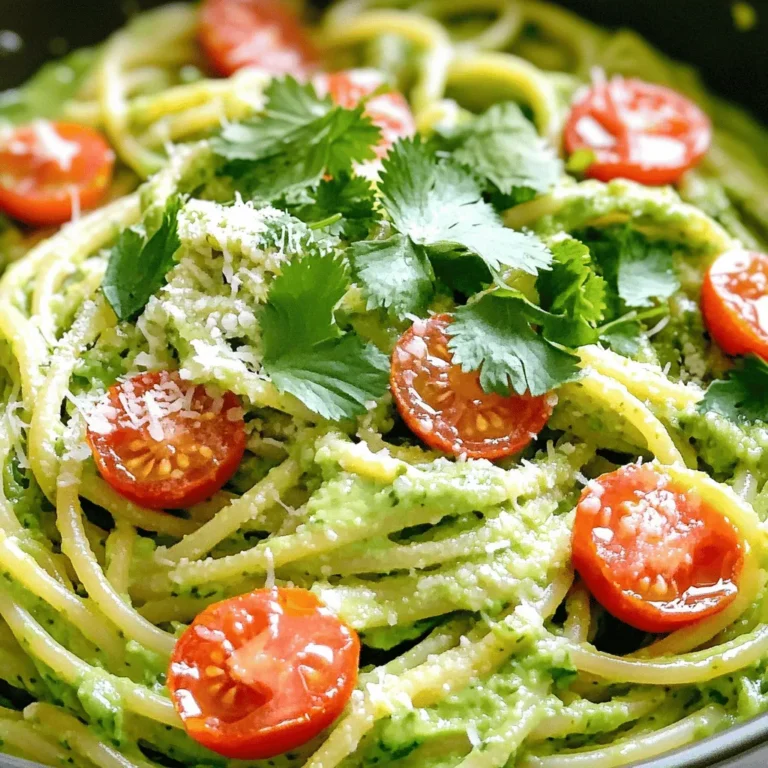 - 12 oz pasta (spaghetti, fettuccine, or penne) - 2 ripe avocados - 1 cup fresh cilantro leaves - 2 cloves garlic - 2 tablespoons lemon juice - 1/4 cup olive oil - Seasoning: salt, black pepper, red pepper flakes - Optional garnishes: cherry tomatoes, Parmesan cheese To make creamy avocado cilantro pasta, gather these fresh ingredients. Choose your favorite pasta type. I like using penne for its bite. Ripe avocados give the sauce a smooth texture. Fresh cilantro brings a bright flavor. Garlic adds a tasty punch. Lemon juice gives balance and freshness. Olive oil helps blend everything together. Don't forget the salt and pepper for seasoning. If you like some heat, add red pepper flakes. You can also use cherry tomatoes and Parmesan to make it even better. Enjoy the vibrant colors and flavors as you prepare this delightful meal! To start, bring a large pot of salted water to a boil. Salt helps flavor the pasta. Add 12 ounces of your favorite pasta, like spaghetti or penne. Cook it according to the package instructions. Aim for an al dente texture, which means the pasta should be firm but not hard. This usually takes about 8 to 12 minutes. Once done, reserve 1 cup of the pasta water. Then, drain the pasta and set it aside. Next, let’s make the creamy avocado sauce. Gather these ingredients: - 2 ripe avocados - 1 cup fresh cilantro leaves - 2 cloves garlic, minced - 2 tablespoons lemon juice - 1/4 cup olive oil - 1/2 teaspoon salt - 1/4 teaspoon black pepper - 1/4 teaspoon red pepper flakes (optional) In a food processor or blender, combine the avocados, cilantro, garlic, lemon juice, olive oil, salt, black pepper, and red pepper flakes if you want some heat. Blend until the mixture is smooth and creamy. If it’s too thick, add a little reserved pasta water. Blend again until you reach your desired consistency. Now, it’s time to mix everything together. In a large bowl, combine the cooked pasta and the creamy avocado sauce. Toss the pasta well until it is evenly coated. If the sauce feels too thick, add more reserved pasta water a little at a time. This will help the sauce cling to the pasta better. For serving, divide the creamy avocado cilantro pasta onto plates. A shallow bowl works great for this. Top each serving with halved cherry tomatoes for color and sprinkle with freshly grated Parmesan cheese if you like. This dish is best served immediately for the best flavor and texture. Enjoy your delicious meal! To make your creamy avocado cilantro pasta even better, consider adding protein. Grilled chicken or sautéed shrimp work well. You can also try diced tofu for a plant-based option. Additional herbs and spices can boost the flavor. Fresh basil or parsley pairs nicely with cilantro. A sprinkle of garlic powder can add depth, too. If you enjoy heat, add more red pepper flakes for a spicy kick. For a healthier version, use whole-grain or gluten-free pasta. Whole-grain pasta adds fiber, while gluten-free options suit those with allergies. You can also substitute ingredients for dietary needs. Use sunflower seed butter instead of nut-based options for a nut-free meal. Greek yogurt can replace some avocado for a tangy twist while keeping it creamy. You can prepare the avocado sauce ahead of time. Just store it in an airtight container with a bit of lemon juice on top. This helps keep it fresh. If you want to make the pasta in advance, cook the pasta, then toss it with olive oil. This prevents sticking. When ready to serve, mix in the avocado sauce and warm it gently on low heat. {{image_2}} You can use many types of pasta for this dish. Spaghetti, fettuccine, or penne all work well. Each shape impacts the taste and texture. For instance, spaghetti gives a light feel. Fettuccine adds a thicker bite. Penne holds more sauce inside. Try whole grain or gluten-free pasta for a healthy twist. To make the sauce even richer, add other creamy ingredients. Greek yogurt gives a tangy flavor. Heavy cream makes it super smooth. If you want a dairy-free option, use cashew cream or a nut-based yogurt. These add creaminess without dairy. Using seasonal vegetables can brighten your dish. Cherry tomatoes are great, but add bell peppers or zucchini when in season. Fresh herbs like basil or mint can also enhance the dish. Don't forget to try other toppings like toasted nuts for a crunchy texture. To keep your creamy avocado cilantro pasta fresh, store it in an airtight container. Place it in the fridge right after serving. This way, it stays cool and tasty. The dish will stay fresh for up to three days. After that, the avocado may brown and the pasta can dry out. When reheating, use the microwave or a small pan on low heat. Add a splash of water or olive oil to keep the pasta moist. This helps it regain its creamy texture. After reheating, taste it and adjust the flavors. You may want to add a bit more salt or lemon juice for a fresh kick. You can freeze this dish, but the texture may change. To freeze, place the pasta in a freezer-safe bag and remove as much air as you can. It will last for about a month. When ready to eat, let it thaw in the fridge overnight. Reheat gently and add a splash of lemon juice to brighten the flavors. You can use silken tofu for a creamy base. It blends well and is smooth. Another option is to use cashew cream. Soak cashews, then blend them with water until smooth. These alternatives will keep your dish rich and creamy. Yes, this pasta recipe is vegan! It uses avocados, cilantro, and olive oil, which are all plant-based. You can enjoy this dish without any animal products, making it great for vegans. To add some heat, try using more red pepper flakes. You can also mix in chopped jalapeños or a dash of hot sauce. Adjust to your taste. Start with a little, then add more if you like it hotter. Yes, you can prepare the avocado sauce ahead of time. Store it in the fridge in an airtight container for up to two days. Cook the pasta fresh when you are ready to eat. This keeps everything tasting great. This pasta goes well with a fresh green salad. A simple side of roasted veggies also works nicely. For drinks, try pairing it with a light white wine or sparkling water with lime. This blog post has covered a simple and tasty avocado cilantro pasta. You learned about the key ingredients, step-by-step instructions, and tips for making it your own. We also looked at variations to fit your taste and dietary needs. Lastly, I gave advice on storing and reheating your dish. Enjoy making this dish and impressing your family and friends! With these tips, you'll create a delicious meal every time.